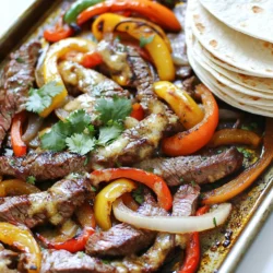 - 1 pound flank steak, sliced into thin strips - 2 bell peppers (any color), sliced - 1 medium onion, sliced - 4 tablespoons unsalted butter - 4 cloves garlic, minced The flank steak is the star here. It is tender and full of flavor. Slice it thinly against the grain for the best texture. Any color bell peppers work well. They add sweetness and color to your dish. The onion adds a nice bite and caramelizes beautifully in the oven. The garlic butter mixture, made with butter and minced garlic, gives these fajitas their rich, savory base. - 2 teaspoons chili powder - 1 teaspoon cumin - 1 teaspoon smoked paprika - 1 lime, juiced - Salt and pepper to taste - Fresh cilantro, chopped (for garnish) Chili powder and cumin bring warmth and depth to your fajitas. Smoked paprika adds a hint of smokiness, enhancing the overall flavor. Fresh lime juice brightens the dish and balances the richness of the butter. Don’t forget to season well with salt and pepper. Finally, a sprinkle of fresh cilantro adds a burst of freshness, tying everything together. First, I preheat the oven to 425°F (220°C). This high heat helps to give a great sear to the steak and veggies. I line a baking sheet with parchment paper for easy cleanup. Next, I melt 4 tablespoons of unsalted butter in a small saucepan over medium heat. Once the butter is melted, I add 4 cloves of minced garlic. I sauté it for about 1 minute until fragrant. Then, I take it off the heat and stir in the lime juice, chili powder, cumin, smoked paprika, salt, and pepper. This garlic butter mix is key to adding bold flavor to the fajitas. Now, I spread the sliced flank steak, bell peppers, and onion on the lined baking sheet. I make sure to arrange them evenly. This helps everything cook at the same rate. Next, I drizzle the garlic butter mixture over the steak and veggies. I toss everything together with my hands until the steak and vegetables are well-coated. This step ensures each bite bursts with flavor. I place the baking sheet in the preheated oven and bake for 15-20 minutes. Halfway through, I stir the mixture to cook evenly. I check for doneness by ensuring the steak is cooked through and the veggies are tender. After baking, I let everything rest for a few minutes. This resting time helps the juices settle in. Now, the fajitas are ready to serve! - Garlic sautéing tips: Always use fresh garlic for the best taste. I recommend mincing it finely. This helps release more flavor. Sauté it in melted butter for just one minute. You want it fragrant but not burnt. If it burns, it turns bitter. - Adjusting spice levels: Start with the base amounts of chili powder, cumin, and smoked paprika. If you prefer more heat, add more chili powder. For a milder taste, cut back on the spices. Always taste as you go. This way, you can find your perfect balance. - Choosing the right cut of steak: Flank steak works great for fajitas. It’s tender and holds flavor well. You can also use skirt steak if you like. Just make sure it’s fresh and high quality for the best results. - Tips for slicing the meat: Slice the steak against the grain. This means cutting it crosswise rather than with the grain. This makes the pieces more tender and easier to chew. Aim for thin strips for better flavor absorption. - Plating suggestions: Use a large platter for serving. Spread the fajitas out in a colorful way. This makes the dish look more inviting. Add some tortillas on the side for easy access. - Garnishing ideas: Fresh cilantro adds a nice touch. Sprinkle it on top before serving. You can also add lime wedges for an extra burst of flavor. These simple touches make your dish pop and taste even better. {{image_2}} For a fun twist, swap the flank steak for chicken. Chicken fajitas are just as tasty. Use sliced chicken breast or thighs. Cook them the same way as the steak. You can also try shrimp for a lighter option. Shrimp cooks fast, so keep an eye on them. If you want a vegetarian version, try using portobello mushrooms or tofu. Both soak up flavor well. You can use the same garlic butter mix. Add more veggies like zucchini or corn for extra color and taste. To boost the flavor, think about adding citrus. A splash of orange juice works wonders. It adds a sweet and tangy note. You can also mix in lime zest for a fresh kick. Experiment with different spices to change the taste. Try adding oregano or coriander for a new depth. Smoked paprika gives a nice smoky flavor. A pinch of cayenne can add heat if you like spice. Serve your fajitas with sides for a complete meal. Rice or beans go well with fajitas. They fill you up and balance the flavors. A fresh salad can add crunch and brightness. Don’t forget the toppings! Sour cream, guacamole, or salsa make great additions. Fresh cilantro or diced tomatoes add color and freshness. Build your own fajita bar for a fun dining experience. To store leftovers, let the fajitas cool first. Place them in an airtight container. You can keep them in the fridge for up to three days. For best results, separate the meat from the veggies. This keeps everything fresh and tasty. When reheating, use a pan over medium heat. Add a splash of water or broth to keep the moisture. Stir gently until heated through. You can also microwave them if you prefer. Just cover the dish to avoid drying out. To freeze fajitas for later, ensure they are completely cool first. Place them in freezer-safe bags, removing as much air as possible. You can freeze them for up to two months. For thawing, move them to the fridge overnight. This allows them to defrost safely. To reheat frozen fajitas, use a pan over medium heat. Add a little olive oil or water to help them warm up evenly. Stir often until heated through. To make steak fajitas tender, you can start with a marinade. A simple mix of lime juice, olive oil, and spices works well. Let the steak sit in this mix for about 30 minutes. The acid in the lime helps break down tough fibers. When cooking, avoid overcooking the steak. Cook until it reaches medium rare for the best texture. Also, let the meat rest after cooking. This helps the juices stay inside, keeping the steak juicy and tender. Yes, you can use different cuts. Skirt steak is a great option. It has a similar flavor and cooks well. Other cuts to consider are sirloin or ribeye. These cuts are also tender and flavorful. If you choose a tougher cut, like chuck, marinating becomes even more important. It helps improve tenderness and flavor. To make this meal prep-friendly, chop your veggies and slice the steak in advance. Store them in airtight containers in the fridge. You can even make the garlic butter mix ahead of time. Just keep it in the fridge until you are ready to cook. When it comes to storing, keep leftovers in a sealed container in the fridge. They should last for 3-4 days. For reheating, warm them in a pan over low heat or in the microwave. This keeps the flavors fresh and tasty. You learned how to make tasty steak fajitas using flank steak, peppers, and some great spices. I shared tips for cooking tender steak and enhancing the flavor with garlic butter. You can also switch up the protein or add citrus for a twist. Remember to store leftovers safely for later. Enjoy your fajitas with fresh cilantro and your favorite sides. With these steps, you’ll impress everyone around the table. Happy cooking!