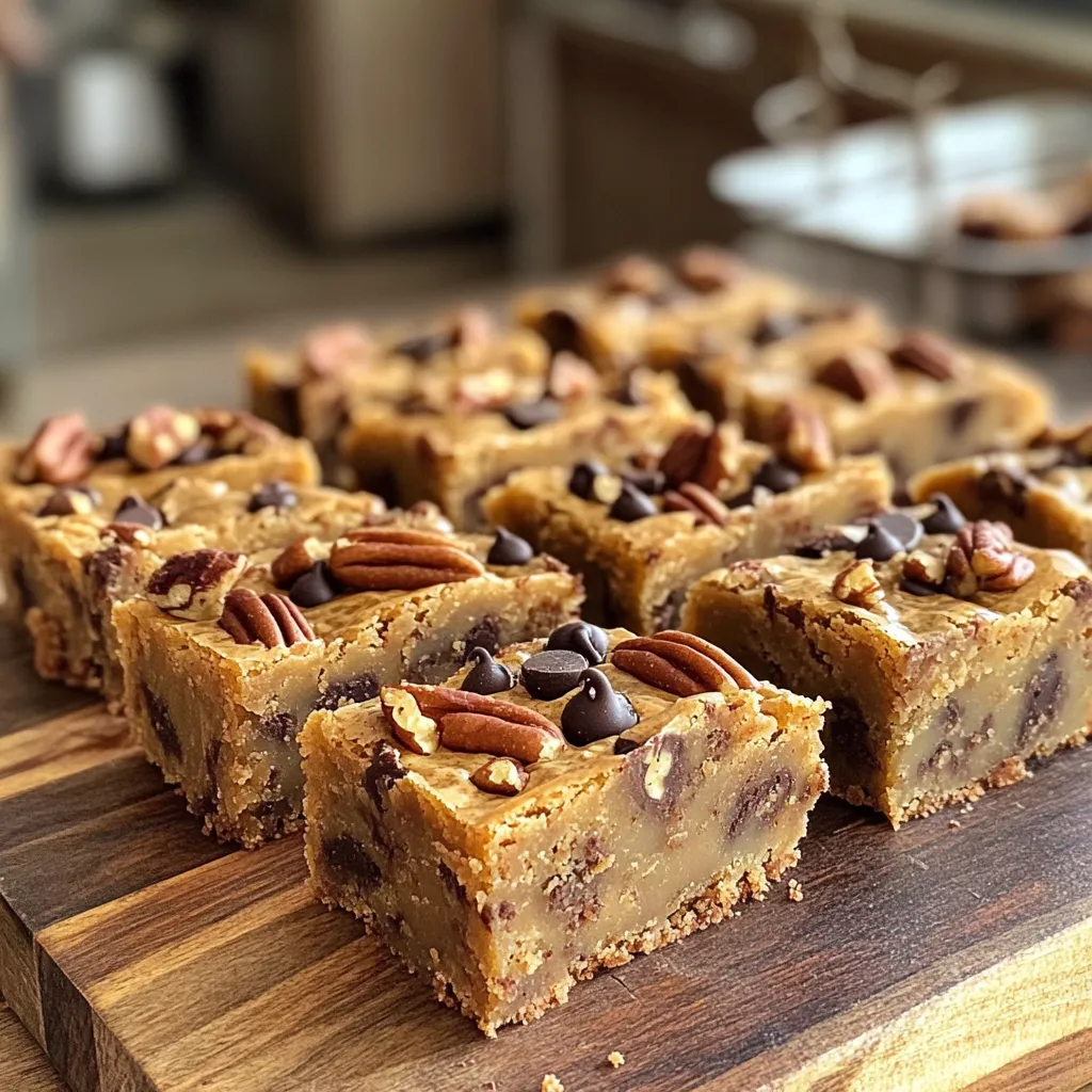 - 1 cup (2 sticks) unsalted butter - 1 cup packed brown sugar - 1/2 cup granulated sugar - 2 large eggs - 2 teaspoons vanilla extract - 2 cups all-purpose flour - 1/2 teaspoon baking powder - 1/2 teaspoon baking soda - 1/2 teaspoon salt - 1 cup chopped pecans - 1/2 cup chocolate chips (optional for added decadence) Using the right measurements is key. For the butter, one cup equals two sticks. Pack the brown sugar tight in the cup for accuracy. The flour should be spooned into the measuring cup, not scooped. This helps avoid too much flour in your batter. Use a kitchen scale for precise weight if you have one. Each ingredient plays a role in making the blondies chewy and delicious. If you don’t have unsalted butter, use salted butter. Just cut back on added salt. For brown sugar, use white sugar mixed with molasses. This gives a similar taste. You can replace eggs with applesauce or flaxseed meal for a vegan version. If you want nuts, almonds or walnuts work well in place of pecans. For a gluten-free option, try gluten-free flour blends. These swaps help you customize the recipe to fit your needs without losing the rich flavor. Start by preheating your oven to 350°F (175°C). This step is key to getting those blondies just right. Next, you need to prepare your baking pan. You can grease a 9x13 inch pan with butter or line it with parchment paper. Lining the pan helps you remove the blondies easily later on. To make brown butter, melt the unsalted butter in a medium saucepan over medium heat. Keep an eye on it and stir often. After about 5 to 7 minutes, the butter will turn a golden brown. It will also have a nutty smell, which means it's ready. Be careful not to burn it! Once it's ready, take it off the heat and let it cool for a few minutes. In a large mixing bowl, combine the brown sugar and granulated sugar with the cooled brown butter. Whisk these together until smooth. Next, add the eggs, one at a time. Mix well after each egg. Stir in the vanilla extract for that extra flavor. In another bowl, whisk together the all-purpose flour, baking powder, baking soda, and salt. Gradually add this dry mix to the wet ingredients. Stir gently until just combined. You want to avoid overmixing. Finally, fold in the chopped pecans. If you want a treat, you can add chocolate chips too. Pour the batter into your prepared pan and spread it evenly. To get that chewy texture, use room-temperature eggs. They mix in better. Make sure to mix the butter and sugars well. This helps create a nice base. When adding flour, mix just until combined. Overmixing can lead to tough blondies. One common mistake is not browning the butter enough. Watch it closely for a nutty scent and golden color. Another pitfall is using too much flour. Always measure flour properly and level it off. Lastly, avoid opening the oven early. This can cause your blondies to sink. Feel free to add your favorite nuts or chocolate. Almonds or walnuts work well too. You can also tweak the vanilla extract with almond extract for a unique twist. For extra flavor, try adding a pinch of cinnamon or nutmeg. Just remember to keep the balance right! {{image_2}} You can change up the nuts in your blondies. Try walnuts, almonds, or hazelnuts. Each nut gives a unique taste and crunch. If you love chocolate, mix in white chocolate or dark chocolate chips. The added flavor makes each bite special and fun. For a gluten-free treat, swap all-purpose flour with almond flour or a gluten-free blend. This keeps the blondies chewy and tasty. To make them vegan, use flax eggs instead of regular eggs. Mix one tablespoon of ground flaxseed with three tablespoons of water. Let it sit until it thickens. Use vegan butter to replace regular butter for a delicious vegan delight. Spices can add depth to your blondies. A pinch of cinnamon or nutmeg gives warmth and richness. You can also add a splash of almond extract for a nutty twist. These small changes can turn a simple treat into something exciting and flavorful. Don’t be afraid to experiment! To keep your blondies fresh, store them in an airtight container. You can layer them with parchment paper to prevent sticking. This will help maintain their chewy texture. Keep the container at room temperature for the best taste. If your kitchen is warm, refrigerate them to prevent spoilage. If you want to save some blondies for later, freezing works great. First, let them cool completely. Then, cut them into squares. Wrap each square in plastic wrap and place them in a freezer bag. Label the bag with the date. You can freeze them for up to three months. When you're ready to eat, let them thaw at room temperature. When stored properly, blondies last about a week at room temperature. If you keep them in the fridge, they can last up to two weeks. Freezing can extend their life up to three months. Always check for signs of spoilage before eating. If they smell off or have a change in texture, it's best to toss them. Enjoy your chewy delight! Blondies and brownies are both baked treats, but they have key differences. Brownies use cocoa powder for a rich chocolate flavor. Blondies do not have cocoa, which gives them a sweet, buttery taste. Blondies are often lighter in color. The texture can be similar, but blondies are chewier and softer. Yes, you can make blondies without eggs. You can use substitutes like unsweetened applesauce or mashed banana. Each egg can be replaced with 1/4 cup of applesauce or 1/2 of a mashed banana. This will help bind the ingredients together. The texture may change slightly, but they will still taste great. To check if your blondies are done, insert a toothpick into the center. If it comes out with a few crumbs attached, they are ready. If the toothpick has wet batter, bake them a little longer. Keep an eye on the edges; they should look slightly golden. In this blog post, I covered how to make delicious blondies. You learned about the key ingredients and measured details. I shared tips to make the perfect texture and avoid common mistakes. We explored variations, including gluten-free and vegan options. I also detailed how to store blondies and their shelf life. Remember, baking is fun! Use these tips and tricks to create your own unique treats. Enjoy your baking journey, and let your creativity shine in every batch you make.