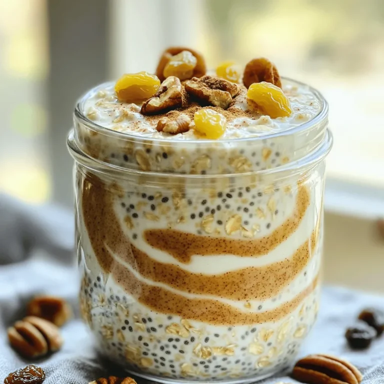 To make cinnamon roll overnight oats, gather these items: - 1 cup rolled oats - 1 cup almond milk (or any non-dairy milk) - 1 tablespoon chia seeds - 1 tablespoon maple syrup - 1 teaspoon vanilla extract - 1 teaspoon ground cinnamon - 1/4 cup Greek yogurt (or non-dairy yogurt) - 2 tablespoons raisins or chopped pecans (optional) - Extra cinnamon and maple syrup for topping Each ingredient adds something special. Here’s a quick look: - Rolled oats provide fiber and energy. - Almond milk is low in calories and lactose-free. - Chia seeds add omega-3 fats and protein. - Maple syrup gives natural sweetness. - Vanilla extract enhances flavor. - Ground cinnamon offers antioxidants and warmth. - Greek yogurt adds protein and creaminess. - Raisins or pecans contribute extra nutrients and texture. This mix not only tastes great but also fuels your day. If you need alternatives, consider these options: - Swap rolled oats for quick oats, but they may soften faster. - Use coconut milk or soy milk instead of almond milk for a different flavor. - Flax seeds can replace chia seeds for similar health benefits. - Honey or agave syrup can stand in for maple syrup. - If you want less dairy, go with coconut yogurt instead of Greek yogurt. - For crunch, try walnuts or sunflower seeds instead of pecans. These swaps let you cater to your taste and dietary needs. Start with a medium bowl. Add 1 cup of rolled oats. Pour in 1 cup of almond milk. You can use any non-dairy milk you like. Next, add 1 tablespoon of chia seeds. This helps thicken the oats. Then, mix in 1 tablespoon of maple syrup for sweetness. Add 1 teaspoon of vanilla extract and 1 teaspoon of ground cinnamon. Stir well until everything blends together. This base is the heart of your cinnamon roll overnight oats. Now, it’s time to add some creaminess. Take 1/4 cup of Greek yogurt and add it to the bowl. If you prefer a non-dairy option, use non-dairy yogurt instead. Mix the yogurt in until you achieve a smooth and creamy texture. This step gives your oats a lovely tang. It also boosts the protein content, making your breakfast more filling. Once your mixture is smooth, it’s time to portion it out. Divide the mixture into two airtight containers or jars. Make sure to seal them tightly. This keeps your oats fresh while they soak. Place the jars in the fridge. Let the oats soak overnight, or for at least 4 hours. This helps the oats and chia seeds absorb the liquid and soften perfectly. In the morning, give the oats a good stir. You can add a splash more almond milk if you like a thinner mix. Enjoy your delicious cinnamon roll overnight oats topped with extra cinnamon and a drizzle of maple syrup! To get the right texture, use rolled oats. They soak well and stay chewy. When mixing, ensure you combine the oats and almond milk well. Let the mix sit for a few minutes before sealing it up. This helps the oats absorb the liquid. If you like it thicker, add a little more yogurt. If you prefer it thinner, add extra almond milk before serving. To boost flavor, use fresh spices. Fresh ground cinnamon makes a big difference. Also, try different liquids. Almond milk is great, but coconut milk adds a nice twist. You can mix in a bit of nutmeg or ginger for extra warmth. Adding vanilla extract brightens the taste too. Don't forget to taste the mix before chilling. Adjust sweetness with more maple syrup if you need it. Presentation adds fun to your meal. Serve the oats in clear jars to show off the layers. Top with a sprinkle of cinnamon and a drizzle of maple syrup. You can also add fresh fruit, like sliced bananas or berries, for color. Try adding nuts or coconut flakes for a crunchy touch. Serve with a spoon and enjoy your tasty treat! {{image_2}} You can make your cinnamon roll overnight oats even better by adding fun toppings. Try fresh fruit like bananas or berries for sweetness. Nuts like walnuts or almonds add a nice crunch. You can also drizzle more maple syrup or honey on top for extra flavor. Don’t forget a sprinkle of extra cinnamon for that cozy touch. Each time you make it, you can create a new experience! If you want a non-dairy option, use almond milk or coconut milk. They work great and taste amazing. You can also swap Greek yogurt for non-dairy yogurt if needed. For extra flavor, mix in nutmeg or pumpkin spice. This gives your oats a unique twist. Try adding a spoonful of peanut butter or almond butter for richness. Seasons bring new tastes! In fall, add pumpkin puree and a dash of nutmeg. This makes a warm, cozy dish. In winter, try chopped dates or dried cranberries for a festive look. In spring, use fresh strawberries or mango for a bright, fruity vibe. Summer calls for peaches or cherries for a refreshing treat. Each season brings new fun to your breakfast! To store your cinnamon roll overnight oats, use airtight containers. Divide the oats into two jars. Make sure to seal them tightly. This keeps your oats fresh and tasty. Store them in the fridge. They are ready to eat in the morning. Your overnight oats will stay good for up to five days in the fridge. To keep them fresh, avoid adding toppings until you are ready to eat. This helps prevent sogginess. If you notice any off smells or changes in texture, it’s best to throw them out. You can enjoy overnight oats cold, straight from the fridge. If you prefer them warm, simply microwave them. Heat for about 30 to 60 seconds. Stir and check the temperature before eating. You can add a splash of almond milk if they seem too thick after heating. Yes, you can easily make cinnamon roll overnight oats vegan. Use almond milk or any plant-based milk. For yogurt, choose a non-dairy yogurt. Maple syrup is already vegan, so you are all set! You can keep overnight oats in the fridge for up to five days. Just make sure they stay in an airtight container. This makes them a great meal prep option! You can use quick oats, but the texture will be different. Quick oats absorb liquid faster, making them softer. If you prefer a chewier bite, stick to rolled oats. To boost protein, add more Greek yogurt or a scoop of protein powder. You can also mix in nut butter like almond or peanut butter. Chia seeds add protein too, and they’re already in the recipe! This blog post covered every step to make delicious overnight oats. We explored ingredients, nutrition, and substitutes. You learned how to mix and store them for the best results. We shared tips for perfect consistency and flavor. You can also customize your oats with various toppings and flavors. In closing, overnight oats offer endless possibilities. Enjoy making this simple dish your own! With the right methods, you'll love how easy and tasty they can be. Experiment and find your favorite mix today!