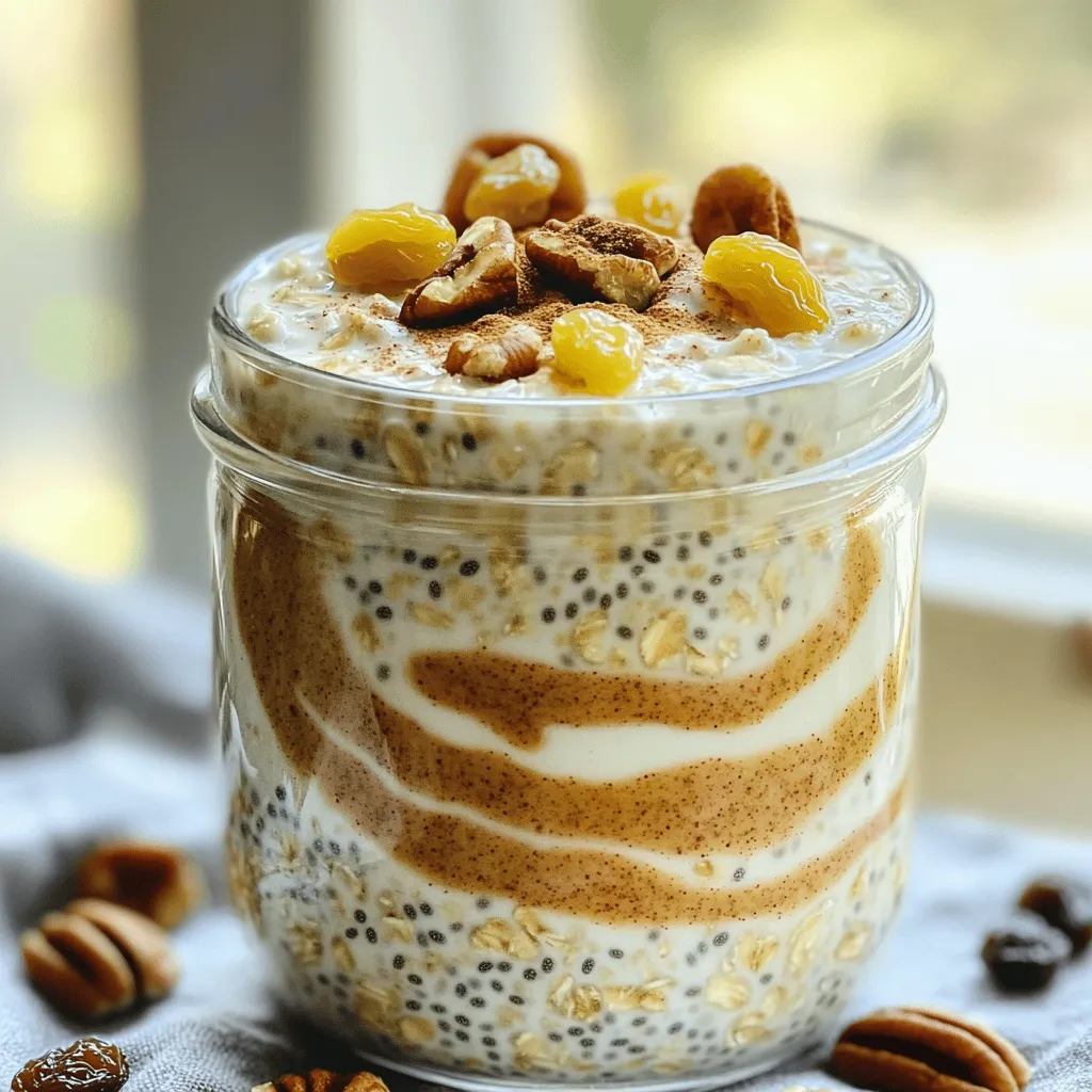 To make cinnamon roll overnight oats, gather these items: - 1 cup rolled oats - 1 cup almond milk (or any non-dairy milk) - 1 tablespoon chia seeds - 1 tablespoon maple syrup - 1 teaspoon vanilla extract - 1 teaspoon ground cinnamon - 1/4 cup Greek yogurt (or non-dairy yogurt) - 2 tablespoons raisins or chopped pecans (optional) - Extra cinnamon and maple syrup for topping Each ingredient adds something special. Here’s a quick look: - Rolled oats provide fiber and energy. - Almond milk is low in calories and lactose-free. - Chia seeds add omega-3 fats and protein. - Maple syrup gives natural sweetness. - Vanilla extract enhances flavor. - Ground cinnamon offers antioxidants and warmth. - Greek yogurt adds protein and creaminess. - Raisins or pecans contribute extra nutrients and texture. This mix not only tastes great but also fuels your day. If you need alternatives, consider these options: - Swap rolled oats for quick oats, but they may soften faster. - Use coconut milk or soy milk instead of almond milk for a different flavor. - Flax seeds can replace chia seeds for similar health benefits. - Honey or agave syrup can stand in for maple syrup. - If you want less dairy, go with coconut yogurt instead of Greek yogurt. - For crunch, try walnuts or sunflower seeds instead of pecans. These swaps let you cater to your taste and dietary needs. Start with a medium bowl. Add 1 cup of rolled oats. Pour in 1 cup of almond milk. You can use any non-dairy milk you like. Next, add 1 tablespoon of chia seeds. This helps thicken the oats. Then, mix in 1 tablespoon of maple syrup for sweetness. Add 1 teaspoon of vanilla extract and 1 teaspoon of ground cinnamon. Stir well until everything blends together. This base is the heart of your cinnamon roll overnight oats. Now, it’s time to add some creaminess. Take 1/4 cup of Greek yogurt and add it to the bowl. If you prefer a non-dairy option, use non-dairy yogurt instead. Mix the yogurt in until you achieve a smooth and creamy texture. This step gives your oats a lovely tang. It also boosts the protein content, making your breakfast more filling. Once your mixture is smooth, it’s time to portion it out. Divide the mixture into two airtight containers or jars. Make sure to seal them tightly. This keeps your oats fresh while they soak. Place the jars in the fridge. Let the oats soak overnight, or for at least 4 hours. This helps the oats and chia seeds absorb the liquid and soften perfectly. In the morning, give the oats a good stir. You can add a splash more almond milk if you like a thinner mix. Enjoy your delicious cinnamon roll overnight oats topped with extra cinnamon and a drizzle of maple syrup! To get the right texture, use rolled oats. They soak well and stay chewy. When mixing, ensure you combine the oats and almond milk well. Let the mix sit for a few minutes before sealing it up. This helps the oats absorb the liquid. If you like it thicker, add a little more yogurt. If you prefer it thinner, add extra almond milk before serving. To boost flavor, use fresh spices. Fresh ground cinnamon makes a big difference. Also, try different liquids. Almond milk is great, but coconut milk adds a nice twist. You can mix in a bit of nutmeg or ginger for extra warmth. Adding vanilla extract brightens the taste too. Don't forget to taste the mix before chilling. Adjust sweetness with more maple syrup if you need it. Presentation adds fun to your meal. Serve the oats in clear jars to show off the layers. Top with a sprinkle of cinnamon and a drizzle of maple syrup. You can also add fresh fruit, like sliced bananas or berries, for color. Try adding nuts or coconut flakes for a crunchy touch. Serve with a spoon and enjoy your tasty treat! {{image_2}} You can make your cinnamon roll overnight oats even better by adding fun toppings. Try fresh fruit like bananas or berries for sweetness. Nuts like walnuts or almonds add a nice crunch. You can also drizzle more maple syrup or honey on top for extra flavor. Don’t forget a sprinkle of extra cinnamon for that cozy touch. Each time you make it, you can create a new experience! If you want a non-dairy option, use almond milk or coconut milk. They work great and taste amazing. You can also swap Greek yogurt for non-dairy yogurt if needed. For extra flavor, mix in nutmeg or pumpkin spice. This gives your oats a unique twist. Try adding a spoonful of peanut butter or almond butter for richness. Seasons bring new tastes! In fall, add pumpkin puree and a dash of nutmeg. This makes a warm, cozy dish. In winter, try chopped dates or dried cranberries for a festive look. In spring, use fresh strawberries or mango for a bright, fruity vibe. Summer calls for peaches or cherries for a refreshing treat. Each season brings new fun to your breakfast! To store your cinnamon roll overnight oats, use airtight containers. Divide the oats into two jars. Make sure to seal them tightly. This keeps your oats fresh and tasty. Store them in the fridge. They are ready to eat in the morning. Your overnight oats will stay good for up to five days in the fridge. To keep them fresh, avoid adding toppings until you are ready to eat. This helps prevent sogginess. If you notice any off smells or changes in texture, it’s best to throw them out. You can enjoy overnight oats cold, straight from the fridge. If you prefer them warm, simply microwave them. Heat for about 30 to 60 seconds. Stir and check the temperature before eating. You can add a splash of almond milk if they seem too thick after heating. Yes, you can easily make cinnamon roll overnight oats vegan. Use almond milk or any plant-based milk. For yogurt, choose a non-dairy yogurt. Maple syrup is already vegan, so you are all set! You can keep overnight oats in the fridge for up to five days. Just make sure they stay in an airtight container. This makes them a great meal prep option! You can use quick oats, but the texture will be different. Quick oats absorb liquid faster, making them softer. If you prefer a chewier bite, stick to rolled oats. To boost protein, add more Greek yogurt or a scoop of protein powder. You can also mix in nut butter like almond or peanut butter. Chia seeds add protein too, and they’re already in the recipe! This blog post covered every step to make delicious overnight oats. We explored ingredients, nutrition, and substitutes. You learned how to mix and store them for the best results. We shared tips for perfect consistency and flavor. You can also customize your oats with various toppings and flavors. In closing, overnight oats offer endless possibilities. Enjoy making this simple dish your own! With the right methods, you'll love how easy and tasty they can be. Experiment and find your favorite mix today!