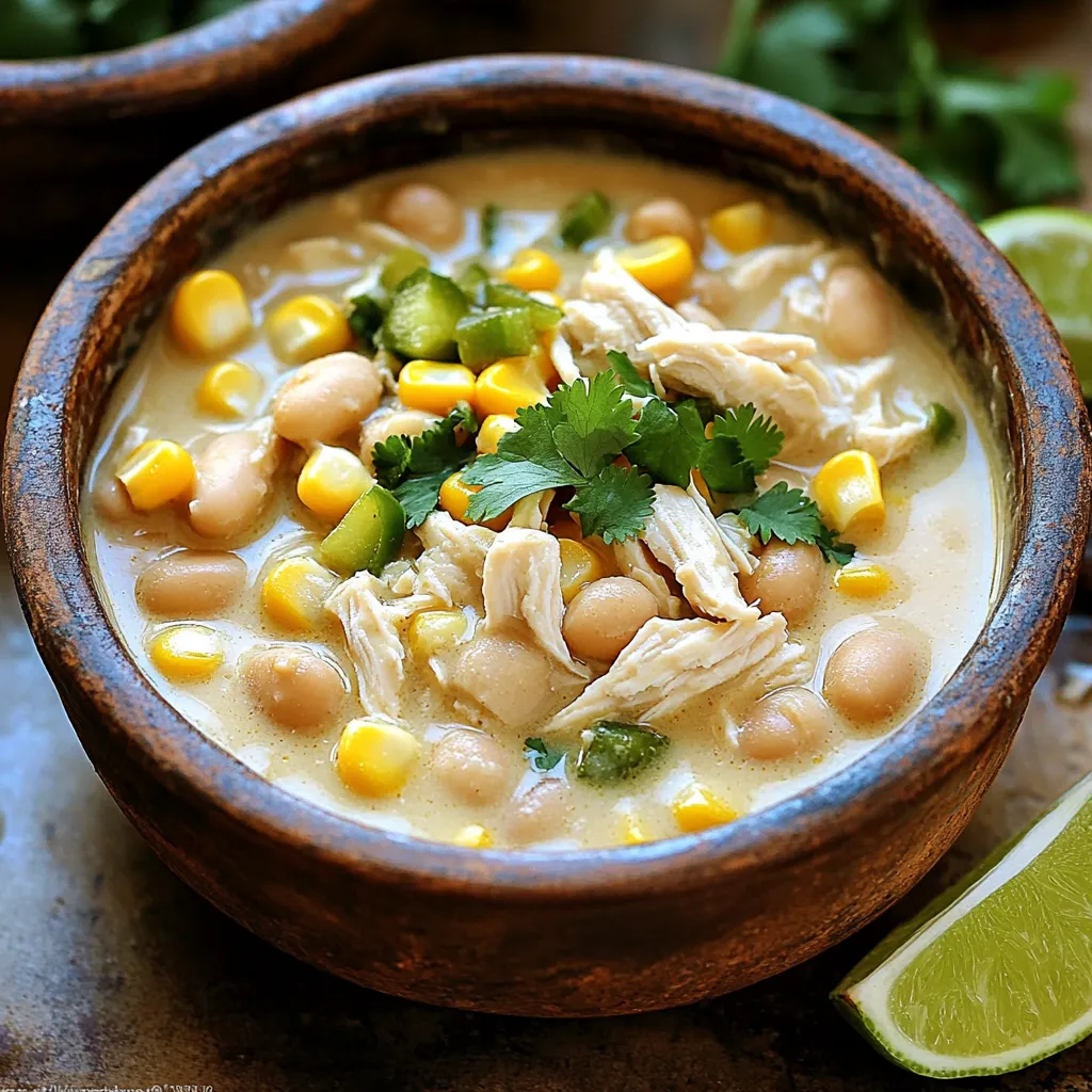 - 2 boneless, skinless chicken breasts - 1 can (15 oz) white beans (cannellini or great northern) - 1 can (4 oz) diced green chilies - 1 cup corn (frozen or canned) - 1 medium onion, diced - 3 cloves garlic, minced - 2 cups chicken broth - 1 cup heavy cream or coconut milk - Ground spices and seasoning (cumin, chili powder, salt, pepper) - Fresh toppings (cilantro, lime wedges) The choice of your main ingredients is key to great chili. Chicken breasts give a nice, tender texture. White beans add creaminess and taste. Green chilies give a mild spice that lifts the flavor. For the extra ingredients, corn adds sweetness. Diced onion and minced garlic give a strong base. The chicken broth ties it all together, adding depth. For creaminess, use heavy cream or coconut milk. Don’t forget the spices! Cumin and chili powder enhance the dish. Salt and pepper can help balance flavors. Fresh cilantro and lime are perfect to top your chili. They add brightness and freshness to each bowl. Gather these ingredients, and you are ready to create a bowl of comfort! - Prep the Chicken and Seasoning: Start by placing the two chicken breasts at the bottom of your slow cooker. Sprinkle them with salt, pepper, ground cumin, and chili powder. This step adds great flavor right from the start. - Add the Vegetables and Beans: Now, layer the diced onion, minced garlic, diced green chilies, corn, and white beans over the seasoned chicken. This mix of veggies gives the chili its heartiness and color. - Pour in the Chicken Broth: Gently pour the chicken broth over the ingredients. Make sure everything is mostly submerged. This broth builds the base for a rich and creamy chili. - Cooking Time Guidelines: Cover your slow cooker. Cook on low for about six hours or on high for three hours. The chicken should be very tender and easy to shred. - Shred the Chicken Post-Cooking: Once cooked, take the chicken breasts out. Use two forks to shred the chicken into bite-sized pieces. Then, return the shredded chicken to the slow cooker. This step makes the chili easy to eat. - Incorporate the Creaminess: Now it’s time to stir in the heavy cream or coconut milk. Mix it well to make the chili creamy. Taste it and adjust with more salt or pepper if needed. - Serve and Garnish: Ladle the chili into bowls. Garnish each bowl with fresh cilantro. Serve with lime wedges on the side. The lime adds a nice zesty kick! Balancing Spices To get the right taste, you need to balance the spices. I like to start with one teaspoon of cumin and chili powder. You can adjust to your taste as you cook. If you want more heat, add a pinch of cayenne pepper. Always taste before serving! Achieving the Right Creaminess For a creamy texture, heavy cream works well. If you prefer a lighter option, try coconut milk. Stir it in slowly after shredding the chicken. This helps the cream mix in evenly, giving you that rich, smooth feel. Choosing the Right Setting Using a slow cooker is great for this chili. You can choose low or high heat. Cooking on low for six hours gives a deep flavor. If you're short on time, high for three hours works, too. Just ensure the chicken is tender before shredding. Cooking Time Variability Cooking times can vary based on your slow cooker. Always check the chicken. It should shred easily with a fork. If it’s still tough, cook it longer. Adjust the time based on your model’s heat level. Garnishing Ideas Garnish makes a big difference! Fresh cilantro adds color and flavor. You can also add diced avocado or sour cream for a creamy touch. A sprinkle of cheese can add richness, too. Serving Suggestions Ladle the chili into bowls while hot. Serve with lime wedges on the side. Squeezing lime over the chili adds a fresh zing. You can pair it with tortilla chips for a fun crunch. {{image_2}} You can easily change the main protein in this dish. Instead of chicken, try turkey or beef. If you want a plant-based option, use tofu. Each choice adds its own taste. You can also switch the heavy cream. Use coconut milk for a dairy-free twist. This keeps the chili creamy without dairy. Want to boost the flavor? Add more veggies! Bell peppers, zucchini, or carrots work well. They add color and nutrients. For a spicy kick, toss in jalapeños or a few drops of hot sauce. This will make the chili pop with heat and flavor. This chili is more than just a bowl meal. Use it as a taco filling. Just scoop some chili into a taco shell and add toppings. You can also serve it over rice for a burrito bowl. Top with cheese, sour cream, or salsa for extra taste. These ideas make the dish fun and versatile! To store your leftover chili, let it cool first. Use an airtight container. This keeps it fresh and tasty. You can store it in the fridge for up to three days. When you want to reheat, scoop the chili into a pot. Heat it on low. Stir often to avoid burning. You can also use a microwave. Put it in a microwave-safe bowl. Heat in short bursts, stirring in between. This keeps the chili creamy. If you want to freeze the chili, let it cool down first. Use a freezer-safe container. Leave some space at the top. The chili will expand as it freezes. You can freeze it for up to three months. To thaw, move it to the fridge a day before. This gives it time to soften. You can also use cold water. Seal it in a bag and submerge it in water. This method is faster. How long does it last? In the fridge, it lasts for about three days. In the freezer, it can last for three months. For best taste, eat it within these time frames. If the chili looks or smells off, it’s best to toss it. Always trust your senses when it comes to food safety. You can add heat to your chili in a few ways. Spices like cayenne pepper or crushed red pepper flakes work great. Adding fresh peppers can also give it more kick. Try jalapeños or serranos for a nice, spicy touch. Just be careful! Start with a little, then taste as you go. You can always add more spice, but it's hard to take it out once it's in. Yes, you can use frozen chicken for this recipe. It will cook well in the slow cooker. Just make sure to add a bit of extra cooking time. If you use thawed chicken, the chili will cook faster. Both options will yield tender and juicy chicken. Just remember to check that the chicken reaches a safe temperature of 165°F when done. Absolutely! This chili is great for meal prep. You can make it a day or two ahead of time. Just store it in the fridge after it cools. When ready to eat, reheat it on the stove or in the microwave. You can also freeze it for later. Just make sure to cool it down first before freezing. This way, you have a tasty meal ready when you need it! To wrap up, we explored a tasty chili using chicken, beans, and spices. You learned the best steps for prep and cooking. I shared tips for flavor and presentation. You can also swap ingredients for fun variations. Proper storage helps keep leftovers fresh. This recipe is easy and perfect for meal prep. Try it out, and enjoy a delicious dish any day.
