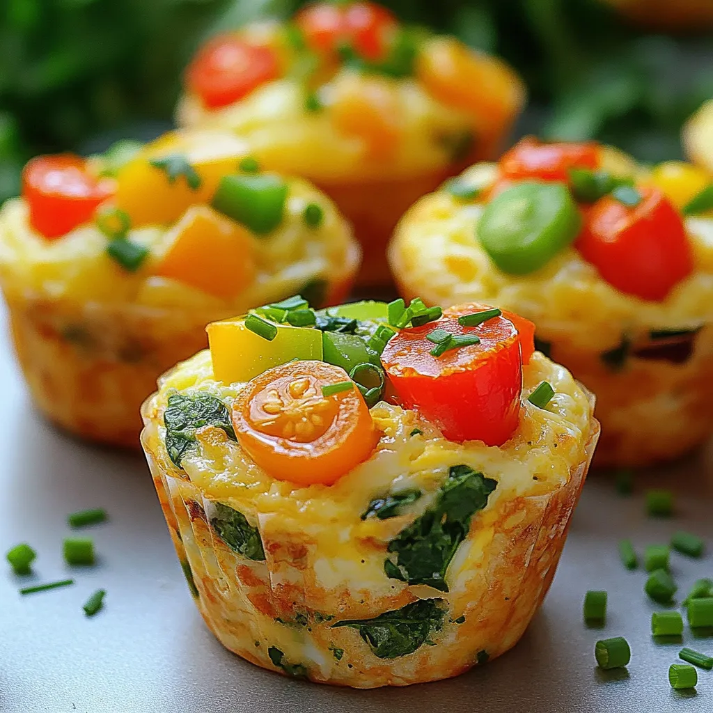 To make high-protein egg white muffins, you will need: - 6 large egg whites - 1 cup spinach, chopped - 1/2 cup bell peppers, diced (any color) - 1/2 cup cherry tomatoes, halved - 1/4 cup red onion, finely chopped - 1/2 cup low-fat cottage cheese - 1/2 teaspoon garlic powder - 1/2 teaspoon onion powder - Salt and pepper to taste - Fresh herbs (e.g., parsley or chives) for garnish These muffins pack a punch of nutrition. Egg whites are low in calories and high in protein. They help build muscle and keep you feeling full. Spinach adds vitamins A and C, along with iron, which is great for energy. Bell peppers give a boost of vitamin C and fiber. Cherry tomatoes add antioxidants and a sweet taste. Low-fat cottage cheese is rich in protein and calcium, supporting bone health. Garlic powder and onion powder bring flavor without extra calories. You can easily adjust this recipe for different diets. For a dairy-free option, swap cottage cheese with silken tofu or a dairy-free cheese. If you need it vegan, use a plant-based egg substitute and skip the cheese. For gluten-free needs, this recipe is already gluten-free. Feel free to mix in your favorite veggies based on what you have at home. Just keep the overall volume the same to ensure they bake well. To start, preheat your oven to 350°F (175°C). This step is key for even cooking. Next, lightly grease a muffin tin with cooking spray or olive oil. This helps the muffins release easily. In a large bowl, combine 6 large egg whites and 1/2 cup of low-fat cottage cheese. Whisk the two together until the mixture is smooth. This adds protein and creaminess to your muffins. Now, it’s time to add some color and nutrients. Chop 1 cup of spinach and dice 1/2 cup of bell peppers. You can use any color of bell pepper you like. Halve 1/2 cup of cherry tomatoes and finely chop 1/4 cup of red onion. Mix all these veggies into your egg mixture. Stir well to combine. This step ensures every bite is full of flavor. Season the mixture with 1/2 teaspoon of garlic powder, 1/2 teaspoon of onion powder, and add salt and pepper to taste. Pour the mixture evenly into the prepared muffin tin. Fill each cup about 3/4 full to allow space for rising. Bake in your preheated oven for 15-20 minutes. Keep an eye on them. You want the muffins to be set and lightly golden on top. When done, remove the muffin tin from the oven. Let it cool for a few minutes. To release the muffins, gently run a knife around the edges. This helps them pop out without breaking. For even baking, make sure the oven is fully preheated. Place the muffin tin in the center of the oven. This helps with air circulation around the muffins. If you have a convection oven, use it! The fan helps bake the muffins more evenly. Rotate the muffin tin halfway through baking for the best results. Lastly, avoid opening the oven door too often. This can cause the muffins to sink. Follow these tips, and you’ll bake delicious, high-protein egg white muffins every time! Each muffin has about 6 grams of protein. This comes mostly from egg whites and cottage cheese. These ingredients help build and repair muscles. If you eat two muffins, that gives you 12 grams of protein. This is great for breakfast or a snack. One muffin has around 60 calories. This is low for a filling snack. Most of the calories come from egg whites and cottage cheese. The vegetables add very few calories while giving you fiber and nutrients. This makes these muffins a healthy choice. Egg whites are low in calories and high in protein. They have no fat and no cholesterol. This makes them great for heart health. They also contain many vitamins and minerals. These include riboflavin and selenium, which help keep your body healthy. Eating egg whites can help you feel full longer, which is perfect for weight management. {{image_2}} To get a light and fluffy texture in your egg white muffins, start by whisking the egg whites and cottage cheese until smooth. The cottage cheese adds creaminess and protein. Avoid overmixing once you add the veggies. Gently fold them in to keep the muffins airy. Baking them until they are just set will give you that perfect bite. Use a non-stick muffin tin for easy removal. A silicone muffin pan can also work well. Both options help prevent sticking. A whisk is key for mixing your ingredients. I also recommend a spatula to fold in your veggies. Finally, an oven thermometer ensures your oven is at the right temperature for even baking. These muffins are great for meal prep! You can make a big batch on the weekend. Store them in the fridge for up to five days. For longer storage, freeze them in an airtight container. You can grab one in the morning for a quick breakfast. They’re also perfect for a snack or post-workout meal. You can easily change the flavors of your egg white muffins. For a spicy kick, add diced jalapeños or a dash of hot sauce. Want something sweet? Mix in some chopped apples and a pinch of cinnamon. You can also use different veggies. Try zucchini, mushrooms, or kale for a fresh twist. For extra protein, swap in Greek yogurt for the cottage cheese. The flavor possibilities are endless! To make these muffins vegetarian, simply keep the egg whites and cottage cheese. For a vegan version, replace the egg whites with silken tofu blended until smooth. You can also use unsweetened plant-based yogurt instead of cottage cheese. Add nutritional yeast for a cheesy flavor without dairy. This keeps the dish rich in nutrients while being plant-based. These muffins are already gluten-free if you use the right ingredients. Check that your cottage cheese is gluten-free. If you prefer a different base, try using chickpea flour. Mix it with water to create a thick batter. This can add a unique flavor and extra fiber. Always check labels to ensure all ingredients are safe for gluten-free diets. To keep your high-protein egg white muffins fresh, place them in an airtight container. You can store them in the fridge for up to five days. If you want to keep them longer, freezing is a great option. Just make sure they cool completely before packing them away. When you're ready to enjoy a muffin, you can reheat it easily. Use the microwave for about 30 seconds to 1 minute. If you prefer, you can warm them in the oven at 350°F (175°C) for about 10 minutes. This helps them regain their nice texture. - What is the shelf life of these muffins? These muffins last about five days in the fridge. If frozen, they can last for three months. Just make sure to wrap them well. - Can I freeze high-protein egg white muffins? Yes, you can freeze them! Just put them in a freezer-safe bag or container. This keeps them fresh and ready for later. - How can I make these muffins dairy-free? To make these muffins dairy-free, swap the cottage cheese with a dairy-free alternative. You can use silken tofu or a non-dairy yogurt. Both options work well and keep the muffins moist. This post covered everything about high-protein egg white muffins. I shared key ingredients, their benefits, and substitutions. You learned steps for preparation and baking, with tips for even results. Understand the nutritional info, focusing on protein and calories. I also gave ideas for variations, storage tips, and FAQs. Now, you have the tools to make tasty, nutritious muffins that fit your needs. Enjoy these healthy bites as part of your meals!