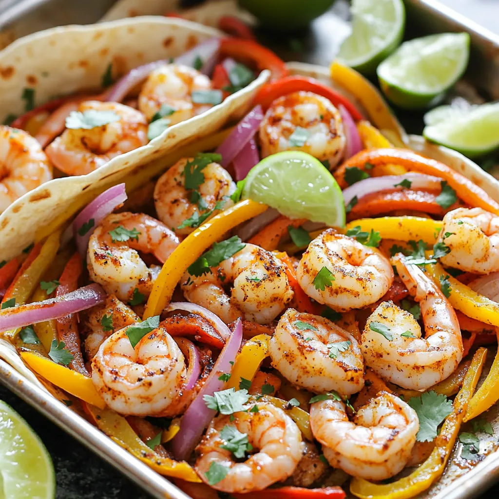 - 1 pound large shrimp, peeled and deveined - 2 bell peppers (red and yellow), sliced - 1 red onion, thinly sliced - 3 tablespoons olive oil - 2 tablespoons chipotle powder - 2 teaspoons smoked paprika - 1 teaspoon garlic powder - 1 teaspoon cumin - Zest and juice of 2 limes - Salt and pepper, to taste - 8 small flour tortillas - Fresh cilantro, chopped (for garnish) - Lime wedges, for serving Using these ingredients, you set the stage for a flavorful meal. The large shrimp add a sweet taste, while the colorful bell peppers and red onion bring crunch and freshness. The seasoning mix is key to that bold chipotle flavor. The lime juice brightens everything, making each bite zesty and fun. For serving, warm tortillas hold all the delicious filling. Fresh cilantro adds a pop of color and taste. Lime wedges on the side give that extra zing. Each ingredient works together to create a dish that is not just tasty but also vibrant and inviting. - Preheat the oven to 400°F (200°C). - In a large bowl, combine 1 pound of large shrimp, 2 sliced bell peppers, and 1 thinly sliced red onion. This mix gives a colorful start to your dish. - In a small bowl, whisk together 3 tablespoons of olive oil, 2 tablespoons of chipotle powder, 2 teaspoons of smoked paprika, 1 teaspoon of garlic powder, 1 teaspoon of cumin, the zest and juice of 2 limes, and a pinch of salt and pepper. This blend makes your shrimp and veggies pop with flavor. - Pour the seasoning mixture over the shrimp and vegetables, tossing well to coat everything evenly. This step ensures that each bite is packed with taste. - Spread the shrimp and vegetable mixture on a baking sheet in a single layer. This helps everything cook evenly and brown nicely. - Bake for 15 minutes. You’ll know it’s done when the shrimp turn pink and the vegetables become tender. - While your fajitas bake, warm 8 small flour tortillas in a dry skillet over medium heat for about 30 seconds on each side. This step makes the tortillas soft and easy to fold, perfect for holding your delicious fillings. - Ensure shrimp are fully peeled and deveined for best texture. This makes them tender and easy to eat. - Use fresh ingredients for enhanced flavor. Fresh bell peppers and onions bring a crispness that dried ones can't match. - Pair with avocado slices or sour cream for creaminess. This adds a nice balance to the spicy shrimp. - Consider adding cheese or hot sauce for extra flavor. A sprinkle of cheese can make your fajitas even richer. - Prep ingredients in advance for a quick weeknight meal. You can slice peppers and onions ahead of time. - Use a non-stick baking sheet to avoid sticking. This makes cleanup easy and helps everything cook evenly. {{image_2}} You can easily switch the shrimp for chicken or tofu. Both options work well and add different flavors. If you want to make the dish more colorful, try using different colored bell peppers. Green, orange, or even purple peppers can brighten up your plate. If you love spice, add more chipotle powder to the mix. It gives the dish a nice kick! You can also try different citrus juices like lemon or orange. Each juice brings a unique taste that can change the whole dish. For a healthier twist, use whole wheat or corn tortillas instead of flour. This small change boosts nutrition. You can also increase the vegetable portion. Adding more veggies lowers the calorie count and makes the dish more filling. After you enjoy your meal, store leftovers in an airtight container. This keeps them fresh. For the best taste, eat them within three days. The flavors will stay bright, and the shrimp will remain tender. If you want to save some for later, freeze the cooked fajitas in portions. This makes it easy to heat up quick meals. When you're ready to eat, reheat them in the oven or microwave. Both methods work, but the oven keeps them crispy. When reheating, I suggest using the oven instead of the microwave. This keeps the shrimp and veggies from getting soggy. To prevent drying out, add a splash of water before warming. This little trick helps keep your fajitas juicy and delicious. Yes, you can prep ingredients and store in the fridge before baking. This makes it easy to whip up a quick dinner. Just chop the veggies and clean the shrimp. Mix the seasoning and keep it in a small bowl. When you're ready, toss everything together and bake. Smoked paprika or cayenne pepper can serve as substitutes. Both give a nice flavor kick. If you want a milder taste, smoked paprika works well. For a spicier option, go with cayenne pepper. Just adjust the amount based on your heat preference. Use gluten-free tortillas to make the meal gluten-free. Many brands offer tasty options. Just check the label to be sure. You can enjoy these fajitas without worry if you stick to gluten-free tortillas. This recipe for sheet-pan shrimp fajitas combines fresh flavors and easy steps. You learned about the essential ingredients, like shrimp and bell peppers, and how to mix them with spices. Baking creates a quick meal that bursts with taste. Remember to store leftovers correctly for later enjoyment. You can also switch up proteins or add more veggies to suit your taste. This dish is not only fun to make but also great for any night. Enjoy your cooking adventure and explore personal twists on this recipe!