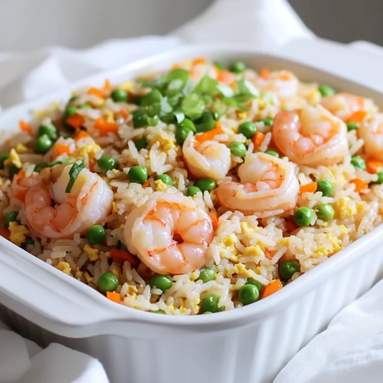 - 1 cup uncooked jasmine rice (or any preferred rice) - 1 lb shrimp, peeled and deveined - 4 tablespoons unsalted butter - 4 cloves garlic, minced - 1 small onion, finely chopped - 1 cup frozen peas and carrots mix - 2 tablespoons low sodium soy sauce - 1 tablespoon sesame oil - Salt and pepper to taste - Optional: 1 teaspoon red pepper flakes - Medium saucepan - Large skillet or wok - Measuring cups and spoons - Fork for fluffing rice Gather these ingredients before starting. The shrimp adds protein and flavor. Jasmine rice makes the dish fragrant and fluffy. Unsalted butter and garlic create a rich base. Onions bring sweetness and depth. Peas and carrots add color and texture. Soy sauce and sesame oil enhance the umami taste. Add red pepper flakes if you like heat. You will need basic kitchen tools too. A medium saucepan cooks the rice. A large skillet or wok helps fry everything together. Measuring cups and spoons ensure accurate amounts. A fork fluffs the rice to keep it light. With all these items ready, you set the stage for a tasty meal. Enjoy the process and trust that this dish will delight your taste buds! - Combine uncooked rice and water in a medium saucepan. - Bring to a boil, then simmer and cover for 15 minutes. Cooking the rice is the first step. I like to use jasmine rice for its nice flavor. Make sure to rinse the rice before cooking. This helps remove extra starch. After 15 minutes, check that all the water is absorbed. Fluff the rice with a fork and set it aside. - Melt butter in the skillet and add garlic. - Cook shrimp until opaque, then set aside. Next, I melt two tablespoons of butter in a large skillet. The butter adds richness to the dish. Then, I add minced garlic and let it cook for about 30 seconds. This step fills your kitchen with a great smell! After that, I add the shrimp, seasoned with salt and pepper. I cook them until they turn pink and opaque, which takes about 3 to 4 minutes. Once done, I set the shrimp aside. - Sauté onions until translucent, then add peas and carrots. - Heat through before combining with rice. Now, I use the same skillet for the veggies. I add the chopped onions and sauté them for 2 to 3 minutes. I wait until they become translucent. Then, I throw in the frozen peas and carrots mix. I cook everything for another 3 to 4 minutes until the veggies are heated through. This step adds color and texture to the dish. - Mix cooked rice, soy sauce, sesame oil, shrimp, and green onions. - Stir and adjust seasoning as needed. It's time for assembly! I push the veggies to one side of the skillet. On the other side, I add the cooked rice. I pour in soy sauce and sesame oil, and mix everything together. Next, I add the shrimp and half of the chopped green onions. I stir everything for about 2 minutes to make sure it all heats up and the flavors blend well. - Plate the dish and garnish with green onions. Finally, I plate the garlic butter shrimp fried rice. I like to garnish it with the remaining green onions for a fresh touch. This dish looks beautiful and tastes even better! - Use jasmine rice for best flavor. Its fragrant notes add a lovely touch. - Fluff rice gently to avoid clumping. This keeps the grains separate and light. - Add a splash of lime juice for brightness. It lifts the dish and adds freshness. - Experiment with different vegetables or proteins. You can use bell peppers, broccoli, or tofu for variety. - Store fried rice in an airtight container. This keeps it fresh and prevents drying out. - For reheating, use a skillet for best texture. This helps restore the rice's original fluffiness. {{image_2}} You can make this dish meat-free. Replace shrimp with tofu or extra vegetables. Tofu soaks up flavor well. Try using firm or extra-firm tofu for the best texture. You can also add bell peppers, broccoli, or mushrooms. These options give you a colorful and tasty meal. Want more heat? You can add more than just red pepper flakes. Try adding diced jalapeños or serrano peppers for a fresh kick. You can also drizzle in your favorite hot sauce. Sriracha or chili garlic sauce can add depth and flavor. Adjust the spice to your taste for a perfect meal. You don’t have to stick to jasmine rice. Explore other rice varieties like brown or cauliflower rice. Brown rice adds more fiber and a nutty flavor. Cauliflower rice keeps the dish low-carb. Each type gives a unique taste and texture, so feel free to experiment. To keep your garlic butter shrimp fried rice fresh, store it in airtight containers. Use glass or plastic containers that seal well. Avoid letting the rice sit out too long. If you plan to eat it later, refrigerate it right away. For longer storage, freeze the fried rice. Make sure to cool it down first, then place it in freezer-safe bags. Squeeze out the air to prevent freezer burn. When reheating fried rice, keep the texture in mind. The microwave works, but it can dry out the rice. If you choose the microwave, add a splash of water before heating. Cover the container to trap steam. Heat in short bursts until warm. The skillet method is better for texture. Heat a little oil in a skillet. Add the rice and stir frequently until hot. This keeps it fluffy and tasty. Garlic butter shrimp fried rice lasts about three to four days in the fridge. If you freeze it, it can last up to three months. Always check for any off smells or changes in texture before eating. Proper storage is key to enjoying your delicious leftovers! Yes, you can use cooked rice. Just make sure it is cold. If it's fresh, the rice may be mushy. Heat the shrimp and veggies, then add the rice. Stir and cook for about 4-5 minutes. This way, you warm everything through without overcooking. To make it gluten-free, use gluten-free soy sauce. Coconut aminos is a great substitute. It adds a nice flavor without gluten. You can also look for brands that are labeled gluten-free. Always check labels to ensure safety. This dish pairs well with many sides. Here are some ideas: - Steamed broccoli - Asian-style salad - Vegetable spring rolls - Garlic green beans These sides add color and texture to your meal. They also enhance the overall dining experience. This blog post shows how to make delicious Garlic Butter Shrimp Fried Rice. You learned the main ingredients, cooking steps, and tips for better results. Remember to use jasmine rice for great flavor. Feel free to swap shrimp for tofu or add your favorite spices. Store leftovers in an airtight container to keep them fresh. With these simple steps, you can enjoy a yummy meal any day. Cooking should be fun and easy, so get started!