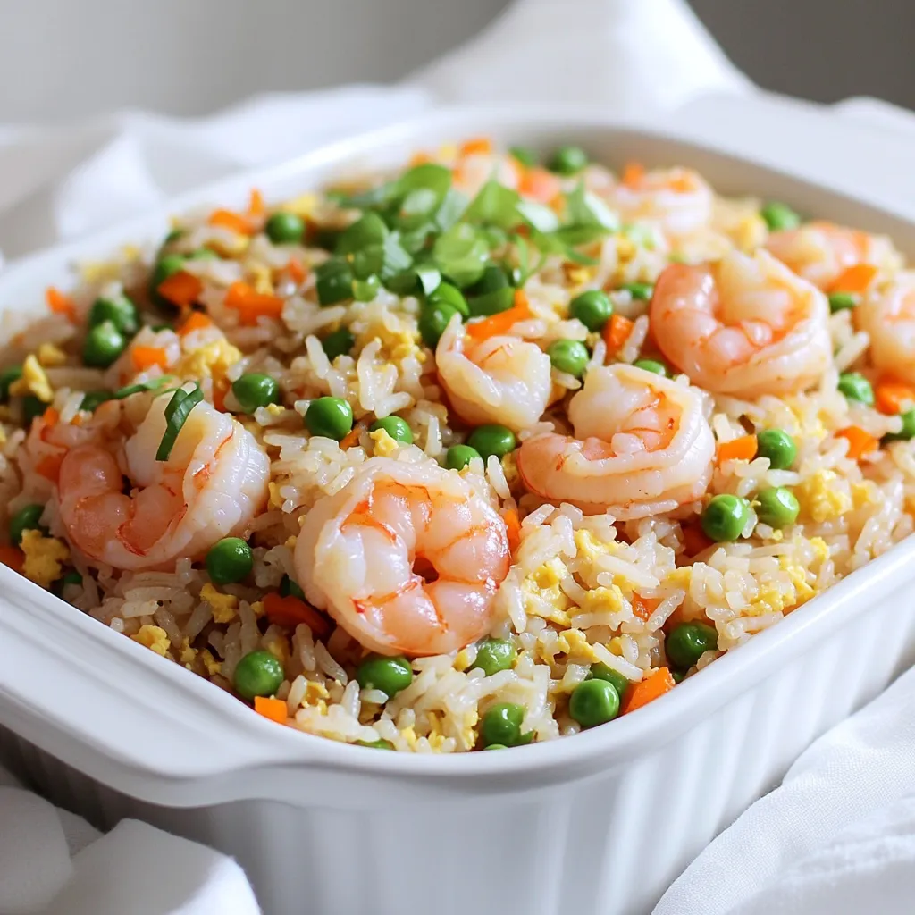 - 1 cup uncooked jasmine rice (or any preferred rice) - 1 lb shrimp, peeled and deveined - 4 tablespoons unsalted butter - 4 cloves garlic, minced - 1 small onion, finely chopped - 1 cup frozen peas and carrots mix - 2 tablespoons low sodium soy sauce - 1 tablespoon sesame oil - Salt and pepper to taste - Optional: 1 teaspoon red pepper flakes - Medium saucepan - Large skillet or wok - Measuring cups and spoons - Fork for fluffing rice Gather these ingredients before starting. The shrimp adds protein and flavor. Jasmine rice makes the dish fragrant and fluffy. Unsalted butter and garlic create a rich base. Onions bring sweetness and depth. Peas and carrots add color and texture. Soy sauce and sesame oil enhance the umami taste. Add red pepper flakes if you like heat. You will need basic kitchen tools too. A medium saucepan cooks the rice. A large skillet or wok helps fry everything together. Measuring cups and spoons ensure accurate amounts. A fork fluffs the rice to keep it light. With all these items ready, you set the stage for a tasty meal. Enjoy the process and trust that this dish will delight your taste buds! - Combine uncooked rice and water in a medium saucepan. - Bring to a boil, then simmer and cover for 15 minutes. Cooking the rice is the first step. I like to use jasmine rice for its nice flavor. Make sure to rinse the rice before cooking. This helps remove extra starch. After 15 minutes, check that all the water is absorbed. Fluff the rice with a fork and set it aside. - Melt butter in the skillet and add garlic. - Cook shrimp until opaque, then set aside. Next, I melt two tablespoons of butter in a large skillet. The butter adds richness to the dish. Then, I add minced garlic and let it cook for about 30 seconds. This step fills your kitchen with a great smell! After that, I add the shrimp, seasoned with salt and pepper. I cook them until they turn pink and opaque, which takes about 3 to 4 minutes. Once done, I set the shrimp aside. - Sauté onions until translucent, then add peas and carrots. - Heat through before combining with rice. Now, I use the same skillet for the veggies. I add the chopped onions and sauté them for 2 to 3 minutes. I wait until they become translucent. Then, I throw in the frozen peas and carrots mix. I cook everything for another 3 to 4 minutes until the veggies are heated through. This step adds color and texture to the dish. - Mix cooked rice, soy sauce, sesame oil, shrimp, and green onions. - Stir and adjust seasoning as needed. It's time for assembly! I push the veggies to one side of the skillet. On the other side, I add the cooked rice. I pour in soy sauce and sesame oil, and mix everything together. Next, I add the shrimp and half of the chopped green onions. I stir everything for about 2 minutes to make sure it all heats up and the flavors blend well. - Plate the dish and garnish with green onions. Finally, I plate the garlic butter shrimp fried rice. I like to garnish it with the remaining green onions for a fresh touch. This dish looks beautiful and tastes even better! - Use jasmine rice for best flavor. Its fragrant notes add a lovely touch. - Fluff rice gently to avoid clumping. This keeps the grains separate and light. - Add a splash of lime juice for brightness. It lifts the dish and adds freshness. - Experiment with different vegetables or proteins. You can use bell peppers, broccoli, or tofu for variety. - Store fried rice in an airtight container. This keeps it fresh and prevents drying out. - For reheating, use a skillet for best texture. This helps restore the rice's original fluffiness. {{image_2}} You can make this dish meat-free. Replace shrimp with tofu or extra vegetables. Tofu soaks up flavor well. Try using firm or extra-firm tofu for the best texture. You can also add bell peppers, broccoli, or mushrooms. These options give you a colorful and tasty meal. Want more heat? You can add more than just red pepper flakes. Try adding diced jalapeños or serrano peppers for a fresh kick. You can also drizzle in your favorite hot sauce. Sriracha or chili garlic sauce can add depth and flavor. Adjust the spice to your taste for a perfect meal. You don’t have to stick to jasmine rice. Explore other rice varieties like brown or cauliflower rice. Brown rice adds more fiber and a nutty flavor. Cauliflower rice keeps the dish low-carb. Each type gives a unique taste and texture, so feel free to experiment. To keep your garlic butter shrimp fried rice fresh, store it in airtight containers. Use glass or plastic containers that seal well. Avoid letting the rice sit out too long. If you plan to eat it later, refrigerate it right away. For longer storage, freeze the fried rice. Make sure to cool it down first, then place it in freezer-safe bags. Squeeze out the air to prevent freezer burn. When reheating fried rice, keep the texture in mind. The microwave works, but it can dry out the rice. If you choose the microwave, add a splash of water before heating. Cover the container to trap steam. Heat in short bursts until warm. The skillet method is better for texture. Heat a little oil in a skillet. Add the rice and stir frequently until hot. This keeps it fluffy and tasty. Garlic butter shrimp fried rice lasts about three to four days in the fridge. If you freeze it, it can last up to three months. Always check for any off smells or changes in texture before eating. Proper storage is key to enjoying your delicious leftovers! Yes, you can use cooked rice. Just make sure it is cold. If it's fresh, the rice may be mushy. Heat the shrimp and veggies, then add the rice. Stir and cook for about 4-5 minutes. This way, you warm everything through without overcooking. To make it gluten-free, use gluten-free soy sauce. Coconut aminos is a great substitute. It adds a nice flavor without gluten. You can also look for brands that are labeled gluten-free. Always check labels to ensure safety. This dish pairs well with many sides. Here are some ideas: - Steamed broccoli - Asian-style salad - Vegetable spring rolls - Garlic green beans These sides add color and texture to your meal. They also enhance the overall dining experience. This blog post shows how to make delicious Garlic Butter Shrimp Fried Rice. You learned the main ingredients, cooking steps, and tips for better results. Remember to use jasmine rice for great flavor. Feel free to swap shrimp for tofu or add your favorite spices. Store leftovers in an airtight container to keep them fresh. With these simple steps, you can enjoy a yummy meal any day. Cooking should be fun and easy, so get started!