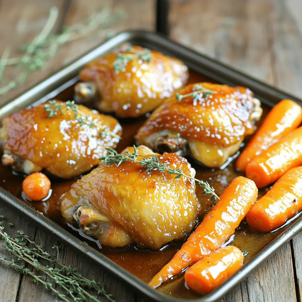 To make the sheet-pan maple glazed chicken and carrots, gather these items: - 4 bone-in chicken thighs, skin-on - 1 pound baby carrots, peeled - 1/4 cup pure maple syrup - 2 tablespoons Dijon mustard - 2 tablespoons olive oil - 1 teaspoon garlic powder - 1 teaspoon onion powder - 1/2 teaspoon smoked paprika - Salt and pepper to taste - Fresh thyme or parsley for garnish These ingredients blend together to create a sweet and savory dish. You can swap a few ingredients for different flavors. If you can't find bone-in thighs, use skin-on chicken breasts. They cook faster, so check them sooner. Instead of baby carrots, chop regular carrots into sticks. You can also use honey if maple syrup is not available. For a different taste, try yellow mustard instead of Dijon. Each serving of this dish has about: - Calories: 410 - Protein: 27g - Carbohydrates: 25g - Fat: 24g - Fiber: 3g - Sugars: 10g This meal offers a good balance of protein and carbs. It brings together wholesome ingredients for a tasty dinner. Enjoy the flavors while knowing you're eating something good for you! First, gather all your ingredients. You will need chicken thighs, baby carrots, and the glaze. The glaze mixes maple syrup, Dijon mustard, olive oil, and spices. It adds flavor and sweetness. 1. Preheat your oven to 400°F (200°C). This helps the chicken cook evenly. 2. In a small bowl, whisk the maple syrup, Dijon mustard, olive oil, garlic powder, onion powder, smoked paprika, salt, and pepper. This is your glaze. 3. On a large baking sheet, arrange the chicken thighs and baby carrots. Lay them out in a single layer. 4. Pour the maple glaze over the chicken and carrots. Use a brush or spoon to coat them well. 5. Bake in the preheated oven for about 35-40 minutes. The chicken should reach 165°F (75°C). The carrots need to be tender. 6. Halfway through, baste the chicken with pan juices. This adds more flavor. 7. When done, take the sheet pan out of the oven. Let it rest for a few minutes. 8. Garnish with fresh thyme or parsley before serving. To check if the chicken is done, use a meat thermometer. The inside should be 165°F (75°C). Test the carrots by piercing them with a fork. They should be soft but not mushy. This ensures a perfect meal every time. Marinating the chicken is key for flavor. Mix the maple syrup, Dijon mustard, olive oil, garlic powder, onion powder, smoked paprika, salt, and pepper in a bowl. Coat the chicken thighs well. Let them sit in the marinade for at least 30 minutes. For more taste, marinate them overnight in the fridge. To get crispy skin, start with bone-in, skin-on chicken thighs. Pat the skin dry with paper towels before marinating. This helps the skin crisp up while cooking. Bake the chicken at a high temperature, like 400°F (200°C). Basting halfway through cooking adds extra flavor and helps the skin crisp up too. Don’t throw away the leftover glaze! You can use it for extra flavor. Brush it on the chicken and carrots during the last few minutes of cooking. You can also save it for later. Store it in the fridge for up to a week. Reheat it before using to add flavor to other dishes. {{image_2}} You can switch up the carrots. Try using green beans, zucchini, or bell peppers. These veggies add color and flavor. Each option cooks well with the chicken and glaze. You can also add potatoes for a heartier dish. Just be sure to cut them small so they cook evenly. Want to change the protein? You can use bone-in chicken breast instead of thighs. They will cook a bit faster. For a fun twist, try pork chops or bone-in turkey thighs. Salmon also works great with this glaze. It offers a nice sweet flavor when baked. Feel like mixing up the glaze? You can add soy sauce for a salty touch. Honey can replace maple syrup for a different sweetness. For a spicy kick, add sriracha or red pepper flakes. You can even try fresh herbs like rosemary or basil to change the flavor. After enjoying your sheet-pan maple glazed chicken and carrots, let leftovers cool first. Place the chicken and carrots in an airtight container. Store in the refrigerator. Use them within three days for the best taste. If you're saving just the glaze, keep it in a small jar. To reheat, use your oven for the best flavor. Preheat it to 350°F (175°C). Place the chicken and carrots on a baking sheet. Cover them with foil to keep moisture in. Heat for about 15-20 minutes or until warm. You can also reheat in the microwave. Just cover the dish to avoid drying out. You can freeze the chicken and carrots if you have extra. Wrap them tightly in plastic wrap, then place them in a freezer bag. Remove as much air as possible. They can stay in the freezer for up to three months. When you're ready to eat, thaw in the fridge overnight. Reheat as mentioned above for a tasty meal. Yes, you can use chicken breasts instead of thighs. Chicken breasts are leaner and cook faster. Adjust the cooking time to about 25-30 minutes. Check the internal temperature to ensure it’s 165°F (75°C). Breasts may not stay as juicy as thighs, but they will still taste great with the maple glaze. No, it is not necessary to peel the carrots. Baby carrots are often sweet and tender with skin on. However, peeling can improve the look and texture if you prefer. If you do peel them, wash them well to remove any dirt. Both options will work in this dish. You can serve many sides with this dish. Rice or quinoa works well to soak up the glaze. A fresh salad adds a nice crunch and balances the meal. Mashed potatoes or crusty bread can also be great choices. Feel free to mix and match based on your taste! This blog post covered all you need for making maple glazed chicken and carrots. We looked at essential ingredients, helpful cooking steps, and smart tips to boost flavor. Variations let you mix things up, while storage info shows you how to keep leftovers fresh. Each section aimed to give you clear guidance. Enjoy making this dish, and don't hesitate to experiment. Cooking should be fun and tasty, so go ahead and get creative!