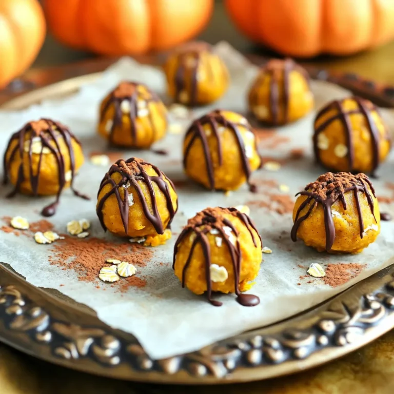 To make No-Bake Peanut Butter Pumpkin Bites, you need some key ingredients. Here’s a simple list: - 1 cup pumpkin puree - 1/2 cup natural peanut butter - 1/3 cup honey or maple syrup - 1 cup rolled oats - 1/2 cup ground flaxseed - 1 tsp vanilla extract - 1/2 tsp pumpkin pie spice - A pinch of salt - 1/2 cup dark chocolate chips (optional for drizzling) These ingredients blend together to create a tasty snack. The pumpkin adds moisture and flavor. The peanut butter gives the bites creaminess. The oats and flaxseed provide nice texture and nutrients. You can customize your bites with a few optional add-ins. Try adding: - Chopped nuts for crunch - Dried fruit for sweetness - Coconut flakes for flavor - Protein powder for an extra boost If you need substitutes, here are some ideas: - Use almond butter instead of peanut butter for a nut-free option. - Swap honey for agave syrup if you prefer. - Use quick oats if you don’t have rolled oats. These changes can help match your taste and dietary needs. Let’s dive into the nutritional benefits of each main ingredient: - Pumpkin puree: High in fiber and vitamins A and C. It supports eye health and boosts your immune system. - Natural peanut butter: Packed with protein and healthy fats. It helps keep you full and satisfied. - Honey or maple syrup: Adds natural sweetness. Both have antioxidants that can help your body. - Rolled oats: Great source of fiber. They aid in digestion and provide lasting energy. - Ground flaxseed: Rich in omega-3 fatty acids. It helps reduce inflammation and supports heart health. - Vanilla extract: Adds flavor and may have antioxidant properties. - Pumpkin pie spice: Contains cinnamon and nutmeg, both of which can help with digestion. - Dark chocolate chips (optional): Provide antioxidants and can improve heart health. These ingredients are not only tasty but also good for you. Enjoy making your No-Bake Peanut Butter Pumpkin Bites! To make no-bake peanut butter pumpkin bites, gather your ingredients first. You need pumpkin puree, peanut butter, honey or maple syrup, rolled oats, ground flaxseed, vanilla extract, pumpkin pie spice, salt, and dark chocolate chips. This recipe is simple and quick. You will have tasty snacks in just 15 minutes of prep time. Start by mixing the pumpkin puree, peanut butter, and honey (or maple syrup) in a large bowl. Use a spoon or spatula to stir until the mixture is smooth. Next, add the rolled oats, ground flaxseed, vanilla extract, pumpkin pie spice, and salt. Mix all the ingredients well until they are fully combined. The mixture will be thick and sticky, which is perfect for rolling into bites. Now it's time to form the bites. Take about one tablespoon of the mixture and roll it into a ball using your hands. Place each ball on a parchment-lined baking sheet. If you want to add a chocolate drizzle, melt the dark chocolate chips in a microwave-safe bowl. Heat them in 30-second intervals, stirring until smooth. Drizzle the melted chocolate over the bites. Finally, put the baking sheet in the refrigerator for at least 30 minutes. This helps the bites firm up and makes them easier to eat. To make your peanut butter pumpkin bites extra tasty, focus on your mixing. Start with room temperature peanut butter. This helps it blend smoothly with the pumpkin puree and honey. Use fresh pumpkin puree for the best flavor. If you want a richer taste, add more pumpkin pie spice. Adjust the amount to suit your liking! Don't skip the salt; it enhances the sweet flavors. Lastly, use a cookie scoop to get even-sized bites. This makes them look uniform and more appealing. Keep your bites fresh by storing them in an airtight container. Place parchment paper between layers to prevent sticking. They can last up to a week in the fridge. For longer storage, freeze them in a single layer, then transfer to a freezer-safe bag. They stay good for up to three months. Just remember to thaw them in the fridge before enjoying! Serve your no-bake peanut butter pumpkin bites on a fun platter. You can also layer them in a mason jar for a cute presentation. For an extra touch, sprinkle some pumpkin pie spice on top. Pair these bites with a glass of milk or a warm drink for a cozy snack. They also make a great treat for parties or as a lunchbox surprise! {{image_2}} You can change these bites to fit your taste. Try adding chopped nuts, like almonds or walnuts. Dried fruit, like cranberries or raisins, also works well. You could even add a scoop of protein powder for an extra boost. Get creative! If you want to switch up the sweetener, there are great options. Try agave syrup if you want a lighter taste. Coconut sugar offers a rich flavor. You can even use stevia or monk fruit for a low-calorie choice. This recipe is easy to adapt for special diets. For a gluten-free version, use certified gluten-free oats. To make it vegan, swap honey for maple syrup. These simple changes keep the bites delicious for everyone! Store your no-bake peanut butter pumpkin bites in an airtight container. This keeps them fresh and tasty. I recommend placing parchment paper between layers. This prevents them from sticking together. Always put them in the fridge right after they firm up. They taste best when chilled. If you want to save some bites for later, freezing is easy. Place the bites in a single layer on a baking sheet. Freeze them for about 30 minutes. Once firm, transfer them to an airtight container. You can also use freezer bags. Just remember to remove extra air from the bags. In the fridge, these bites last for about one week. If you freeze them, they can last for up to three months. Just thaw them in the fridge before eating. This way, they stay soft and delicious. Yes, you can use any nut butter you like. Almond butter, cashew butter, or sunflower seed butter work well too. Just remember, each nut butter has its own taste. This can change the flavor of your bites. Try different ones to see what you enjoy most! To make these bites vegan, swap honey for maple syrup. This keeps the recipe plant-based. All other ingredients are already vegan. You can enjoy these tasty treats without any animal products. These bites are great on their own or with fruit. Try serving them with apple slices or banana. They also pair well with a glass of almond milk or coconut milk. This makes for a fun snack time! Yes, these bites are healthy! They have good fats from peanut butter and flaxseed. Pumpkin adds fiber and vitamins. Oats provide energy and keep you full. They make a balanced snack for both kids and adults. Absolutely! If you want a simpler snack, skip the chocolate. The bites taste great without it. You can also roll them in coconut or nuts for a fun twist. In this blog post, we explored how to make no-bake peanut butter pumpkin bites. We covered key ingredients, their benefits, and step-by-step instructions to create them. Tips and tricks helped you perfect the bites, while storage advice ensures freshness. Finally, variations let you customize them to fit your needs. These bites are easy, fun, and healthy. Enjoy making and sharing them with friends and family!