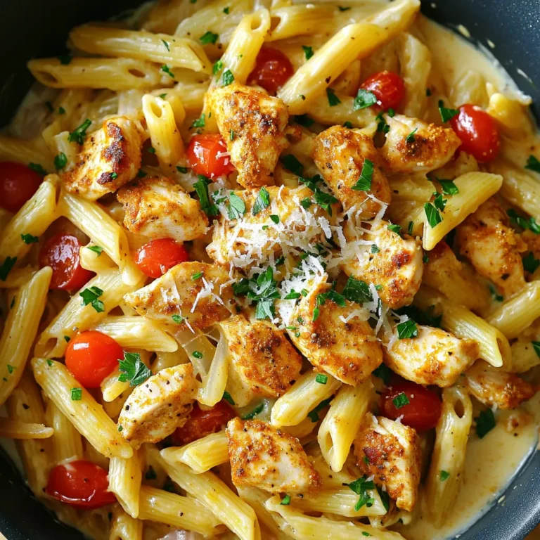 - Chicken: You need 2 boneless, skinless chicken breasts. Cut them into bite-sized pieces. This helps them cook faster and absorb flavor well. - Cajun seasoning: Use 1 tablespoon. This spice mix gives the dish its bold flavor. You can buy it or make your own with spices like paprika and cayenne. - Vegetables: The mix includes a medium onion, 2 cloves of garlic, 1 red bell pepper, and 1 cup of cherry tomatoes. These veggies add color and taste. - Olive oil: You'll need 2 tablespoons. This oil helps cook the chicken and vegetables and adds richness. - Chicken broth: Use 3 cups. It adds depth to the pasta and keeps it moist. - Heavy cream: One cup is needed. This gives the dish its creamy texture and makes it rich and satisfying. - Fresh parsley: Chopped parsley adds a fresh touch. It also adds color to your dish. - Grated Parmesan cheese: This cheese adds a salty, nutty flavor. Sprinkle it on top just before serving for extra taste. This simple list of ingredients will help you create a delicious One-Pan Creamy Cajun Chicken Pasta. Each component plays a key role in making the dish flavorful and enjoyable. - Seasoning the chicken: Start by cutting the chicken into small pieces. Place these in a bowl. Sprinkle 1 tablespoon of Cajun seasoning over the chicken. Toss well until every piece is coated. This will give your dish a warm, spicy flavor. - Chopping vegetables: Next, chop your veggies. Dice 1 medium onion and mince 2 cloves of garlic. Slice 1 red bell pepper into strips. Halve 1 cup of cherry tomatoes. Having these ready makes cooking easier and faster. - Sautéing the chicken: Heat 2 tablespoons of olive oil in a skillet over medium-high heat. Once hot, add the seasoned chicken. Cook for 5-7 minutes. Stir occasionally until the chicken turns golden and is no longer pink inside. Remove the chicken and set it aside. - Cooking the vegetables: In the same skillet, add the diced onion and minced garlic. Sauté for 2-3 minutes until the onion is clear. Then, toss in the sliced bell pepper and cherry tomatoes. Cook for another 3-4 minutes until the veggies are soft and fragrant. - Adding broth and pasta: Pour in 3 cups of chicken broth. Bring it to a boil. Once boiling, add 8 ounces of penne pasta. Stir to mix well. Lower the heat, cover the pan, and let it simmer. Cook for 10-12 minutes, stirring occasionally, until the pasta is al dente. - Stirring in cream: After the pasta is cooked, add the chicken back to the pan. Pour in 1 cup of heavy cream. Stir everything together. Cook for another 2-3 minutes until the dish is warm and creamy. Add salt and pepper to taste. To make your dish stand out, adjust the Cajun seasoning. Start with one tablespoon, then taste it. If you like more heat, add a little extra. Cajun seasoning can vary in spice levels. Always trust your taste buds! Cooking the pasta al dente is key for texture. This means it should be firm but not hard. Follow the pasta package instructions, but check it a minute early. It will keep cooking after you drain it. The best type of pan to use is a large skillet. A skillet allows for even cooking and enough space for all the ingredients. Make sure it has a lid for simmering the pasta. For utensils, use a wooden spoon for stirring. It won't scratch your pan and helps mix the ingredients well. A good set of measuring cups helps keep your portions accurate. Pair your creamy Cajun chicken pasta with a simple side salad. A fresh salad balances the rich flavors of the dish. You can also serve it with garlic bread for a tasty combo. To serve, garnish your pasta with fresh parsley and grated Parmesan cheese. This adds color and flavor. A sprinkle of black pepper on top adds a nice touch too! {{image_2}} You can switch the chicken for shrimp or sausage. Shrimp cooks fast and adds a nice twist. Just sauté it in the pan until it turns pink. Sausage gives a hearty flavor. Slice it and brown it with the veggies. For a vegetarian option, use mushrooms or chickpeas instead. They soak up the sauce and add great texture. Pasta shape matters! You can use rotini, farfalle, or even spaghetti. Each shape holds the sauce differently. If you need gluten-free options, use gluten-free pasta. Look for ones made from rice or chickpeas. They are tasty and work well in this dish. Want more flavor? Add spices like smoked paprika or cayenne for heat. Fresh herbs like basil or cilantro can brighten the dish. You can also toss in veggies like spinach or zucchini. They add color and nutrients. Just add them when you sauté your other veggies for a fresh taste. To store leftovers, let the pasta cool first. Place it in an airtight container. This keeps the flavors fresh. You can store it in the fridge for up to 3 days. I recommend using glass containers, as they do not absorb odors. The best way to reheat this pasta is on the stove. Use a skillet over medium heat. Add a splash of chicken broth or water to keep it moist. Stir often to warm it evenly. If you want to keep the creaminess, avoid the microwave. The microwave can make it dry and clumpy. Yes, you can freeze cooked pasta, but it may change the texture. To freeze, let it cool completely. Then, place it in a freezer-safe bag. Remove as much air as possible. It can last for up to 2 months in the freezer. To defrost, move the bag to the fridge overnight. For reheating, use the stove with a splash of broth. This helps maintain the creaminess. Stir gently to combine everything well. Enjoy your flavorful pasta again! What is Cajun seasoning made of? Cajun seasoning is a blend of spices. It often includes paprika, cayenne pepper, garlic powder, onion powder, and black pepper. Some mixes may add thyme and oregano for extra flavor. You can buy it pre-made or mix your own at home. Can I make this dish ahead of time? Yes, you can make this dish ahead of time. Cook it fully and let it cool. Store it in an airtight container in the fridge for up to three days. When ready to eat, just reheat it on the stove, adding a splash of broth or cream to keep it creamy. How do I avoid overcooked pasta? To avoid overcooked pasta, follow these steps. First, check the package for cooking time. Cook the pasta just until al dente, or firm to the bite. Stir it occasionally while it simmers. Also, remove it from heat as soon as it’s cooked and add the cream right away. What can I substitute for heavy cream? You can use several substitutes for heavy cream. Options include half-and-half, whole milk with a bit of butter, or coconut cream for a dairy-free choice. Each substitute will change the flavor slightly, but they work well in this dish. Is this recipe suitable for a keto diet? Yes, this recipe can fit a keto diet with a few changes. Use a low-carb pasta or zucchini noodles instead of penne. Check the Cajun seasoning for added sugars, and use heavy cream to keep it rich and creamy. Can I make it dairy-free? Yes, you can make it dairy-free. Swap heavy cream with coconut cream or a dairy-free cream substitute. Use a dairy-free cheese or skip cheese altogether. This keeps the dish creamy while being friendly for those who avoid dairy. This recipe highlights key ingredients like chicken, Cajun seasoning, and veggies. You learned how to prep, cook, and combine these elements for a tasty dish. My tips helped you perfect flavors and choose the right pasta. We explored variations, storage methods, and answered common questions. Enjoy experimenting with your own twists! Cooking this dish can be fun and rewarding. The flavors are bold, and the meal is satisfying, so dive in and savor every bite.