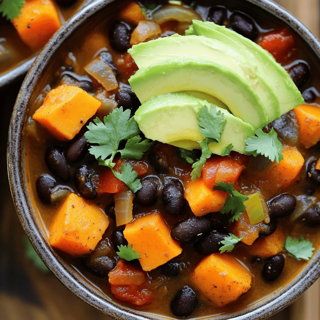 - 2 medium sweet potatoes, peeled and diced - 1 can (15 oz) black beans, drained and rinsed - 1 can (14 oz) diced tomatoes, with juice - 1 medium onion, chopped - 2 cloves garlic, minced - 1 bell pepper (red or yellow), chopped Sweet potatoes serve as a star in this chili. They bring a natural sweetness and a creamy texture. Black beans add protein and fiber, making the dish filling. Diced tomatoes add juiciness and acidity to balance the sweetness. Onion and garlic give depth and flavor, while bell pepper adds crunch. - 1 tablespoon chili powder - 1 teaspoon ground cumin - 1/2 teaspoon smoked paprika - 1/4 teaspoon cayenne pepper (optional, for heat) - Salt and pepper to taste Spices make this chili sing. Chili powder brings warmth, while cumin adds an earthy note. Smoked paprika introduces a hint of smokiness, enhancing the flavor. Cayenne pepper is optional but great if you like heat. Always adjust salt and pepper to suit your taste. - Fresh cilantro, for garnish - Avocado slices, for topping Garnishes add the finishing touch. Fresh cilantro brings brightness and a pop of color. Avocado slices add creaminess and balance the spices. Together, they make the chili more inviting and delicious. Enjoy every bite of this cozy meal! First, heat one tablespoon of olive oil in a medium skillet over medium heat. Once the oil is hot, add the chopped onion and bell pepper. Cook them for about five minutes. They should become soft and fragrant. Next, add two cloves of minced garlic. Sauté for another minute. This step adds depth to the dish. Now, transfer the sautéed vegetables to your slow cooker. It's time to add more ingredients. Dice two medium sweet potatoes and drain one can of black beans. Add those to the cooker. Next, pour in one can of diced tomatoes along with its juice. Then, add one cup of vegetable broth. Sprinkle in one tablespoon of chili powder, one teaspoon of ground cumin, and half a teaspoon of smoked paprika. If you like heat, add a quarter teaspoon of cayenne pepper. Finally, season with salt and pepper to taste. Stir until everything is combined. Cover the slow cooker with its lid. Set it to low for six to eight hours or high for three to four hours. The sweet potatoes should be tender when it’s done. The chili should smell amazing and be thick. After cooking, taste the chili. Adjust the flavors if needed. You can add more salt, pepper, or spices to suit your taste. If the chili is too thick for your liking, add more vegetable broth to make it thinner. Ladle the chili into bowls for serving. Top each bowl with fresh cilantro and avocado slices. This adds creaminess and flavor, making your dish even more delicious. Enjoy your cozy meal! When picking sweet potatoes, look for ones that feel firm. A firm potato means it is fresh. Check for smooth skin, too. Avoid any with soft spots or blemishes. The color should be bright, with no dark patches. Orange-fleshed varieties are great for this chili. They add sweetness and creaminess. To make your chili even better, add extra spices. Try 1 teaspoon of oregano for a warm taste. A pinch of cinnamon can bring depth, too. Fresh herbs are also a great choice. Chopped cilantro adds brightness at the end. You can even add fresh lime juice for zing! To control heat, adjust the cayenne pepper. Start with a pinch if you want it mild. You can always add more later. If you prefer a spicy kick, try using jalapeños or serranos. These peppers bring both heat and flavor. You can also swap chili powder for chipotle powder for a smoky taste. {{image_2}} You can boost the protein in your sweet potato black bean chili in a few ways. If you want a plant-based option, try adding lentils or quinoa. Both add great texture and nutrition. You can also toss in some tofu for extra protein. If you prefer meat, ground turkey or chicken work well. Just brown the meat before adding it to the slow cooker. This adds flavor and makes the chili heartier. Feel free to mix in more veggies. Zucchini, corn, or carrots add color and flavor. Spinach or kale can also be good choices. They cook down and blend well in the chili. Seasonal veggies can enhance your chili too. In fall, try adding pumpkin or butternut squash. In summer, fresh tomatoes and bell peppers shine. Each season brings a new twist to your dish. While the slow cooker is perfect for this chili, there are other ways to cook it. You can use a stovetop method. Just simmer the chili in a large pot for about 30 minutes. Stir often to prevent sticking. Another method is the Instant Pot. Set it to high pressure for 10 minutes. This cooks the chili quickly while keeping the flavors intact. Just make sure to let the pressure release naturally for best results. Store your leftover chili in proper storage containers. Use airtight containers to keep it fresh. The chili lasts in the fridge for about 4 to 5 days. Make sure to cool it down to room temperature before sealing. If you want to save it for later, freezing works well. Use freezer-safe containers or heavy-duty bags. Leave some space in the container for expansion. The chili keeps well for up to 3 months. To thaw, move it to the fridge overnight. You can also use the microwave for a quick thaw. For the best taste, reheat on the stove. Just add a splash of broth or water to keep it moist. Stir it often to prevent sticking. You can also use a microwave, heating in short bursts. Serve with fresh cilantro and avocado slices for a tasty boost. Enjoy your warm, cozy meal! Yes, you can make this chili ahead of time. Prepping in advance saves you time and stress. It allows the flavors to blend beautifully. You can store it in the fridge for up to five days. Just reheat it on the stove or in the microwave. If you prefer, freeze it for up to three months. This way, you always have a cozy meal ready to go. Yes, this chili is gluten-free. All the ingredients used are safe for a gluten-free diet. Sweet potatoes, black beans, and spices are naturally gluten-free. Just be sure to check the labels on canned goods. Sometimes, cross-contamination can happen. Using certified gluten-free products adds extra security. You can easily make this chili vegan. The main ingredients are already plant-based. For a creamy topping, skip sour cream and use avocado slices instead. You can also add vegan cheese if you like. Fresh cilantro serves as a bright finish without dairy. This ensures everyone can enjoy the dish. There are many great sides for this chili. You can serve it with cornbread for a classic pairing. A simple green salad adds freshness. Tortilla chips provide a nice crunch. Consider adding a dollop of yogurt or sour cream if you want. Avocado slices and fresh cilantro are perfect toppings too. You can easily adjust the spice level. If you want it mild, skip the cayenne pepper. For more heat, add extra cayenne or some diced jalapeños. Another option is to add hot sauce when serving. Always taste as you go. This way, you make it just right for your taste buds. This blog post covered how to make a hearty Sweet Potato Black Bean Chili. We discussed main ingredients, tasty spices, and easy steps. You learned about cooking methods, storage tips, and ways to make it suit your taste. Remember, you can customize this chili with protein or veggies. Follow these tips to create your perfect bowl. Enjoy exploring flavors and sharing this dish with others.