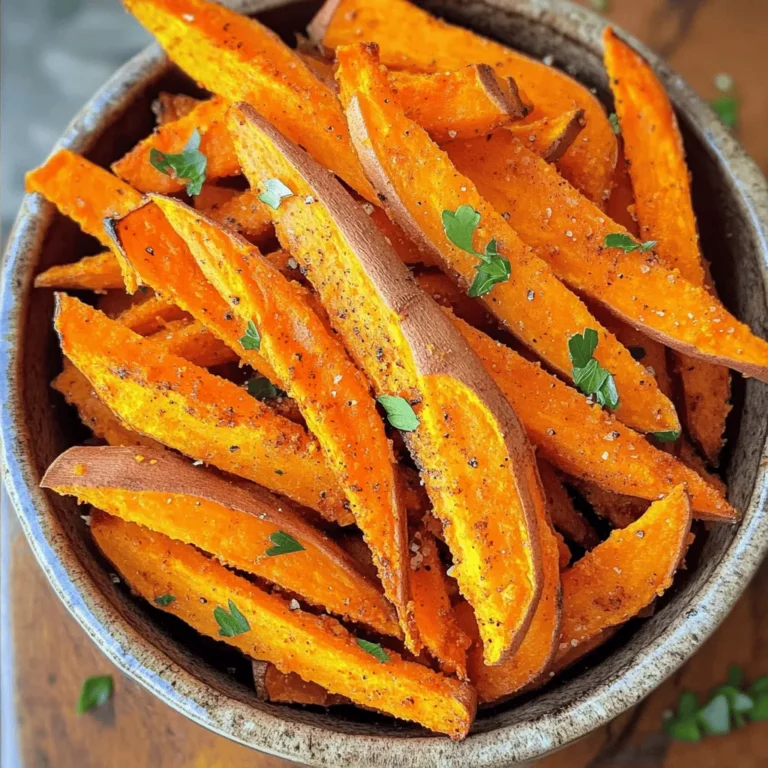 - 2 medium sweet potatoes, peeled and cut into fries - 2 tablespoons olive oil - 1 teaspoon paprika - 1 teaspoon garlic powder - 1 teaspoon onion powder - ½ teaspoon salt - ¼ teaspoon black pepper - Optional: ½ teaspoon cayenne pepper for an extra kick To make tasty air fryer sweet potato fries, start with fresh sweet potatoes. These are key to good flavor and texture. You need two medium sweet potatoes. Peel them and cut them into fries. Next, you will need olive oil. It helps the fries crisp up nicely. Now, let’s talk about spices. You will need paprika, garlic powder, onion powder, salt, and black pepper. These spices add a lot of flavor to your fries. If you like heat, add cayenne pepper. This is optional but gives a nice kick. Gather all these ingredients before you start cooking. This makes the process smooth and fun. To start, soak the sweet potato fries in cold water. This step helps remove extra starch. Soak them for at least 30 minutes. This soaking time is key for crispiness. After soaking, drain the fries well. Use a clean kitchen towel to pat them dry. Make sure they are dry to the touch. Now, let’s add flavor! In a large bowl, mix the olive oil with your spices. Use 2 tablespoons of olive oil, 1 teaspoon of paprika, 1 teaspoon of garlic powder, and 1 teaspoon of onion powder. Then, add ½ teaspoon of salt and ¼ teaspoon of black pepper. If you like heat, toss in ½ teaspoon of cayenne pepper. Next, add the drained fries to the bowl. Toss them well to coat each fry evenly with the oil and spices. Before cooking, preheat your air fryer to 400°F (200°C). This step takes about 5 minutes. Once preheated, place the seasoned fries in the air fryer basket. Make sure to arrange them in a single layer. If you have many fries, cook them in batches. Now, air fry the sweet potato fries for 15 to 20 minutes. Shake the basket halfway through cooking. This helps the fries cook evenly. Keep an eye on them. You want them golden brown and crispy. When they look perfect, remove them from the air fryer. Let them cool for a bit before serving. To get crispy sweet potato fries, soaking is key. Soak the cut fries in water for at least 30 minutes. This step removes excess starch. Starch can make fries soggy. After soaking, drain the fries and dry them well. Use a clean kitchen towel. This helps them crisp up in the air fryer. Air circulation is also important. Place the fries in a single layer in the air fryer basket. If the basket is too full, the fries won’t cook evenly. Cook them in batches if needed. This ensures each fry gets enough hot air. You can change the flavor of your fries easily. Try different seasonings based on your taste. For a classic flavor, stick with paprika, garlic, and onion powder. If you want heat, add cayenne pepper. Just a little can give a nice kick. Adjust the amount to suit your taste. Feel free to experiment with herbs too. Try adding rosemary or thyme for a fresh twist. Don’t be afraid to be creative with flavors! Some mistakes can ruin your fries. First, do not overcrowd the air fryer. If you put in too many fries at once, they will steam instead of fry. This makes them soft instead of crispy. Next, watch your oil usage. Using too much oil can make the fries greasy. You only need about two tablespoons for this recipe. Coat the fries lightly to keep them crispy. {{image_2}} You can change up your sweet potato fries in fun ways. First, try sweet potato wedges. Cut your sweet potatoes into thick slices. This gives you a hearty bite. They are perfect for dipping too. Another fun option is curly fries. Use a spiralizer to twist your sweet potatoes. This shape adds a unique look and texture. It makes the fries even more fun to eat! Adding herbs and spices can make your fries extra tasty. Try mixing in rosemary or thyme for a fresh touch. You can also use paprika for a smoky flavor. Dipping sauces can also change the game. Classic ketchup is great, but try garlic aioli or spicy mayo. You can even make a honey mustard for a sweet twist. The right dip can elevate your fries! Air frying sweet potato fries is quick and easy, but you can bake them too. Oven-baked fries take longer, about 25-30 minutes. Spread them on a baking sheet in a single layer. This method can still give you tasty results, but you won’t get the same crunch. You can also try pan-frying your sweet potatoes. Use a bit of oil in a skillet. This method gives a nice crispy outside. However, it can take more time and attention. Each method has its perks, so try them all to find your favorite! After enjoying your sweet potato fries, store any leftovers in the fridge. Place them in an airtight container. This keeps them fresh for up to three days. For longer storage, freeze the fries. Spread them out on a baking sheet and freeze until solid. Then, transfer them to a freezer bag. They can last up to three months in the freezer. To reheat your fries, use the air fryer for best results. Set the air fryer to 375°F (190°C). Heat the fries for about 5 to 7 minutes. This method helps them stay crispy. If you don't have an air fryer, you can use an oven. Preheat it to 400°F (200°C) and place the fries on a baking sheet. Bake for 10 to 12 minutes, flipping halfway. Always check for a nice crunch before serving! To make your sweet potato fries crispy, soak them in water for at least 30 minutes. Soaking removes extra starch, which helps in achieving that perfect crunch. After soaking, drain and pat the fries dry with a clean towel. This step is key. If the fries are wet, they will steam instead of crisp. Yes, you can use other types of potatoes. Regular russet potatoes work great, too. They will cook a bit faster than sweet potatoes. Just remember to soak and dry them as well. Other potatoes like Yukon gold will also work but may have a different texture. Adjust your cooking time based on the type of potato you choose. Sweet potato fries taste amazing with many dipping sauces. Garlic aioli or spicy mayo are popular choices. Ketchup adds a classic touch. You can also try ranch or honey mustard for a different flavor. Experiment with different sauces to find your favorite! In this blog post, we explored how to make crispy air fryer sweet potato fries. We discussed essential ingredients like sweet potatoes, olive oil, and spices. The preparation and seasoning steps are key to achieving that perfect crunch. I shared tips on airflow and common mistakes to avoid for the best results. You also learned about fun variations and how to store and reheat leftover fries. Healthy snacking can be easy and delicious. Enjoy your cooking journey with sweet potatoes!