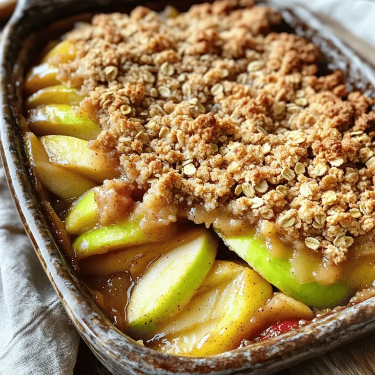 To make the Warm Apple Crisp with Oatmeal Crumble Topping, gather these ingredients: - 4 large apples (Granny Smith or Honeycrisp), peeled and sliced - 1 tablespoon lemon juice - 1/4 cup brown sugar - 1 teaspoon cinnamon - 1/4 teaspoon nutmeg - 1/2 cup rolled oats - 1/2 cup all-purpose flour - 1/3 cup granulated sugar - 1/2 cup cold unsalted butter, cubed - 1/4 teaspoon salt - 1/2 cup chopped walnuts or pecans (optional) I recommend using Granny Smith or Honeycrisp apples. Granny Smith apples add a nice tartness. Honeycrisp apples are sweet and juicy. Mixing these varieties can give your crisp great flavor. You can also try Fuji or Braeburn apples for a different taste. Want to make your apple crisp even better? Consider adding some optional ingredients. You can mix in 1/2 cup of chopped walnuts or pecans for crunch. Dried cranberries or raisins can add sweetness. A splash of vanilla extract boosts flavor, too. To start, you need to choose your apples. I love using Granny Smith or Honeycrisp apples. They give the best taste and texture. Peel and slice four large apples. Use a sharp knife for easy slicing. In a large bowl, toss the apples with one tablespoon of lemon juice. This keeps the apples fresh and bright. Next, add 1/4 cup of brown sugar, one teaspoon of cinnamon, and 1/4 teaspoon of nutmeg. Mix everything until the apples are well coated. Once mixed, spread the apple mixture in a greased 9x13 inch baking dish. Now, it’s time for the oatmeal crumble topping. In a separate bowl, combine 1/2 cup of rolled oats, 1/2 cup of all-purpose flour, 1/3 cup of granulated sugar, and 1/4 teaspoon of salt. Stir these ingredients together to mix well. Then, add 1/2 cup of cold, cubed unsalted butter. Use your fingers or a pastry cutter to mix until the mix looks like coarse crumbs. If you like, fold in 1/2 cup of chopped walnuts or pecans for extra crunch. Once you have the crumble ready, spread it evenly over the apples in your baking dish. Preheat your oven to 350°F (175°C) while you prepare. Bake the dish for 30 to 35 minutes. You want the apples to be tender and the topping to turn a nice golden brown. When done, remove it from the oven and let it cool for a bit. This will help the flavors come together. Enjoy your warm apple crisp with a scoop of vanilla ice cream or whipped cream for a delightful treat! When making apple crisp, pick the right apples. I love using Granny Smith or Honeycrisp. Both types add great taste and texture. Granny Smith apples offer a nice tartness. Honeycrisp apples provide a sweet crunch. Always choose firm apples. Avoid soft or bruised ones. Fresh apples make a big difference in your dish. For a great crumble, combine oats, flour, and butter well. Use cold butter for the best texture. I recommend cutting the butter into small cubes. Then, mix it with your dry ingredients. You want the mixture to look like coarse crumbs. If you want some added crunch, mix in chopped nuts. Walnuts or pecans work well here. To ensure even cooking, spread the apple mixture evenly in the dish. Make sure the crumble topping covers all the apples. This helps them cook evenly. Keep an eye on your crisp while it bakes. The apples should be tender, and the topping should turn golden brown. If it browns too quickly, cover it with foil. This way, your warm apple crisp turns out perfect every time! {{image_2}} You can easily make this dish gluten-free. Use gluten-free flour instead of all-purpose flour. Check that your oats are certified gluten-free too. This way, everyone can enjoy this warm apple crisp. If you need a nut-free option, just skip the walnuts or pecans. This dessert still tastes great without nuts. You can add a bit of extra oats to the topping. This keeps the texture nice and crunchy. Want to boost the flavor? Try adding a splash of vanilla extract to the apples. You can also drizzle some caramel sauce over the topping. This adds a sweet touch that pairs well with the apples. A pinch of ginger can also bring a nice kick to the dish. To store leftovers, let the apple crisp cool. Cover it tightly with plastic wrap or foil. You can also transfer it to an airtight container. Keep it in the fridge for up to five days. The crisp may lose some crunch, but the taste will still be great. To reheat, preheat your oven to 350°F (175°C). Place the apple crisp in an oven-safe dish. Cover it with foil to prevent burning. Heat for about 15-20 minutes. This will warm it through and help revive some of the crisp topping. You can also microwave it in short bursts, about 30 seconds at a time. Freezing apple crisp is easy. Allow it to cool completely. Cut it into portions and wrap each piece in plastic wrap. Then, place the wrapped portions in a freezer bag. Squeeze out the air and seal it well. You can freeze it for up to three months. To enjoy, just thaw it in the fridge overnight, then reheat as mentioned above. Yes, you can use many fruits. Pears, peaches, or berries work well. Each fruit adds its own flavor. For a twist, mix apples with another fruit. Just be sure to adjust sugar based on sweetness. You can tell it's done when the topping is golden brown. The apples should be soft. You can poke them with a fork to check. If they give easily, it's ready to enjoy. Yes, you can make it a day before. Just store it in the fridge. When you're ready, bake it until warm. This can save time on busy days or special occasions. This blog covered how to make a delicious apple crisp. We talked about ingredients, step-by-step instructions, and tips for the best results. You learned how to choose apples and make optional add-ins for more flavor. Remember to store leftovers properly for later. Feel free to experiment with different fruits or flavors. With these easy steps, you can create a great dessert. Enjoy your homemade apple crisp!