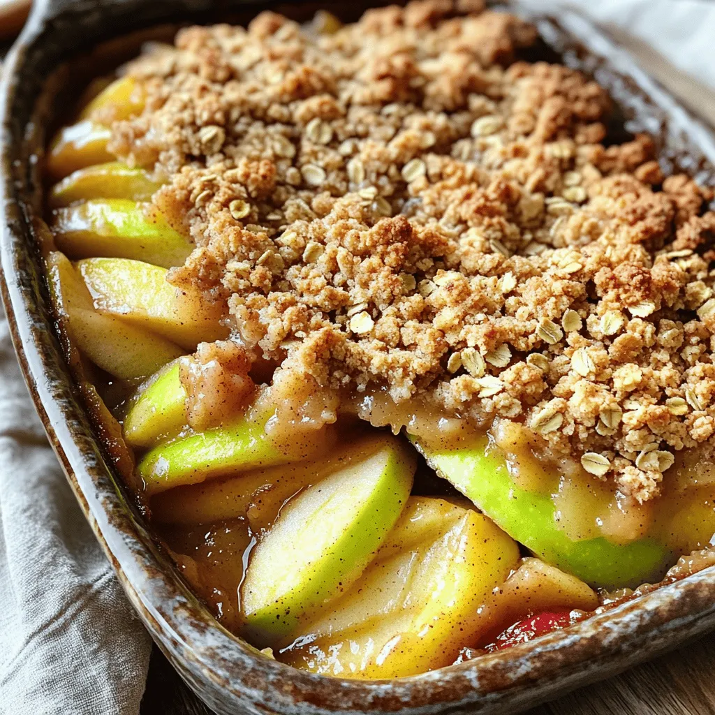 To make the Warm Apple Crisp with Oatmeal Crumble Topping, gather these ingredients: - 4 large apples (Granny Smith or Honeycrisp), peeled and sliced - 1 tablespoon lemon juice - 1/4 cup brown sugar - 1 teaspoon cinnamon - 1/4 teaspoon nutmeg - 1/2 cup rolled oats - 1/2 cup all-purpose flour - 1/3 cup granulated sugar - 1/2 cup cold unsalted butter, cubed - 1/4 teaspoon salt - 1/2 cup chopped walnuts or pecans (optional) I recommend using Granny Smith or Honeycrisp apples. Granny Smith apples add a nice tartness. Honeycrisp apples are sweet and juicy. Mixing these varieties can give your crisp great flavor. You can also try Fuji or Braeburn apples for a different taste. Want to make your apple crisp even better? Consider adding some optional ingredients. You can mix in 1/2 cup of chopped walnuts or pecans for crunch. Dried cranberries or raisins can add sweetness. A splash of vanilla extract boosts flavor, too. To start, you need to choose your apples. I love using Granny Smith or Honeycrisp apples. They give the best taste and texture. Peel and slice four large apples. Use a sharp knife for easy slicing. In a large bowl, toss the apples with one tablespoon of lemon juice. This keeps the apples fresh and bright. Next, add 1/4 cup of brown sugar, one teaspoon of cinnamon, and 1/4 teaspoon of nutmeg. Mix everything until the apples are well coated. Once mixed, spread the apple mixture in a greased 9x13 inch baking dish. Now, it’s time for the oatmeal crumble topping. In a separate bowl, combine 1/2 cup of rolled oats, 1/2 cup of all-purpose flour, 1/3 cup of granulated sugar, and 1/4 teaspoon of salt. Stir these ingredients together to mix well. Then, add 1/2 cup of cold, cubed unsalted butter. Use your fingers or a pastry cutter to mix until the mix looks like coarse crumbs. If you like, fold in 1/2 cup of chopped walnuts or pecans for extra crunch. Once you have the crumble ready, spread it evenly over the apples in your baking dish. Preheat your oven to 350°F (175°C) while you prepare. Bake the dish for 30 to 35 minutes. You want the apples to be tender and the topping to turn a nice golden brown. When done, remove it from the oven and let it cool for a bit. This will help the flavors come together. Enjoy your warm apple crisp with a scoop of vanilla ice cream or whipped cream for a delightful treat! When making apple crisp, pick the right apples. I love using Granny Smith or Honeycrisp. Both types add great taste and texture. Granny Smith apples offer a nice tartness. Honeycrisp apples provide a sweet crunch. Always choose firm apples. Avoid soft or bruised ones. Fresh apples make a big difference in your dish. For a great crumble, combine oats, flour, and butter well. Use cold butter for the best texture. I recommend cutting the butter into small cubes. Then, mix it with your dry ingredients. You want the mixture to look like coarse crumbs. If you want some added crunch, mix in chopped nuts. Walnuts or pecans work well here. To ensure even cooking, spread the apple mixture evenly in the dish. Make sure the crumble topping covers all the apples. This helps them cook evenly. Keep an eye on your crisp while it bakes. The apples should be tender, and the topping should turn golden brown. If it browns too quickly, cover it with foil. This way, your warm apple crisp turns out perfect every time! {{image_2}} You can easily make this dish gluten-free. Use gluten-free flour instead of all-purpose flour. Check that your oats are certified gluten-free too. This way, everyone can enjoy this warm apple crisp. If you need a nut-free option, just skip the walnuts or pecans. This dessert still tastes great without nuts. You can add a bit of extra oats to the topping. This keeps the texture nice and crunchy. Want to boost the flavor? Try adding a splash of vanilla extract to the apples. You can also drizzle some caramel sauce over the topping. This adds a sweet touch that pairs well with the apples. A pinch of ginger can also bring a nice kick to the dish. To store leftovers, let the apple crisp cool. Cover it tightly with plastic wrap or foil. You can also transfer it to an airtight container. Keep it in the fridge for up to five days. The crisp may lose some crunch, but the taste will still be great. To reheat, preheat your oven to 350°F (175°C). Place the apple crisp in an oven-safe dish. Cover it with foil to prevent burning. Heat for about 15-20 minutes. This will warm it through and help revive some of the crisp topping. You can also microwave it in short bursts, about 30 seconds at a time. Freezing apple crisp is easy. Allow it to cool completely. Cut it into portions and wrap each piece in plastic wrap. Then, place the wrapped portions in a freezer bag. Squeeze out the air and seal it well. You can freeze it for up to three months. To enjoy, just thaw it in the fridge overnight, then reheat as mentioned above. Yes, you can use many fruits. Pears, peaches, or berries work well. Each fruit adds its own flavor. For a twist, mix apples with another fruit. Just be sure to adjust sugar based on sweetness. You can tell it's done when the topping is golden brown. The apples should be soft. You can poke them with a fork to check. If they give easily, it's ready to enjoy. Yes, you can make it a day before. Just store it in the fridge. When you're ready, bake it until warm. This can save time on busy days or special occasions. This blog covered how to make a delicious apple crisp. We talked about ingredients, step-by-step instructions, and tips for the best results. You learned how to choose apples and make optional add-ins for more flavor. Remember to store leftovers properly for later. Feel free to experiment with different fruits or flavors. With these easy steps, you can create a great dessert. Enjoy your homemade apple crisp!