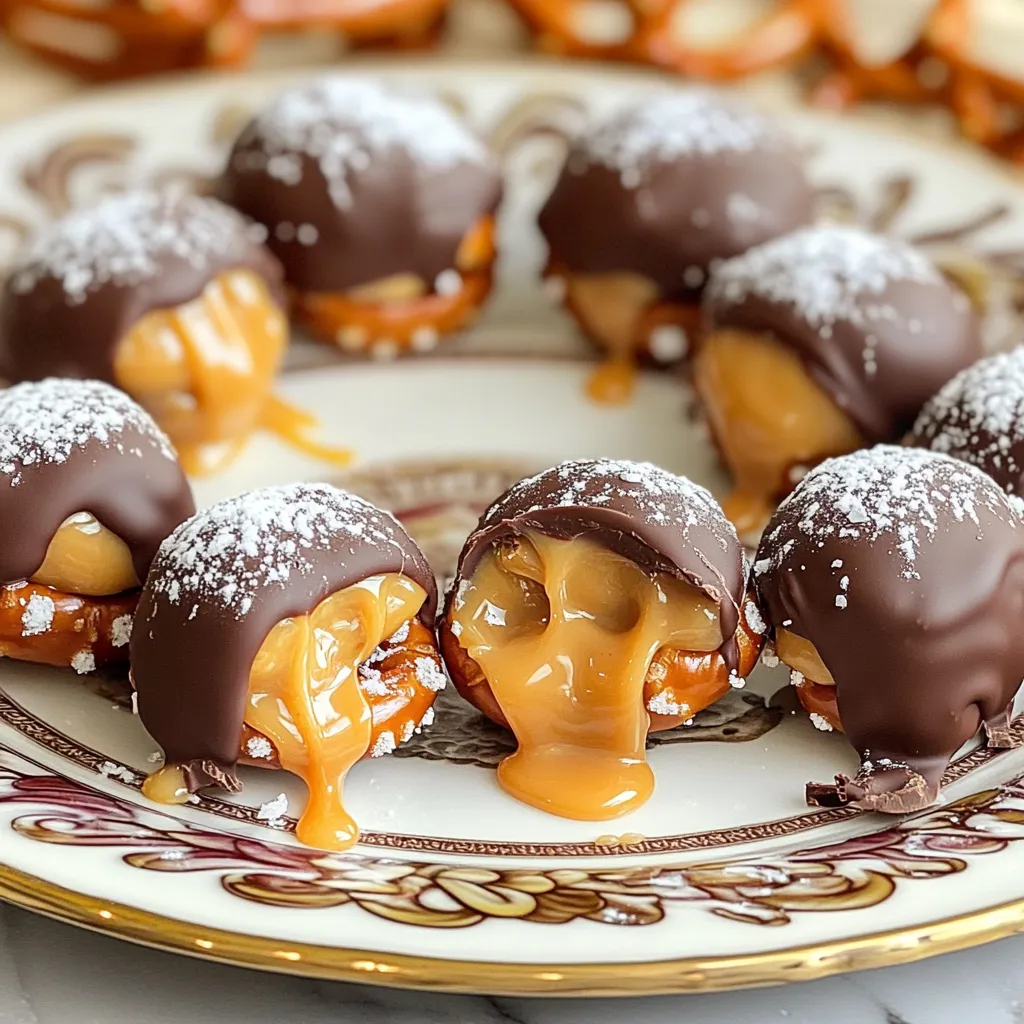 To make No-Bake Salted Caramel Pretzel Bites, gather these simple items: - 2 cups mini pretzel twists - 1 cup creamy peanut butter - 1/2 cup powdered sugar - 1/2 cup caramel sauce - 1/4 teaspoon sea salt - 1/2 cup milk chocolate chips - 1 teaspoon coconut oil You can swap ingredients as needed. For the peanut butter, almond butter works well. If you want a lower sugar option, use a sugar substitute in place of powdered sugar. For caramel sauce, look for a dairy-free version if you prefer. You can use dark chocolate chips instead of milk chocolate for a richer flavor. When choosing pretzels, pick brands that use simple ingredients. Look for creamy peanut butter with no added sugars or oils. For chocolate, select a brand with high cocoa content for best results. Always check the quality of the caramel sauce; it should be smooth and rich. Lastly, sea salt should be flaky and bright for a great finish. Start by grabbing a mixing bowl. Add one cup of creamy peanut butter and half a cup of powdered sugar. Stir these together until they form a smooth and thick mix. You want it to be easy to scoop. This mix is the heart of our pretzel bites. Now, take a mini pretzel twist. Scoop about a teaspoon of the peanut butter mix and press it into the center of the pretzel. Top it with another pretzel twist to make a sandwich. Repeat this with all the pretzels until they are filled. Place the pretzel sandwiches on a baking sheet lined with parchment paper. In a microwave-safe bowl, add half a cup of milk chocolate chips and one teaspoon of coconut oil. Heat this mixture in the microwave in 20-second intervals. Stir it after each interval until smooth and melted. Now, dip each pretzel bite halfway into the melted chocolate, letting the extra drip off. Place them back on the parchment-lined sheet. Once done, put the baking sheet in the fridge for about 30 minutes. This helps the chocolate set nicely. To get a great chocolate coating, start by melting the chocolate and coconut oil. Use a microwave-safe bowl and heat in short bursts. Stir the mixture every 20 seconds. This helps it melt evenly. When the chocolate is smooth, dip each pretzel bite halfway in. Let the extra chocolate drip off before placing them back on the sheet. This method gives an even, shiny coat. Store your pretzel bites in an airtight container. Layer them with parchment paper to keep them from sticking. They stay fresh at room temperature for about three days. If you want them to last longer, put them in the fridge. They can last up to a week when chilled. For long-term storage, you can freeze them. Just remember to wrap them well before putting them in the freezer. If your chocolate is too thick, add a bit more coconut oil. This will help it coat better. If your pretzel bites fall apart, make sure the peanut butter mixture is thick enough. If they still fall apart, try pressing the pretzels a bit harder when making the sandwiches. Lastly, if your caramel sauce is too runny, chill it slightly before drizzling. This will help it stick better to the pretzels. {{image_2}} You can boost the flavor of your pretzel bites in many ways. Try adding crushed nuts like pecans or almonds. A sprinkle of mini chocolate chips adds sweetness. You might also mix in a splash of vanilla extract for a nice aroma. For a fruity twist, add dried fruit like cranberries or cherries. Each addition brings a new taste to this treat. Feel free to get creative with your favorites. If you want a different look or taste, switch up the chocolate. White chocolate adds a sweet, creamy layer. Dark chocolate gives a rich flavor and pairs well with the salt. You can use both types for a fun half-and-half look. Just melt them the same way as the milk chocolate. Each coating changes the overall taste and appearance in a tasty way. You can swap ingredients for a fun twist. Use almond butter instead of peanut butter for a nutty flavor. Try using pretzel sticks instead of twists for a unique shape. If you want a salty kick, add crushed pretzels on top. For a caramel boost, drizzle extra caramel sauce over the bites before chilling. These swaps let you customize your no-bake salted caramel pretzel bites to your taste. To keep your pretzel bites fresh, store them in an airtight container. Line the container with parchment paper to avoid sticking. Keep them in a cool, dry place or in the fridge for longer shelf life. This helps maintain their texture and flavor. In the fridge, your pretzel bites will stay fresh for about one week. If you freeze them, they can last up to three months. Just make sure to wrap them well in plastic wrap before placing them in a freezer bag. If you want to enjoy them warm, heat them in the microwave for about 10-15 seconds. This will soften the chocolate and make them delicious again. Avoid heating them too long, as that can change their texture. Yes, you can make these pretzel bites ahead of time. They keep well in the fridge. I suggest making them a day in advance. This gives the flavors time to blend. Once made, store them in an airtight container. They will stay fresh and tasty for up to a week. If you want to freeze them, wrap each bite in plastic wrap. They can last about a month in the freezer. These pretzel bites are not nut-free because of the peanut butter. If you need a nut-free option, use sun butter or soy nut butter. Both options work well in this recipe. They give a similar taste and texture. Always check labels to ensure no cross-contamination occurs with allergens. To serve these bites at a party, place them on a nice plate. A tiered stand looks great and saves space. Drizzle extra caramel on top for a fancy touch. You can also sprinkle more sea salt for a pop of flavor. For added fun, offer small plates so guests can take a few. These bites are easy to enjoy and perfect for sharing! This blog post covered everything you need for delicious pretzel bites. We explored the best ingredients, tips for making them, and how to store them well. I shared how to melt chocolate and coat your bites perfectly. Remember, you can add fun flavors or swap ingredients to make each batch new. Keep your pretzel bites fresh with proper storage methods. Enjoy these tasty treats for any occasion. With these tips, you’ll impress your family and friends with your skills. Happy snacking!