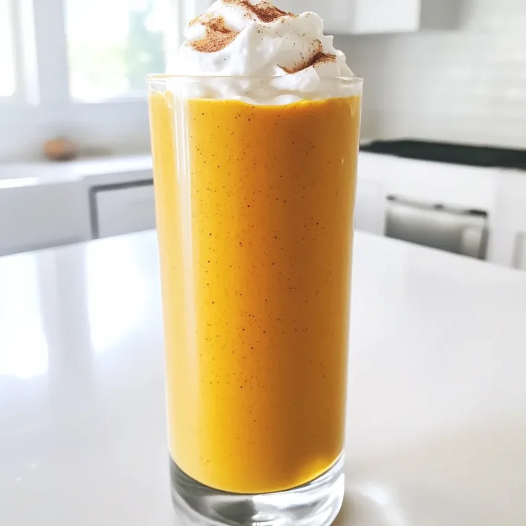 - 1 cup unsweetened almond milk - 1/2 cup canned pumpkin puree - 1 frozen banana - 1 scoop vanilla protein powder - 1 tablespoon maple syrup - 1 teaspoon pumpkin spice - 1/2 teaspoon vanilla extract - Ice cubes (optional) - Whipped coconut cream (optional) - Ground cinnamon (for garnish) To make this smoothie, start with 1 cup of unsweetened almond milk. This adds creaminess without dairy. Next, use 1/2 cup of canned pumpkin puree for that rich pumpkin taste. Add 1 frozen banana to give your drink a nice, smooth texture. One scoop of vanilla protein powder boosts the protein and flavor. Adjust the sweetness with 1 tablespoon of maple syrup. For warmth, add 1 teaspoon of pumpkin spice. A touch of 1/2 teaspoon vanilla extract enhances the overall taste. If you want it thicker, toss in some ice cubes. If you like, top with whipped coconut cream and a sprinkle of ground cinnamon. If you need a dairy-free option, almond milk works great. You can also swap the vanilla protein powder for plant-based protein. For a sugar-free version, use a sugar substitute instead of maple syrup. If you're avoiding bananas, try using half an avocado for creaminess. You can replace pumpkin spice with a mix of cinnamon, nutmeg, and ginger if you prefer. To start, gather all your ingredients. You will need: - 1 cup unsweetened almond milk - 1/2 cup canned pumpkin puree - 1 frozen banana - 1 scoop vanilla protein powder - 1 tablespoon maple syrup - 1 teaspoon pumpkin spice - 1/2 teaspoon vanilla extract - Ice cubes (optional) 1. Pour the almond milk into your blender. 2. Add the pumpkin puree next. 3. Toss in the frozen banana for creaminess. 4. Add the protein powder to boost nutrition. 5. Drizzle in the maple syrup for sweetness. 6. Sprinkle in the pumpkin spice and vanilla extract. Blend everything on high until smooth and creamy. If your smoothie is too thin, add ice cubes. Blend again to reach your desired thickness. For a creamier finish, use more frozen banana or less almond milk. Taste your blend. If you want it sweeter, add more maple syrup. Pour your smoothie into a tall glass. For a special touch, top it with whipped coconut cream. Finish with a sprinkle of ground cinnamon. This adds a nice aroma and extra flavor. Enjoy your Pumpkin Spice Latte Protein Smoothie immediately for the best taste! To boost the taste of your Pumpkin Spice Latte Protein Smoothie, use high-quality spices. Fresh pumpkin spice gives a bolder flavor than older blends. You can even mix your own using cinnamon, nutmeg, and ginger for a personalized touch. Adding a pinch of salt can also enhance sweetness. Don’t forget to taste as you mix. Adjust the maple syrup for the perfect sweetness. Choose unsweetened almond milk for a creamy base without added sugar. Canned pumpkin puree works best for its rich flavor and smooth texture. Use ripe, frozen bananas for natural sweetness. They add creaminess and chill the smoothie. When picking protein powder, look for one with clean ingredients and no added sugars. Always check the labels for allergens before selecting. For a thicker smoothie, add more frozen bananas or ice cubes. The frozen banana adds creaminess without extra calories. You can also freeze your almond milk in advance for a super thick texture. If you prefer, use Greek yogurt for a protein boost and creaminess. Just blend well to get the smooth texture you want. {{image_2}} You can easily turn this recipe dairy-free and vegan. Simply use unsweetened almond milk, which I already included. You can also skip the whipped coconut cream or use a plant-based version. Look for brands that use coconut or soy. This way, you keep the creamy texture without any dairy. If you want to switch the protein powder, that's simple too. You can try plant-based protein powders like pea or rice. These work well. You might also like hemp protein for a nutty taste. Each powder has a unique flavor and texture, so pick one you enjoy. You can adjust the spice level and sweetness to your liking. If you love spices, add more pumpkin spice or even a dash of cayenne. For sweetness, maple syrup is great, but you can use honey or agave. Start with a little and taste as you go. This way, you get the perfect blend for your taste buds. Store any leftover smoothie in the fridge. Use a sealed container. It stays fresh for about one day. Before drinking, shake or stir it well. The ingredients may separate, but that's normal. Freezing is a great option for meal prep. Pour your smoothie into ice cube trays. Once frozen, pop the cubes into a bag. When you're ready, blend the cubes with a little almond milk for a quick treat. Use glass jars or BPA-free plastic containers. They keep the smoothie fresh and safe. A mason jar works well, and it’s easy to carry. Choose containers with tight lids to avoid spills. This smoothie is packed with nutrients. It has protein from the protein powder and healthy fats from almond milk. The canned pumpkin provides fiber, which aids digestion. Bananas add potassium, great for heart health. Maple syrup gives natural sweetness, while pumpkin spice has antioxidants. This mix supports energy and keeps you full longer. Yes, you can skip the protein powder. Try adding Greek yogurt or silken tofu instead. Both will give you a creamy texture and some protein. You can also use more pumpkin or banana for body. This keeps the flavor rich and tasty without losing nutrition. To cut calories, use less maple syrup or skip it. The banana adds sweetness, so you may not need it. Choose unsweetened almond milk to lower calories. You can also skip the whipped coconut cream on top. These small changes make the smoothie lighter while keeping it delicious. This blog post covered everything you need for a great smoothie. We looked at the ingredients, measurements, and substitutions for your diet. I shared easy steps for blending and tips to get the best texture. We explored ways to enhance flavor and different variations, like dairy-free options. Plus, helpful storage tips keep leftovers fresh. In the end, smooth and tasty smoothies can fit anyone's needs. Grab your favorite ingredients and enjoy a nutritious drink that works for you!