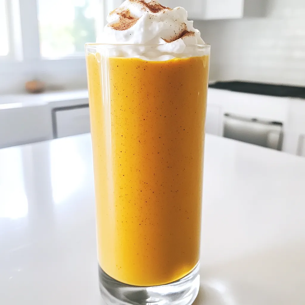 - 1 cup unsweetened almond milk - 1/2 cup canned pumpkin puree - 1 frozen banana - 1 scoop vanilla protein powder - 1 tablespoon maple syrup - 1 teaspoon pumpkin spice - 1/2 teaspoon vanilla extract - Ice cubes (optional) - Whipped coconut cream (optional) - Ground cinnamon (for garnish) To make this smoothie, start with 1 cup of unsweetened almond milk. This adds creaminess without dairy. Next, use 1/2 cup of canned pumpkin puree for that rich pumpkin taste. Add 1 frozen banana to give your drink a nice, smooth texture. One scoop of vanilla protein powder boosts the protein and flavor. Adjust the sweetness with 1 tablespoon of maple syrup. For warmth, add 1 teaspoon of pumpkin spice. A touch of 1/2 teaspoon vanilla extract enhances the overall taste. If you want it thicker, toss in some ice cubes. If you like, top with whipped coconut cream and a sprinkle of ground cinnamon. If you need a dairy-free option, almond milk works great. You can also swap the vanilla protein powder for plant-based protein. For a sugar-free version, use a sugar substitute instead of maple syrup. If you're avoiding bananas, try using half an avocado for creaminess. You can replace pumpkin spice with a mix of cinnamon, nutmeg, and ginger if you prefer. To start, gather all your ingredients. You will need: - 1 cup unsweetened almond milk - 1/2 cup canned pumpkin puree - 1 frozen banana - 1 scoop vanilla protein powder - 1 tablespoon maple syrup - 1 teaspoon pumpkin spice - 1/2 teaspoon vanilla extract - Ice cubes (optional) 1. Pour the almond milk into your blender. 2. Add the pumpkin puree next. 3. Toss in the frozen banana for creaminess. 4. Add the protein powder to boost nutrition. 5. Drizzle in the maple syrup for sweetness. 6. Sprinkle in the pumpkin spice and vanilla extract. Blend everything on high until smooth and creamy. If your smoothie is too thin, add ice cubes. Blend again to reach your desired thickness. For a creamier finish, use more frozen banana or less almond milk. Taste your blend. If you want it sweeter, add more maple syrup. Pour your smoothie into a tall glass. For a special touch, top it with whipped coconut cream. Finish with a sprinkle of ground cinnamon. This adds a nice aroma and extra flavor. Enjoy your Pumpkin Spice Latte Protein Smoothie immediately for the best taste! To boost the taste of your Pumpkin Spice Latte Protein Smoothie, use high-quality spices. Fresh pumpkin spice gives a bolder flavor than older blends. You can even mix your own using cinnamon, nutmeg, and ginger for a personalized touch. Adding a pinch of salt can also enhance sweetness. Don’t forget to taste as you mix. Adjust the maple syrup for the perfect sweetness. Choose unsweetened almond milk for a creamy base without added sugar. Canned pumpkin puree works best for its rich flavor and smooth texture. Use ripe, frozen bananas for natural sweetness. They add creaminess and chill the smoothie. When picking protein powder, look for one with clean ingredients and no added sugars. Always check the labels for allergens before selecting. For a thicker smoothie, add more frozen bananas or ice cubes. The frozen banana adds creaminess without extra calories. You can also freeze your almond milk in advance for a super thick texture. If you prefer, use Greek yogurt for a protein boost and creaminess. Just blend well to get the smooth texture you want. {{image_2}} You can easily turn this recipe dairy-free and vegan. Simply use unsweetened almond milk, which I already included. You can also skip the whipped coconut cream or use a plant-based version. Look for brands that use coconut or soy. This way, you keep the creamy texture without any dairy. If you want to switch the protein powder, that's simple too. You can try plant-based protein powders like pea or rice. These work well. You might also like hemp protein for a nutty taste. Each powder has a unique flavor and texture, so pick one you enjoy. You can adjust the spice level and sweetness to your liking. If you love spices, add more pumpkin spice or even a dash of cayenne. For sweetness, maple syrup is great, but you can use honey or agave. Start with a little and taste as you go. This way, you get the perfect blend for your taste buds. Store any leftover smoothie in the fridge. Use a sealed container. It stays fresh for about one day. Before drinking, shake or stir it well. The ingredients may separate, but that's normal. Freezing is a great option for meal prep. Pour your smoothie into ice cube trays. Once frozen, pop the cubes into a bag. When you're ready, blend the cubes with a little almond milk for a quick treat. Use glass jars or BPA-free plastic containers. They keep the smoothie fresh and safe. A mason jar works well, and it’s easy to carry. Choose containers with tight lids to avoid spills. This smoothie is packed with nutrients. It has protein from the protein powder and healthy fats from almond milk. The canned pumpkin provides fiber, which aids digestion. Bananas add potassium, great for heart health. Maple syrup gives natural sweetness, while pumpkin spice has antioxidants. This mix supports energy and keeps you full longer. Yes, you can skip the protein powder. Try adding Greek yogurt or silken tofu instead. Both will give you a creamy texture and some protein. You can also use more pumpkin or banana for body. This keeps the flavor rich and tasty without losing nutrition. To cut calories, use less maple syrup or skip it. The banana adds sweetness, so you may not need it. Choose unsweetened almond milk to lower calories. You can also skip the whipped coconut cream on top. These small changes make the smoothie lighter while keeping it delicious. This blog post covered everything you need for a great smoothie. We looked at the ingredients, measurements, and substitutions for your diet. I shared easy steps for blending and tips to get the best texture. We explored ways to enhance flavor and different variations, like dairy-free options. Plus, helpful storage tips keep leftovers fresh. In the end, smooth and tasty smoothies can fit anyone's needs. Grab your favorite ingredients and enjoy a nutritious drink that works for you!