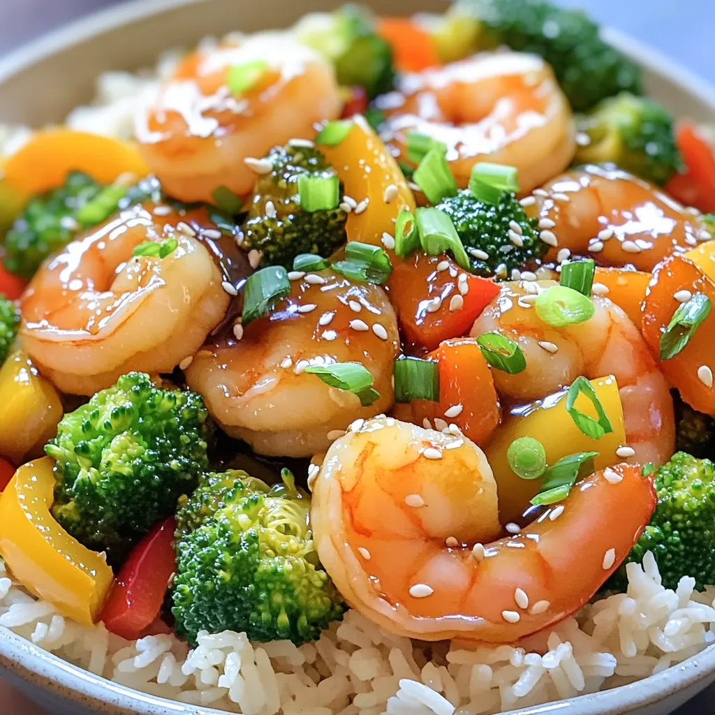 To make tasty teriyaki shrimp rice bowls, you will need: - 1 lb (450g) shrimp, peeled and deveined - 2 cups cooked jasmine rice - 1/4 cup teriyaki sauce - 1 tablespoon sesame oil - 1 tablespoon fresh ginger, minced - 2 cloves garlic, minced - 1 cup broccoli florets - 1 bell pepper, thinly sliced (any color) - 1/4 cup green onions, chopped - Salt and pepper to taste These ingredients work well together. The shrimp adds protein, while the veggies bring color and crunch. Jasmine rice provides a nice base for the dish. You can add some fun touches to your bowls: - 1 tablespoon sesame seeds (for garnish) - Extra green onions, chopped These garnishes not only look great, but they also add flavor and texture. Sesame seeds give a nutty crunch, while green onions add freshness. You'll need a few simple tools to make this meal: - Large skillet - Spatula or wooden spoon - Measuring cups and spoons - Knife and cutting board Using the right tools makes cooking easier and more fun. A large skillet helps you cook everything evenly. A spatula lets you stir well without breaking the shrimp. First, gather all your ingredients. You need shrimp, rice, teriyaki sauce, and veggies. Start with the shrimp. Make sure they are peeled and deveined. This saves time and makes cooking easier. Next, wash your broccoli and cut it into small florets. Slice your bell pepper into thin strips. This helps them cook faster and blend well in the dish. Mince the garlic and ginger. This adds great flavor to your meal. Now, heat the sesame oil in a large skillet. Use medium-high heat for the best results. Once the oil is hot, add the minced garlic and ginger. Sauté them for about one minute. You want them to smell nice but not burn. Next, toss in the broccoli and bell pepper. Stir them around for about three to four minutes. They should be tender but still a bit crisp. After the veggies are ready, push them to the side of the skillet. Add the shrimp to the empty space. Season them with salt and pepper. Cook the shrimp for two to three minutes on each side. They will turn pink and opaque when done. Pour the teriyaki sauce over the shrimp and veggies. Stir everything well to coat it evenly. Let it simmer for about two minutes. While that simmers, warm your cooked jasmine rice. You can use a microwave or a pan. Just make sure it’s nice and hot. To serve, scoop the warm jasmine rice into bowls. Top it with the teriyaki shrimp and vegetables. For a pop of color, sprinkle chopped green onions on top. Add sesame seeds for extra crunch. This meal looks great and tastes even better. Enjoy your quick and easy teriyaki shrimp rice bowls! To get the best shrimp, start with fresh or thawed shrimp. Rinse them under cold water. Pat them dry with a paper towel. This helps them sear well. When you cook shrimp, don’t overcrowd the pan. Cook them in batches if needed. This lets each shrimp get a nice golden color. Cook them just until they turn pink and opaque. Overcooking makes them tough. You can boost flavor easily. Try adding a splash of lime juice for zest. You can also mix in some pineapple chunks for sweetness. If you like heat, add red pepper flakes or sliced jalapeños. For a rich taste, a bit of soy sauce is great too. Fresh herbs like cilantro can add a nice touch as well. To save time, use pre-cooked shrimp. They only need to be heated through. You can also use frozen vegetables. Just toss them in the skillet straight from the freezer. For faster rice, use microwaveable jasmine rice packets. This cuts down cooking time. Preparing the sauce in advance helps too. Store it in the fridge for quick meals. {{image_2}} You can change the shrimp to fit your taste. Chicken or beef works well. For chicken, use bite-sized pieces. Cook them until no longer pink. For beef, choose thin strips and sear them quickly. Tofu is another great option. It soaks up flavors nicely. Use firm tofu and cut it into cubes. Sauté until golden brown for a nice texture. If you want a vegetarian or vegan meal, skip the shrimp and meat. Use tofu or tempeh instead. Both options give protein and texture. You can also add more veggies. Try mushrooms, snap peas, or carrots. They will add color and crunch. Use soy sauce or a vegan teriyaki sauce for flavor. This keeps the dish tasty and healthy. Want to boost the flavor? Add spices or sauces. Sriracha adds heat if you like it spicy. A splash of lime juice brightens the dish. For a sweet touch, try honey or maple syrup. You can also add fresh herbs like cilantro or basil. These herbs add freshness and depth. Serve with pickled ginger or wasabi for extra zing. To keep your teriyaki shrimp rice bowls fresh, store leftovers in an airtight container. Make sure to let the dish cool down before sealing it. This helps prevent moisture buildup. You can keep it in the fridge for up to three days. If you want to maintain the taste and texture, try to separate the shrimp and rice before storing. When you're ready to enjoy your leftovers, reheat them gently. You can use the microwave or a skillet. If using the microwave, heat for 1-2 minutes at medium power. Stir halfway through to avoid hot spots. If using a skillet, add a splash of water or teriyaki sauce to keep it moist. Heat on low until warmed through. This way, your meal stays tasty and juicy. If you want to freeze your teriyaki shrimp rice bowls, it's best to do this right after cooking. Place the shrimp and veggies in one container and the rice in another. Make sure to use freezer-safe containers. They can last for up to three months in the freezer. When you're ready to eat, thaw overnight in the fridge and reheat as mentioned above. This method preserves flavor and texture well. Teriyaki shrimp rice bowls can last in the fridge for about 3 to 4 days. Make sure to store them in an airtight container. This keeps the shrimp and veggies fresh. You can enjoy this tasty meal later in the week. Just reheat it before serving. Yes, you can use frozen shrimp for this recipe. Just remember to thaw them first. You can place them in the fridge overnight or run them under cold water. Once thawed, peel and devein them if needed. This makes cooking easy and fast. You can add many different vegetables to your rice bowls. Some great options are: - Snap peas - Carrots, thinly sliced - Zucchini, diced - Mushrooms, sliced - Baby corn These veggies add color and extra nutrients. Feel free to mix and match! This blog post covered all you need for teriyaki shrimp rice bowls. We discussed key ingredients, helpful tips, and cooking steps. You learned to enhance flavors and adjust protein options. Remember to store your leftovers well, so they taste great later. Now, get creative with your rice bowls! Explore new flavors and share your favorite combinations with friends. Enjoy making this dish at home, and impress everyone with your cooking skills.