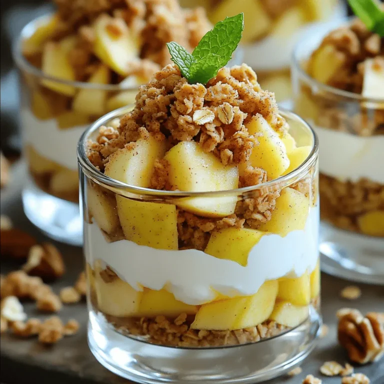 To make your Cinnamon Apple Crisp Parfaits, gather these items: - 3 medium apples (like Granny Smith or Honeycrisp) - 2 tablespoons sugar - 1 teaspoon ground cinnamon - 1 tablespoon lemon juice - 1 cup rolled oats - 1 cup all-purpose flour - 1/2 cup brown sugar, packed - 1/2 teaspoon salt - 1/2 cup unsalted butter, melted - 1 cup vanilla yogurt You can add extra flavors or textures with these items: - 1/2 cup chopped walnuts - Fresh mint leaves for garnish I recommend using tart apples for a great balance. Granny Smith apples work well. Honeycrisp apples add sweetness and crunch. You can mix different types for more flavor. To start, take three medium apples. I like using Granny Smith or Honeycrisp. Peel, core, and dice the apples into small pieces. In a large bowl, mix the diced apples with two tablespoons of sugar, one teaspoon of ground cinnamon, and one tablespoon of lemon juice. Toss everything well so the apples get coated evenly. Let this sit for about 15 minutes. This step helps the apples soften and soak up the flavors. Next, grab another bowl for the crisp topping. Combine one cup of rolled oats, one cup of all-purpose flour, half a cup of packed brown sugar, and half a teaspoon of salt. Pour in half a cup of melted unsalted butter. Mix it all together until it looks like coarse crumbs. This will give your topping that nice, crunchy texture. Now, preheat your oven to 350°F (175°C). Spread the crumble mixture evenly on a baking sheet lined with parchment paper. Bake it for 15 to 20 minutes, stirring halfway through. You want the topping to turn golden and crisp. Once done, take it out and let it cool. It's time to build the parfaits! Use clear parfait glasses for a beautiful look. Start by adding a layer of the baked apple mixture at the bottom. Then, add a generous dollop of vanilla yogurt. Sprinkle some of the crisp topping over the yogurt. Repeat these layers until the glasses are full. Finish with a layer of yogurt on top. For a lovely finish, sprinkle chopped walnuts on top if you like. They add a nice crunch. You can also place a few fresh mint leaves on top for color and a pop of freshness. This small touch makes your parfaits look even more appealing! Layering is key to a great parfait. Start with apples at the bottom. The apples add flavor and moisture. Then, spoon in the yogurt. This creamy layer balances the tart apples. Next, sprinkle the crisp topping to add crunch. Repeat these layers until you reach the top. End with yogurt and a sprinkle of topping. This gives a beautiful look and great taste. Clear glasses show off those lovely layers. A great crisp topping makes your parfait shine. Mix oats, flour, brown sugar, and salt. Then, pour in the melted butter. Use your hands to mix until it looks like coarse crumbs. Bake until golden brown and crispy. Stir halfway through to ensure even cooking. Let it cool completely. This keeps it crunchy when you layer it. You can also add nuts for extra flavor and texture. Serve your parfaits chilled for the best taste. They are great for breakfast or dessert. For a fun twist, try adding fresh fruits like berries or bananas. Pair your parfaits with coffee or tea for a cozy treat. You can also make mini parfaits for a party. Just use smaller glasses. This way, everyone can enjoy a tasty bite! {{image_2}} To make this parfait gluten-free, swap the all-purpose flour. Use gluten-free flour blends instead. They work well in the crisp topping. Make sure your oats are certified gluten-free. This keeps your dessert safe for those with gluten allergies. Enjoy the same great taste without worry! For a vegan version, replace the butter with coconut oil. It adds a nice flavor. Use plant-based yogurt instead of vanilla yogurt. Almond or coconut yogurt works great. You can also skip the walnuts for a nut-free option. These changes keep the dessert creamy and delicious! Add new flavors for a fun twist. Mix in some nutmeg with the cinnamon for warmth. Try adding a splash of vanilla extract to the apple mixture. You can even top with a drizzle of caramel sauce for extra sweetness. These small tweaks make your parfaits unique and exciting! To keep your leftover parfaits fresh, cover them with plastic wrap. You can also use airtight containers. Store them in the fridge for up to three days. The layers may soften a bit, but the flavors will still shine. If you want to enjoy them later, avoid adding the crisp topping until you serve. You can freeze the apple mixture and the crisp topping, but not the yogurt. Place the apple mixture in a freezer-safe bag. Squeeze out the air and seal it tightly. For the crisp topping, spread it on a baking sheet, freeze until solid, then transfer to a bag. Use both within three months for the best taste. To enjoy later, thaw them in the fridge overnight. To reheat the apple mixture, place it in a pot over low heat. Stir until warm, about 5 minutes. For the crisp topping, bake it for a few minutes at 350°F (175°C) until it becomes crispy again. Avoid reheating yogurt. Instead, add fresh yogurt when you're ready to serve. This keeps the parfaits delicious and fresh. For the best flavor, I recommend using Granny Smith or Honeycrisp apples. These apples balance sweetness and tartness well. They hold their shape during cooking, giving you a nice texture in your parfaits. You can also try Fuji or Braeburn apples for a sweeter twist. Yes, you can make this dessert ahead of time. To save time, prepare the apple mixture and the crisp topping a day in advance. You can layer the parfaits just before serving. This way, the flavors have time to blend, and you still enjoy a fresh dessert. You can store the parfaits in the refrigerator for up to two days. However, the crisp topping may lose some crunch over time. If you prefer a crunchy topping, add it just before serving. Keep the parfaits covered to maintain freshness. Absolutely! If you want a dairy-free option, try using coconut yogurt or almond yogurt. Both options work well in this recipe. You can also use whipped cream for a richer taste. Just remember, the flavor will change slightly, but it will still be delicious. If you want to skip walnuts, try using pecans or almonds. Both add a nice crunch and flavor. You can also use sunflower seeds for a nut-free option. Each choice brings a unique taste while still enhancing the parfait's texture. You learned how to create delicious Cinnamon Apple Crisp Parfaits. We covered the needed ingredients, helpful tips, and steps for perfecting your dish. This dessert offers great ways to add your flair. Remember, you can easily store or freeze leftovers for later enjoyment. Experiment with the variations for a unique twist. With this guide, you have all you need to impress. Enjoy making these parfaits and sharing them with others!