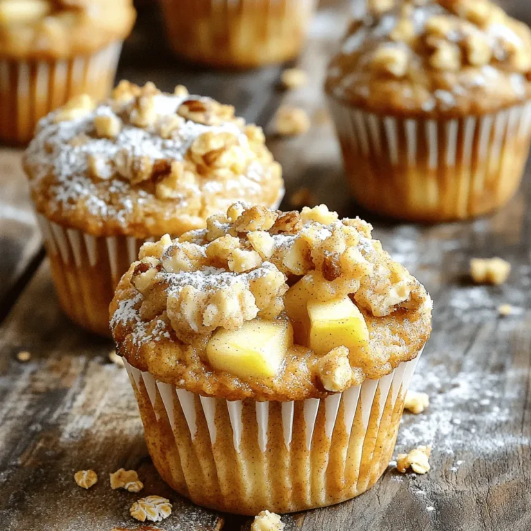 - 1 cup all-purpose flour - 1 cup whole wheat flour - 1 teaspoon baking powder - 1/2 teaspoon baking soda - 1/2 teaspoon salt - 1 teaspoon ground cinnamon - 1/4 teaspoon nutmeg - 1/2 cup brown sugar - 1/4 cup granulated sugar - 1/2 cup unsalted butter, melted - 2 large eggs - 1/2 cup milk - 2 cups diced apples (about 2 medium apples) - 1/2 cup rolled oats (for topping) - 1/4 cup chopped walnuts or pecans (optional, for topping) - 1 tablespoon sugar (for topping) Gather these ingredients for a cozy baking experience. The blend of all-purpose and whole wheat flour gives these muffins a hearty base. Baking powder and baking soda help them rise perfectly. Add salt, cinnamon, and nutmeg for warm, inviting flavors. For the wet mix, combine the richness of brown sugar with the sweetness of granulated sugar. Melted unsalted butter makes the muffins tender. Eggs and milk add moisture and richness. Finally, fold in diced apples for sweetness and texture. The rolled oats and nuts create a crunchy topping that contrasts the soft muffin. Don't forget that sprinkle of sugar for extra sparkle! These simple yet delicious ingredients make the perfect apple crumble muffins. To make your muffins, start by preheating your oven to 350°F (175°C). This temperature ensures even baking. Then, prepare your muffin tin. You can either line it with paper liners or grease it lightly with butter or oil. This step helps the muffins come out easily after baking. Now, let’s combine the dry ingredients. In a large bowl, mix together 1 cup of all-purpose flour, 1 cup of whole wheat flour, 1 teaspoon of baking powder, 1/2 teaspoon of baking soda, 1/2 teaspoon of salt, 1 teaspoon of ground cinnamon, and 1/4 teaspoon of nutmeg. Whisk these together until they are well blended. Next, in another bowl, mix the wet ingredients. Add 1/2 cup of melted unsalted butter, 1/2 cup of brown sugar, and 1/4 cup of granulated sugar. Stir until smooth. Then, add 2 large eggs and 1/2 cup of milk. Whisk until everything is fully combined. Now it’s time to merge the wet and dry mixtures. Gradually add the wet mix to the dry ingredients. Stir gently until just combined. Be careful not to overmix! Then, fold in 2 cups of diced apples, making sure they are evenly spread throughout the batter. In a small bowl, create your crumble topping. Mix 1/2 cup of rolled oats, 1/4 cup of chopped walnuts or pecans (if using), and 1 tablespoon of sugar. Now, divide the muffin batter evenly into the prepared muffin tin. Fill each cup about 2/3 full. Sprinkle the crumble topping generously over each muffin. Finally, bake the muffins in the preheated oven for 20-22 minutes. Check if they are done by inserting a toothpick into the center. If it comes out clean, they are ready! Allow them to cool in the tin for 5 minutes, then transfer to a wire rack to cool completely. Enjoy your delicious apple crumble muffins! - Measure your flour correctly. Use a spoon to fill your measuring cup. - Level it off with a knife for accuracy. - Use room temperature eggs and milk. This helps your muffins rise well. - Do not overmix the batter. Mix just until you see no dry flour. - Serve your muffins warm for the best taste. - They are great at room temperature, too! - Try adding a dollop of whipped cream or yogurt on top. - Pair them with a cup of hot tea or coffee for a cozy treat. - If your muffins turn out dry, try adding a bit more milk next time. - Make sure not to bake them too long. Check for doneness at 20 minutes. - For even baking, rotate the muffin tin halfway through baking. - If you notice uneven tops, consider using an oven thermometer. This checks your oven's true temperature. {{image_2}} You can easily make these muffins fit your needs. - For a gluten-free option, use a gluten-free flour blend. Make sure it has xanthan gum for better structure. - Different apples can change the taste. Try Granny Smith for tartness or Fuji for sweetness. Each type gives a unique flavor. Want to spice things up? - Add a dash of ginger or allspice for an extra kick. Just a little can change the whole muffin. - Dried fruits can add great texture. Raisins or cranberries mix well with the apples. Make your muffins fit the season. - In the fall, add pumpkin spice for a cozy feel. It pairs perfectly with apples. - In summer, swap apples for peaches or berries. These fruits also add freshness and sweetness. To keep your apple crumble muffins fresh, store them in an airtight container. This helps to keep them moist. Place a paper towel inside the container to absorb excess moisture. You can also use a zip-top bag, but ensure you remove as much air as possible. For longer storage, freeze the muffins. Wrap each muffin tightly in plastic wrap. Place them in a freezer bag, and label the bag with the date. They can last up to three months in the freezer without losing flavor. When you want to enjoy your muffins again, reheating is simple. The oven gives the best results. Preheat your oven to 350°F (175°C). Place the muffins on a baking sheet and heat for about 10 minutes. This method keeps them soft and warm. You can also use a microwave for quick reheating. Heat each muffin for about 15-20 seconds at medium power. However, this may make them a bit soggy, so use it as a last resort. These delicious muffins stay fresh for about 3-4 days at room temperature. Store them properly in an airtight container to keep them tasty. If you notice any mold or an off smell, it’s best to toss them. Signs of spoilage include a dry texture or a sour taste. Always trust your senses when checking food freshness. To make your muffins moist, use more apples. The moisture from the apples helps a lot. You can also add a bit more milk or butter. This adds richness and keeps the muffins soft. Avoid overbaking; check them around 20 minutes. You want a toothpick to come out clean, but not dry. Yes, you can use less sugar. Reducing sugar by a quarter is often fine. The muffins will still taste good, but they may not be as sweet. You can also use apple sauce as a natural sweetener. This adds moisture and keeps the flavor balanced. For baking, I love using Granny Smith or Honeycrisp apples. Granny Smith adds a nice tartness, while Honeycrisp is sweet and crisp. You can mix different apples for more flavor. Just make sure they are firm and fresh for the best results. To make vegan muffins, swap eggs for flax eggs. Mix one tablespoon of flaxseed meal with three tablespoons of water for each egg. Use plant-based milk, like almond or oat milk, instead of regular milk. Also, replace the butter with coconut oil or vegan butter. Yes, you can prepare the batter ahead. Just mix it and store it in the fridge for up to 24 hours. When you're ready to bake, stir it gently before pouring into the muffin tin. This keeps the muffins fresh and ready to enjoy! This blog post shared a thorough guide on making delicious muffins. We discussed key ingredients, step-by-step instructions, and helpful tips to improve your baking. You learned about ingredient substitutions and seasonal variations to customize your muffins. Remember, measuring accurately and avoiding overmixing are crucial. Store your muffins right for freshness. Enjoy them warm or with your favorite toppings for a tasty treat. Now, you're ready to bake and create your perfect muffin!