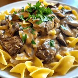 - 2 pounds beef chuck, cut into 1-inch pieces - 1 medium onion, finely chopped - 8 ounces mushrooms, sliced - 4 cups beef broth For the beef stroganoff, you need good meat. Beef chuck works best because it becomes tender when cooked slowly. The onion adds sweetness, while mushrooms bring an earthy flavor. Low-sodium beef broth helps keep the dish rich without being too salty. - 2 tablespoons Worcestershire sauce - 2 tablespoons soy sauce - 1 teaspoon dried thyme The Worcestershire sauce gives it depth. Soy sauce adds umami, making every bite savory. Dried thyme brings a hint of freshness that balances the rich flavors. - Fresh parsley, chopped - Egg noodles for serving When serving, sprinkle fresh parsley on top. It adds a pop of color and freshness. Serve it over soft egg noodles, which soak up the tasty sauce perfectly. This dish is all about comfort, and those noodles do just that. Start by seasoning the beef chunks with salt and pepper. This step adds flavor right from the start. Next, heat a large skillet over medium-high heat. Sear the beef in batches until it turns brown on all sides. This should take about 4-5 minutes per batch. Once browned, transfer the beef to the slow cooker. This helps lock in the juices and flavor. In the same skillet, add the chopped onion. Cook it for about 2-3 minutes until it looks clear. Then, add the minced garlic and sliced mushrooms. Sauté these for another 5 minutes. This step makes the mushrooms tender and brings out their rich flavor. Now, transfer the onion and mushroom mix to the slow cooker with the beef. Next, pour in the beef broth, Worcestershire sauce, soy sauce, dried thyme, and paprika. Stir everything well to combine. This mix creates a deep, savory sauce that will soak into the beef. Cover the slow cooker with its lid. Cook on low for 7-8 hours or on high for 4-5 hours. The low and slow method helps the beef become tender and flavorful. If you’re short on time, the high setting works too, but the low method is best for taste. About 30 minutes before serving, prepare a cornstarch slurry. Mix 2 tablespoons of cornstarch with 2 tablespoons of water in a small bowl. Stir this slurry into the slow cooker. Then, mix in the sour cream until everything is well combined. Cook for an additional 30 minutes on high. This thickens the sauce nicely. As the dish nears completion, boil the egg noodles according to the package instructions. This usually takes about 7-9 minutes. Once cooked, drain the noodles and set them aside. They will soak up the delicious sauce when you serve the beef stroganoff. The best cut for slow cooking is beef chuck. It has a good amount of fat and connective tissue. This makes it tender and flavorful after long cooking. When choosing beef chuck, look for bright red meat. Avoid cuts that have a lot of gristle or are too lean. To select the right beef chuck, feel the meat. It should be firm but yield slightly when pressed. Fat is key for flavor and moisture in the dish. Seasoning is very important. Use salt and pepper to enhance the beef's natural taste. You can also add garlic powder or onion powder for depth. Fresh herbs like thyme and parsley work great too. Adding veggies can boost flavor and nutrition. Consider adding carrots or celery to the mix. You can also try a splash of red wine for extra richness. For sides, egg noodles are classic. They soak up the sauce well. You could also serve it with rice or mashed potatoes. A light salad pairs nicely too. When it comes to wine, a medium-bodied red is a good choice. Try a Merlot or a Pinot Noir. These wines complement the beef and sauce flavors beautifully. {{image_2}} For a rich and earthy flavor, add more mushrooms. Use 12 ounces instead of 8. This change gives you a creamier texture and a stronger taste. You can mix different types of mushrooms, like shiitake or portobello. This twist enhances the dish while keeping it simple. Want to lighten the dish? Swap sour cream for Greek yogurt. It adds creaminess without the extra fat. You can also use low-fat beef broth. For noodles, choose whole wheat or zucchini noodles for a gluten-free option. These swaps keep the taste while making it healthier. Boost nutrition by adding veggies. Try carrots, peas, or bell peppers. Chop them into small pieces, so they cook well. Add these veggies in the last hour of cooking to keep them tender. This will give your stroganoff more color and flavor. After enjoying your beef stroganoff, you may have some left. Store it in the fridge. Use an airtight container for best results. Your leftovers will stay fresh for about three to four days. If you want to keep it longer, consider freezing it. Place the stroganoff in freezer-safe bags or containers. It can last up to three months in the freezer. Reheating beef stroganoff is easy. The best way is to use the stovetop. Pour the desired amount into a pan. Heat it slowly over medium heat, stirring often. This keeps the meat tender. You can also use the microwave. Place the stroganoff in a microwave-safe bowl. Cover it with a lid or microwave-safe wrap. Heat it in 30-second intervals, stirring in between. In the fridge, beef stroganoff lasts three to four days. In the freezer, it can last up to three months. Always check for signs of spoilage before eating. Look for a sour smell, discoloration, or mold. If you see any, throw it away. Keeping your food safe is important for enjoying tasty meals! Yes, you can use other cuts for this dish. Beef chuck is great, but try these: - Brisket - Round roast - Flank steak These cuts also work well in slow cooking. They become tender and tasty over time. To keep beef tender, follow these tips: - Sear the beef before slow cooking. - Cook on low heat for longer periods. - Avoid opening the lid too often. These steps help lock in moisture and flavor, making the beef soft and juicy. Yes, you can adapt it for the stovetop. Here’s how: 1. Sear the beef in a large pot. 2. Add the onions, garlic, and mushrooms as usual. 3. Pour in the broth and sauces, then simmer on low for about 1.5 hours. Stir occasionally and check for tenderness. If you need a substitute for sour cream, try these options: - Greek yogurt - Cream cheese - Crème fraîche Each adds creaminess and flavor. Adjust the amount to taste. Yes, you can use beef broth. Here’s the difference: - Broth is lighter and more flavorful. - Stock is richer and thicker due to bones. Either option works, but stock gives a deeper flavor. This blog covered how to make a tasty beef stroganoff. We went through the main ingredients, tips for cooking, and tasty variations. You now know how to pick good beef, enhance flavors, and store leftovers. Remember, the slow cooker makes this dish easy and delicious. With simple adjustments, you can make it healthier or customize it to your taste. Enjoy making this meal and sharing it with family and friends!