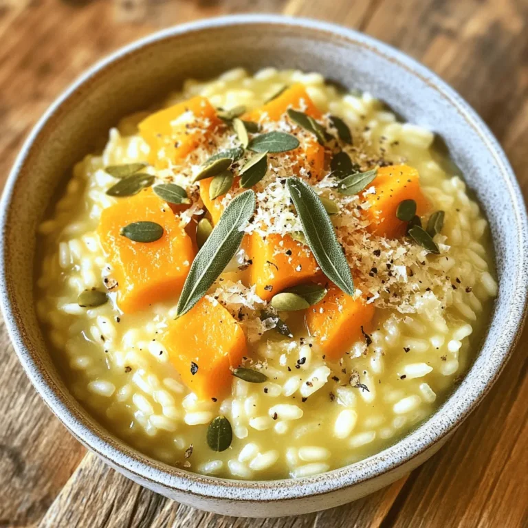 To make a delicious butternut squash sage risotto, you will need: - 1 cup Arborio rice - 2 cups butternut squash, diced - 4 cups vegetable broth - 1 small onion, finely chopped - 2 cloves garlic, minced - 1/2 cup grated Parmesan cheese (or nutritional yeast for a vegan option) - 2 tablespoons olive oil - 1 tablespoon fresh sage, chopped (or 1 teaspoon dried sage) - Salt and pepper to taste - 1 tablespoon butter (or plant-based butter for a vegan option) - Optional: pumpkin seeds for garnish When choosing butternut squash, look for ones that are firm and heavy for their size. The skin should be smooth and free of blemishes. A rich, orange color indicates ripeness. If it feels soft or has dark spots, it might not taste great. If you want a vegan version, replace the Parmesan cheese with nutritional yeast. For a dairy-free option, use plant-based butter. To make the dish gluten-free, ensure your broth is labeled gluten-free. This way, everyone can enjoy this creamy risotto! First, grab a medium saucepan. Pour in 4 cups of vegetable broth. Heat it over medium heat until it simmers. This keeps the broth warm for the risotto. Keeping it hot helps the rice cook evenly and absorb flavor. Next, take a large skillet and add 2 tablespoons of olive oil. Heat it over medium heat. Toss in 1 small chopped onion. Cook it for about 3-4 minutes until it turns soft and clear. Then, add 2 minced garlic cloves and 2 cups of diced butternut squash. Cook these for about 5 minutes. Stir often to prevent sticking. The squash should start to soften and smell great. Now, it's time for the rice. Add 1 cup of Arborio rice to the skillet. Stir it well, coating the rice with oil. Toast it for about 2 minutes until it looks slightly clear. Start adding the warm vegetable broth. Use one ladle at a time while stirring. Wait until most of the broth is absorbed before adding more. This process will take about 20-25 minutes. Keep stirring the rice as you go. It helps create that creamy texture we love. When the rice is creamy and just firm, remove the skillet from heat. Stir in 1/2 cup of grated Parmesan cheese. If you want a vegan option, use nutritional yeast instead. Add 1 tablespoon of butter or plant-based butter for richness. Mix until everything is melted and smooth. Taste the risotto and season with salt and pepper. You can also add more sage if you like. Serve it warm, and consider adding pumpkin seeds for a nice crunch. To get that creamy texture, use Arborio rice. This rice has more starch, which helps create creaminess. Stir often as you cook. This helps release the starch and makes the risotto smooth. Always add warm broth slowly. This gives the rice time to absorb the liquid. Keep an eye on the rice as it cooks. Stir frequently and check for doneness. The rice should be al dente, meaning it should have a little bite. If you cook it too long, it can turn mushy. Remove it from the heat as soon as it reaches your desired texture. You can add more flavor with herbs and spices. Try adding thyme or rosemary for a different taste. A sprinkle of nutmeg can add warmth, too. For a kick, consider a pinch of red pepper flakes. Taste as you go, and adjust the flavors to your liking. {{image_2}} You can switch butternut squash for other veggies. Seasonal options include pumpkin, sweet potatoes, or peas. Each brings its own taste and texture. For instance, pumpkin adds sweetness while peas add a fresh crunch. Just remember to adjust cooking times based on the vegetable you choose. To make risotto heartier, add a protein. Cooked chicken, shrimp, or even tofu works great. If using chicken or shrimp, add them in the last five minutes of cooking. For plant-based options, use chickpeas or lentils. This boosts flavor and makes the dish more filling. If you're looking for vegan options, swap out cheese and butter. Use nutritional yeast for a cheesy taste without dairy. Replace butter with plant-based butter or olive oil. The creamy texture will still shine through. This way, everyone can enjoy this comforting dish! To keep your butternut squash sage risotto fresh, store it in an airtight container. Let it cool down to room temperature. Then, place it in the fridge. It will last for about 3 to 5 days. If you have a lot left, portion it out. This makes for easy meals later. When you’re ready to eat the risotto, add a splash of broth or water. This helps bring back the creamy texture. Heat it in a saucepan over medium heat. Stir it often to avoid sticking. You can also use a microwave. Just cover it with a damp paper towel and heat in short bursts, stirring in between. If you want to freeze your risotto, use a freezer-safe container. Make sure to leave some space at the top, as it will expand. It can be frozen for up to 3 months. To thaw, move it to the fridge overnight. Reheat it gently on the stove or in the microwave. Add a bit of broth to restore creaminess. It takes about 35 minutes to cook butternut squash risotto. You first heat the broth, then sauté the veggies, and finally add the rice. Stirring is key during this time. The rice absorbs the broth slowly, creating a creamy texture. You can make risotto ahead of time, but it may not be as creamy when reheated. If you choose to do this, undercook the rice slightly. This way, it will not turn mushy when you reheat it. The best rice for risotto is Arborio rice. It has a high starch content, which helps create that creamy texture we all love. Other good options include Carnaroli or Vialone Nano, but Arborio is the most common. Yes, you can use chicken broth instead of vegetable broth. This will add extra flavor to your risotto. Just make sure to adjust the seasoning to fit your taste. You might need less salt if the broth is salty. Butternut squash risotto is a tasty dish that’s easy to make. We covered key ingredients and tips for selecting fresh squash. I shared how to prepare the broth, sauté veggies, and achieve that creamy texture. You can also switch up the recipe with different veggies or proteins to fit your diet. Storing and reheating leftovers is simple, making it convenient for busy days. With these steps, you can enjoy a delicious risotto anytime. Embrace creativity and make this dish your own!