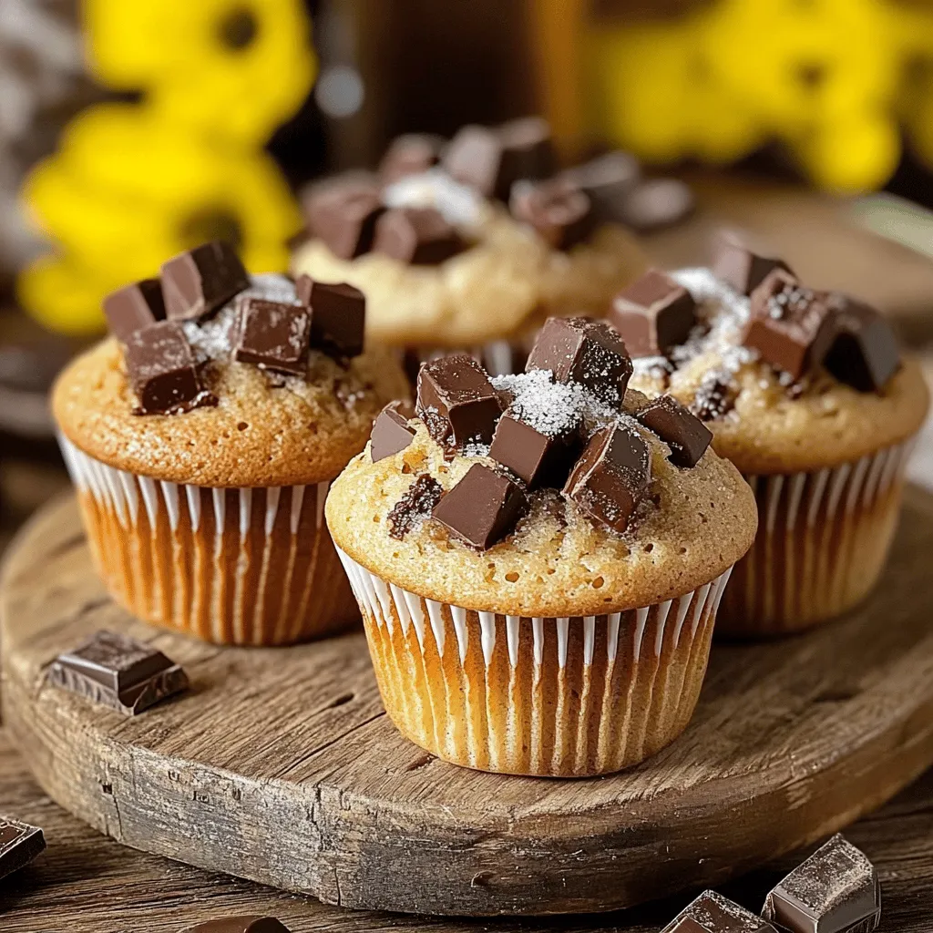 To make the best bakery-style chocolate chunk muffins, you need the right ingredients. Here’s the list: - 2 cups all-purpose flour - 1 cup granulated sugar - ½ cup packed brown sugar - 1 tablespoon baking powder - ½ teaspoon baking soda - ½ teaspoon salt - 1 cup whole milk - ½ cup unsalted butter, melted and cooled - 2 large eggs - 1 teaspoon vanilla extract - 1 ½ cups semi-sweet chocolate chunks - Optional: Coarse sugar for topping Each ingredient plays a key role. The all-purpose flour gives structure, while sugars add sweetness and moisture. Baking powder and baking soda help the muffins rise. The milk keeps them tender, and eggs bind everything together. The chocolate chunks provide rich flavor and texture. If you want a bakery feel, sprinkle coarse sugar on top before baking. This gives a nice crunch and shine. First, heat your oven to 425°F (220°C). This high heat gets the muffins to rise. Next, prepare your muffin tin. You can use paper liners for easy cleanup or grease the cups with a bit of butter. In a large bowl, mix 2 cups of flour, 1 cup of granulated sugar, and ½ cup of packed brown sugar. Add 1 tablespoon of baking powder, ½ teaspoon of baking soda, and ½ teaspoon of salt. Whisk these together until they blend well. In another bowl, combine 1 cup of whole milk, ½ cup of melted butter, 2 large eggs, and 1 teaspoon of vanilla extract. Mix these until they are smooth and well blended. Pour the wet mix into the dry mix. Stir gently with a spatula until they just combine. Remember, it’s okay if the batter is lumpy. Next, fold in 1 ½ cups of semi-sweet chocolate chunks. Make sure the chunks spread out evenly in the batter. Now, divide the batter evenly among the 12 muffin cups. Fill each about ¾ full. For a lovely finish, sprinkle some coarse sugar on top of each muffin. Bake for 5 minutes at 425°F (220°C), then lower the oven to 350°F (175°C). Bake for another 15-18 minutes. Check with a toothpick. It should come out clean when done. Let the muffins cool in the tin for about 5 minutes, then move them to a wire rack to cool completely. To make bakery-style muffins, focus on mixing well but not too much. Mix the dry ingredients first. Combine flour, sugars, baking powder, baking soda, and salt. This step ensures an even rise. Next, mix the wet ingredients in a separate bowl. Blend milk, melted butter, eggs, and vanilla extract. When you combine wet and dry, stir gently. The batter should be slightly lumpy. This texture helps your muffins rise tall and stay fluffy. To check if your muffins are done, use a toothpick. Insert it into the center of a muffin. If it comes out clean, they are ready. If there's batter on the toothpick, bake a little longer. After baking, let the muffins cool in the tin for five minutes. Then, transfer them to a wire rack. This helps them cool evenly. For storage, keep them in an airtight container. They stay fresh for about three days at room temperature. Serve your muffins warm for the best taste. Dust them lightly with powdered sugar for a sweet touch. You can arrange them on a platter for a lovely display. For a creative twist, use individual paper muffin cases. This adds a fun look. You can even serve them with fresh fruit or a scoop of ice cream for an extra treat! {{image_2}} You can add nuts or fruits to change the taste. Try chopped walnuts or pecans for a nice crunch. Diced strawberries or blueberries also work great. For the chocolate chunks, mix it up! Use dark chocolate, white chocolate, or even mint chocolate. Each type brings a unique flavor to your muffins. If you need gluten-free muffins, use gluten-free flour blends. They work well as a substitute. You can also make your muffins dairy-free. Replace whole milk with almond milk or oat milk. Use coconut oil instead of butter for a dairy-free option. These swaps keep your muffins tasty and help meet dietary needs. Add gourmet toppings for a special touch. A drizzle of chocolate glaze gives a rich finish. You can also sprinkle sea salt for a sweet and salty mix. For unique flavors, try adding a touch of cinnamon or a bit of orange zest. These small changes can make your muffins stand out and impress your friends! Let your muffins cool completely on a wire rack. This step keeps them from getting soggy. Once cool, store them in an airtight container. You can use a plastic or glass container with a lid. This keeps them fresh for about three days. If you want to enjoy them later, you can wrap them in plastic wrap first. To save muffins for later, freezing is a great option. Place cooled muffins in a freezer bag. Be sure to press out all the air before sealing. They can last up to three months in the freezer. When you want to enjoy one, take it out and let it thaw at room temperature. To reheat, place the muffin in the microwave for about 15 seconds. You can also warm it in an oven at 350°F (175°C) for 5-10 minutes. Enjoy that fresh-baked taste again! To make your muffins fluffy, use these tips: - Use fresh baking powder for lift. - Don’t overmix your batter; mix until just combined. - Make sure your ingredients are at room temperature. - Fill muffin cups about three-quarters full for a good rise. By following these steps, you can create light and airy muffins. Yes, you can use chocolate chips. However, here are the differences: - Chocolate chunks are thicker and give a nice gooey texture. - Chips hold their shape better when baked. If you prefer a melty interior, go for chunks. If you want a more consistent texture, chips work well. These muffins pair well with many drinks and toppings: - Coffee or tea enhances the chocolate flavor. - Milk balances the sweetness. - Toppings like whipped cream or ice cream can make a treat. You can also add fresh fruit like strawberries for a fresh twist. To keep your muffins moist, try these storage tips: - Cool muffins completely before storing. - Use an airtight container to keep them fresh. - For longer storage, freeze muffins in a freezer bag. When ready to eat, thaw and reheat in the oven or microwave. These methods help maintain their moisture and taste. This blog post covered how to make delicious chocolate chunk muffins. We explored each ingredient, from flour to chocolate, and learned the best steps for mixing and baking. I shared tips for a bakery-style finish, plus creative variations to try. Remember, the key lies in proper mixing and storage. Enjoy your muffins fresh or stored for later. I hope you feel inspired to bake your own and experiment with flavors!