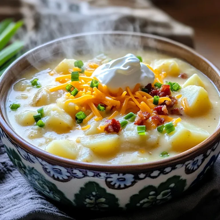 - 6 medium russet potatoes, peeled and diced - 1 large onion, chopped - 4 cloves garlic, minced - 4 cups vegetable broth - 1 cup heavy cream - 1 cup shredded sharp cheddar cheese - 1 cup cooked bacon bits - Chopped green onions for garnish - Sour cream for topping - 1 tablespoon olive oil - 2 teaspoons dried thyme - 2 teaspoons paprika - Salt and pepper to taste When making loaded potato soup, the right ingredients are key. You start with 6 medium russet potatoes. These potatoes give the soup its hearty base. Peel and dice them for even cooking. Next, grab a large onion and chop it finely. The onion adds depth and sweetness to the soup. Now, let’s not forget garlic! You need 4 cloves, minced well. Garlic brings in a punch of flavor. For the broth, use 4 cups of vegetable broth. This makes the soup rich and satisfying. To make it creamy, add 1 cup of heavy cream. It gives the soup a smooth texture. For that cheesy goodness, you need 1 cup of shredded sharp cheddar cheese. This cheese melts beautifully into the soup. If you want to take it up a notch, consider adding 1 cup of cooked bacon bits. They add a nice crunch and flavor. Green onions make a great garnish. They add color and a fresh taste. Don't forget sour cream for topping; it gives a nice tang. For the seasonings, start with 1 tablespoon of olive oil. It helps sauté the onion and garlic. Use 2 teaspoons of dried thyme and 2 teaspoons of paprika for warmth. Finally, add salt and pepper to taste. Adjust these to make your soup perfect for you. With these ingredients, you’re on your way to a cozy bowl of loaded potato soup. - Sautéing the onion and garlic Start by heating 1 tablespoon of olive oil in a large skillet over medium heat. Add 1 large chopped onion and cook for about 5 minutes. This makes the onion soft and sweet. Next, add 4 minced garlic cloves. Cook for an extra 1 to 2 minutes until you smell that lovely garlic aroma. - Preparing the potatoes and broth mixture In your slow cooker, add the sautéed onion and garlic. Then, toss in 6 peeled and diced russet potatoes. Pour in 4 cups of vegetable broth, along with 2 teaspoons of dried thyme and 2 teaspoons of paprika. Don’t forget to season with salt and pepper to taste. Stir everything together well. - Cooking times and temperature settings Cover your slow cooker and set it on low for 6 to 8 hours. If you're in a hurry, you can set it on high for 4 hours. The potatoes should become nice and tender during this time. - Mashing and finishing the soup Once the cooking time is done, use a potato masher to mash the potatoes. You can leave some chunks for texture if you like. Stir in 1 cup of heavy cream and 1 cup of shredded sharp cheddar cheese. If you want, add 1 cup of cooked bacon bits for extra flavor. Stir everything until well mixed. Let it cook on low for 15 to 30 more minutes to heat through. - Presentation ideas Serve the soup hot in bowls. It looks great with a swirl of cream on top for a fancy touch. - Best garnishes and toppings Top each bowl with a dollop of sour cream and a sprinkle of chopped green onions. These add a nice crunch and color to your dish. Enjoy your cozy bowl of loaded potato soup! - Choosing the right potatoes: I love using medium russet potatoes. They are starchy and create a creamy texture. Avoid waxy potatoes as they do not break down well in soups. - Adjusting creaminess and thickness: If you want a thicker soup, mash more potatoes. For a creamier soup, add more heavy cream. You can also stir in some sour cream for extra richness. - Overcooking the potatoes: Set your slow cooker to low for 6-8 hours. If you cook too long, the potatoes may turn to mush. Keep an eye on the time! - Skipping the seasoning adjustments: Taste your soup near the end of cooking. You may need to add more salt or pepper for flavor. Always adjust to your taste. - Adding herbs or spices: Fresh herbs like parsley or chives can brighten the soup. Thyme and paprika add warmth. Feel free to experiment with your favorites! - Cheese alternatives and variations: If you want to switch things up, try different cheeses. Gouda or Monterey Jack will work well. You can also use vegan cheese for a dairy-free option. {{image_2}} You can easily make this soup vegetarian or vegan. For dairy, use plant-based milk or cream. Almond milk or coconut cream work well. For the cheese, try vegan cheese shreds. If you want to skip bacon, add smoked paprika for that smoky flavor. Feel free to add more veggies! Carrots, celery, or even spinach can boost nutrition. Just chop them up and toss them in with the potatoes. Want to mix things up? Add spices! Cumin gives a warm touch. Chili powder adds heat. Just sprinkle in a teaspoon or two while cooking. You can also mix in other vegetables. Corn or bell peppers add sweetness. Just make sure they are chopped small. This way, they cook evenly in the soup. Pair your soup with some tasty sides. A fresh salad adds crunch and color. Try a Caesar or garden salad for balance. Warm bread also complements this soup well. A crusty baguette or garlic bread will soak up the flavors. Your meal will feel complete and cozy! For storing your leftover soup, use airtight containers. Glass or plastic containers work well. Make sure the soup cools down before sealing. This helps to keep it fresh. Store it in the fridge for up to 3 days. If you want to keep it longer, freezing is a great option. To reheat your soup, the microwave is quick and easy. Pour the soup into a bowl and heat it for 1-2 minutes. Stir halfway through for even heating. If you prefer, you can reheat it on the stove over medium heat. Stir often to avoid sticking. If the soup is too thick, add a splash of broth or cream. This will help adjust the consistency. To freeze the soup, let it cool completely first. Pour it into freezer-safe bags or containers. Make sure to leave some space for expansion. Label the containers with the date. The soup can last in the freezer for up to 3 months. To thaw, move it to the fridge overnight. You can reheat it on the stove or in the microwave, just like before. Slow Cooker Loaded Potato Soup will last about 3 to 5 days in the fridge. Store it in an airtight container. For best flavor, eat it within this time frame. Make sure to cool the soup before placing it in the fridge. Yes, you can make this soup spicier! Add red pepper flakes or a dash of hot sauce. You can also mix in diced jalapeños for a fresh kick. Start with a small amount and taste. Adjust until you find the heat you like. Yes, you can use frozen potatoes. Just add them directly to the slow cooker. Cooking time may be a bit longer, so check for tenderness. Frozen potatoes can soften well and still give you that creamy texture. To thicken your potato soup, mash some of the potatoes. You can also add cornstarch mixed with water. Another option is to blend a portion of the soup. This method gives it a smooth, thick texture without losing flavor. Yes, you can cook this soup on the stove! Sauté the onions and garlic in a pot, then add the rest of the ingredients. Bring it to a boil, then lower the heat and simmer. Cook until the potatoes are tender, about 20 to 30 minutes. This slow cooker loaded potato soup uses simple ingredients for great flavor. You now know the key steps, tips, and variations to create the perfect dish. Remember to sauté your onions and garlic for a tasty base. Don’t forget to adjust your seasonings for the best taste. Whether you choose the classic recipe or a unique twist, this soup warms any day. Enjoy leftovers with easy storage methods, too. Dive into this comforting meal and share it with those you love. Your cooking skills will shine through with this recipe!