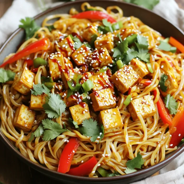 - 200g rice noodles - 250g firm tofu, cubed - 3 tablespoons chili oil - 2 tablespoons soy sauce - 1 tablespoon sesame oil - 1 tablespoon rice vinegar - 2 garlic cloves, minced - 1-inch piece of ginger, minced - 1 red bell pepper, thinly sliced - 2 green onions, chopped - 1 tablespoon sesame seeds - Fresh cilantro for garnish Gather these ingredients before you start cooking. The rice noodles give a nice base for this meal. The firm tofu adds protein and texture. Chili oil brings the heat and flavor. Each seasoning ingredient plays a role, too. Soy sauce gives depth. Sesame oil adds a nutty taste. Rice vinegar brings a slight tang. Use garlic and ginger for an aromatic boost. The red bell pepper adds color and sweetness. Green onions, sesame seeds, and fresh cilantro make the dish beautiful and fresh. Make sure to have everything ready. This makes the cooking process smooth and fun. Enjoy the vibrant flavors as they come together! - Cook 200g of rice noodles according to package instructions. - Drain the noodles and set them aside. - Heat 1 tablespoon of chili oil in a large non-stick skillet over medium-high heat. - Add 250g of cubed firm tofu. Sauté until golden brown and crispy on all sides. This takes about 8-10 minutes. - Season with salt and pepper. Once done, remove the tofu and place it on a plate. - In the same skillet, add another tablespoon of chili oil. - Sauté 2 minced garlic cloves and 1 inch of minced ginger until you smell their lovely aroma, roughly 1 minute. - Next, add 1 thinly sliced red bell pepper. Cook for 2-3 minutes until it’s slightly soft. - In a bowl, whisk together 2 tablespoons of soy sauce, 1 tablespoon of sesame oil, 1 tablespoon of rice vinegar, and 1 tablespoon of brown sugar. - Pour this sauce over the sautéed garlic, ginger, and bell pepper. Stir well to mix. - Gently add in the cooked rice noodles and crispy tofu. Toss everything together until the noodles are coated well with the sauce, about 2-3 minutes. - Sprinkle with sesame seeds and chopped green onions. Mix again to spread them evenly. - Remove from heat and garnish with fresh cilantro before serving. Tofu can be tricky, but I have some tips to help you out. First, to get that perfect crispiness, make sure to drain the tofu well. Press it between paper towels to remove extra moisture. This helps the tofu brown nicely. Cook it in a non-stick pan with hot chili oil for a golden, crispy finish. For marinating, you can use simple ingredients. Just mix soy sauce, ginger, and garlic. Let the tofu soak in this mix for 15 minutes. This adds great flavor to your dish. Want to make your dish even better? Try adding more veggies. Broccoli, snap peas, or even carrots work great. Just sauté them until they're bright and tender. If you love heat, throw in some extra chili flakes. Just a pinch can really amp up the spice level. Adjust it to your taste, and you’ll have a dish that’s bursting with flavor. Presentation matters! Serve your noodles in a deep bowl. Top them with more green onions and fresh cilantro. A drizzle of chili oil on top adds a nice touch. For sides, I recommend a light salad or spring rolls. They pair well with the noodles and balance the meal. A cold drink, like iced tea or lemonade, also works great. Enjoy your meal! {{image_2}} You can switch up the protein in this dish. If you prefer chicken or shrimp, they work well too. For chicken, use cooked, shredded breast meat. For shrimp, sauté them until pink and tender. Both options add a nice twist. If you want to keep it vegan, try different tofu types. Silken tofu gives a creamy texture. Marinated tofu adds more flavor. You can also use tempeh or seitan for a hearty bite. Rice noodles are great, but you can use other noodles. Egg noodles add richness and chewiness. Zucchini noodles are a fresh, low-carb choice. They soak up flavors well and keep the dish light. If gluten is a concern, try gluten-free noodles. Options like rice or quinoa noodles fit perfectly. They will still hold the sauce and taste great. Adjust the spice to your taste. If you want it less spicy, cut back on chili oil. You can also add more brown sugar for sweetness. This balance makes the dish appealing to everyone. You can mix in different sauces too. Try hoisin sauce for a sweet and savory kick. Or add a splash of lime juice for brightness. Experiment with spices like cumin or paprika for unique flavors. To store leftovers, place them in an airtight container. This keeps the flavors fresh. You can refrigerate them for up to three days. Make sure they cool down before sealing. For long-term storage, you can freeze the noodles and tofu. Spread them out on a baking sheet first. After they freeze, transfer them to a freezer-safe bag. This method prevents them from sticking together. You can keep them frozen for up to three months. The best way to reheat these noodles is in a skillet. Heat a little oil over medium heat. Add the noodles and tofu to warm them through. Stir them gently to avoid breaking the tofu. You can also use a microwave. Place them in a bowl with a splash of water. Cover it with a lid or a damp paper towel. Heat in short bursts, stirring in between. This keeps the noodles from becoming dry. Stored leftovers last about three days in the fridge. If you notice any mold or off smells, it's best to throw them out. Signs of spoilage include a slimy texture or an odd color. If you freeze them, check for freezer burn after a few months. If there are ice crystals, the quality may have dropped. Always trust your senses when checking for spoilage. Cook rice noodles for about 6 to 8 minutes. Start by boiling water in a pot. Add the noodles and stir gently. Check them around 5 minutes for doneness. They should be soft but not mushy. Drain the noodles and rinse them with cold water to stop the cooking. Yes, you can make it gluten-free! Replace soy sauce with tamari, a gluten-free option. Make sure the chili oil and rice vinegar are also gluten-free. Check the labels to be safe. Use rice noodles, as they are naturally gluten-free. This way, everyone can enjoy the dish! If you want an alternative to tofu, try tempeh or chickpeas. Tempeh has a nutty flavor and a firm texture. Chickpeas provide protein and a different taste. You can also use chicken or shrimp for non-vegetarian options. Adjust the cooking time to ensure they are cooked through. This post explored making a tasty dish using rice noodles, tofu, and various spices. We covered main and seasoning ingredients, plus tips for cooking, flavor boosts, and storage. Remember, you can vary proteins and noodles to fit your taste. Experimenting with different flavors can make your meal even better. Keep these tips in mind for a satisfying and delicious experience. Happy cooking!