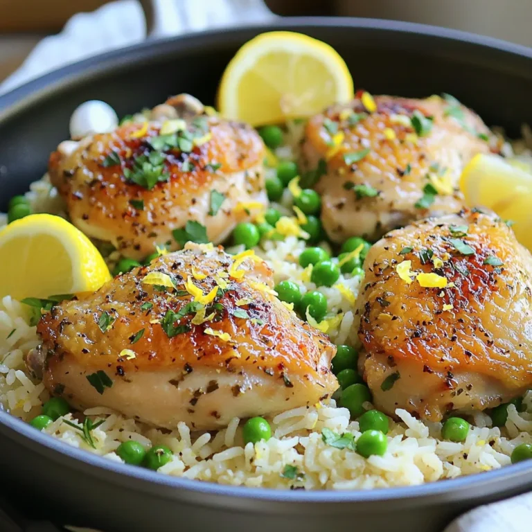 - 4 boneless, skinless chicken thighs - 1 cup jasmine rice - 2 cups chicken broth - 1 medium onion, finely chopped - 3 cloves garlic, minced - 1 lemon (zest and juice) - 2 tablespoons olive oil - 1 teaspoon dried oregano - 1 teaspoon dried thyme - Salt and pepper to taste - 1 cup green peas (fresh or frozen) - Fresh parsley for garnish You can swap chicken thighs for chicken breasts if you prefer. Thighs stay moist, but breasts work too. For a fun twist, use shrimp or tofu as alternative proteins. Jasmine rice is fragrant, but brown rice or quinoa can also work. They will change the cooking time, so pay attention to package directions. If you run out of oregano or thyme, you can use Italian seasoning or herbs de Provence as a great swap. Using fresh herbs and produce offers many benefits. Fresh herbs like parsley and thyme bring brighter flavors. They also add nice color to your dish. Fresh garlic has a stronger taste than dried garlic. Using fresh produce gives your dish a great texture and taste. However, dried herbs can be handy when fresh is not available. They last longer and can still add good flavor, but you may need to use more. Always taste as you go to adjust the flavors! First, gather all your ingredients. You need: - 4 boneless, skinless chicken thighs - 1 cup jasmine rice - 2 cups chicken broth - 1 medium onion, finely chopped - 3 cloves garlic, minced - 1 lemon (zest and juice) - 2 tablespoons olive oil - 1 teaspoon dried oregano - 1 teaspoon dried thyme - Salt and pepper to taste - 1 cup green peas (fresh or frozen) - Fresh parsley for garnish Next, season the chicken. I use salt, pepper, oregano, and thyme. Make sure to coat both sides well. This step adds great flavor. Now, let’s toast the rice. In a large pan, heat olive oil over medium heat. Add the jasmine rice and stir it around. Toasting the rice for about 1-2 minutes gives it a nice, nutty flavor. It will absorb all the tasty juices later. Now it's time to cook. First, add the seasoned chicken thighs to the hot oil. Sear them for 6-7 minutes on each side until golden brown. This gives a nice color and locks in juices. Remove the chicken and set it aside. In the same pan, add the chopped onion. Sauté for 3 minutes until it softens. Then, add minced garlic and cook for another minute. You want it fragrant but not burnt. Next, stir in the toasted rice. Coat it well with the onion and garlic mixture. This adds even more flavor. Pour in the chicken broth. Then add lemon zest and juice. Stir everything together. Return the chicken thighs to the pan, placing them skin-side up. Bring this mixture to a gentle simmer. Cover the pan and let it cook for 15-20 minutes. The rice must be cooked, and the chicken should reach 165°F (75°C). Five minutes before serving, sprinkle green peas on top. Cover again to let them steam. This keeps the peas bright and fresh. When the dish is ready, fluff the rice with a fork. Adjust the seasoning if needed. For plating, serve the chicken and rice in a large bowl. Garnish with fresh parsley for color. You can also add lemon wedges on the side. This meal pairs well with a simple salad or steamed veggies. Enjoy your savory one-pan lemon herb chicken and rice! To ensure you cook the chicken and rice perfectly, follow these steps: - Use a large, deep skillet. This helps the heat spread evenly. - Sear the chicken thighs until golden brown. This gives them flavor and keeps them juicy. - After you add the rice, toast it for 1-2 minutes. This adds a nice nutty taste. - Pour the chicken broth slowly. Stir gently to mix everything well. - Cover the pan while it simmers. This traps steam and helps the rice cook evenly. If the rice sticks, make sure you have enough liquid. Also, don’t stir too much once the broth is in. You can easily boost the flavor of your dish. Here are some ideas: - Add fresh herbs like basil or cilantro. They can brighten the dish. - Try different spices, such as paprika or cumin, for a new twist. - Toss in vegetables like bell peppers or carrots. They add color and crunch. - Use lemon slices on top while cooking. They give a stronger lemon flavor. Feel free to mix and match to find your favorite combo! Prepping ingredients in advance makes cooking easier. Here’s how: - Chop the onion and garlic ahead of time. Store them in the fridge. - Measure out the rice and broth before you start. This speeds up the process. - You can season the chicken a few hours beforehand. This allows the flavors to soak in. - One-pan cooking saves time on cleanup. You’ll only have one pan to wash! By planning ahead, you can enjoy cooking without the rush. {{image_2}} You can switch up the protein in this dish. Instead of chicken thighs, try chicken breasts. They cook faster and stay juicy. If you want seafood, shrimp works great. Just add them later in the cooking process. For a plant-based option, use tofu. Press the tofu to remove excess water, then cube and cook it like the chicken. If you want to change the grain, consider quinoa. It cooks quickly and is packed with protein. Brown rice is another good choice. It has a nutty flavor and adds more fiber. You can also try farro or barley for a chewy texture. Always adjust the cooking liquid based on the grain you choose. You can add fresh veggies to boost flavor and nutrition. Seasonal vegetables work best. Think bell peppers, zucchini, or carrots. You can also add legumes like chickpeas or black beans for extra protein. Just toss them in during the last few minutes of cooking to heat through. This adds color and makes your meal more filling. To keep your One-Pan Lemon Herb Chicken and Rice fresh, follow these steps: - Cool the dish to room temperature before storing. - Place leftovers in an airtight container. - Store in the fridge for up to four days. - For longer storage, freeze portions in freezer-safe bags. When you're ready to enjoy your meal again, reheating is simple. Here’s how: - Microwave: Place the dish in a microwave-safe bowl. Cover it with a damp paper towel. Heat for 2-3 minutes, stirring halfway through. - Stovetop: Add a splash of chicken broth or water to a pan. Heat on low, stirring gently until warmed through. Understanding how long your dish lasts is key. In the fridge, One-Pan Lemon Herb Chicken and Rice stays good for about four days. If frozen, it can last for up to three months. Always check for signs of spoilage, like off smells or changes in texture, before eating. You can make this dish gluten-free by swapping out regular chicken broth for a gluten-free version. Many brands offer gluten-free chicken broth, so check the labels. For the rice, use gluten-free grains like quinoa or rice blends. Both options work well with the lemon and herb flavors of the chicken. Yes! You can use different rice types. Brown rice adds a nutty flavor and is more filling, but it requires a longer cooking time. Basmati rice is another good choice; it has a lovely aroma and fluffy texture. Just remember to adjust the liquid and cooking time as needed. This meal pairs well with fresh salads or roasted veggies. A simple green salad with lemon vinaigrette is refreshing. You can also serve steamed broccoli or roasted carrots for color and flavor. These sides enhance the meal without overpowering it. This blog covered the key ingredients for making One-Pan Lemon Herb Chicken and Rice. We explored ingredient substitutions and the benefits of fresh herbs. I walked you through the preparation, cooking, and serving steps. Plus, I shared tips for flavor boosts and time-saving tricks. In closing, this dish offers great flexibility. You can customize it to fit your taste. With easy storage and reheating tips, enjoy this meal any time. Let your creativity shine in the kitchen!