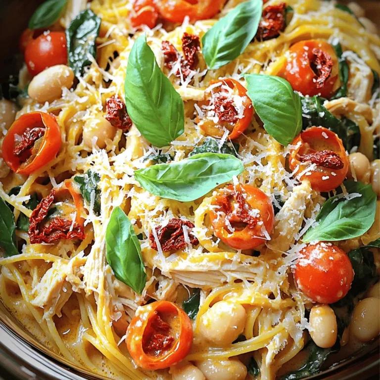 - 4 boneless, skinless chicken breasts - 2 cups cherry tomatoes, halved - 1 cup spinach, roughly chopped - 1 can (15 oz) cannellini beans, drained and rinsed - 1 cup low-sodium chicken broth - ½ cup sun-dried tomatoes in oil, chopped - 4 cloves garlic, minced - ½ teaspoon red pepper flakes (optional for heat) - Salt and pepper to taste - 12 oz fettuccine or your choice of pasta - ½ cup heavy cream - 1 cup grated Parmesan cheese - Fresh basil leaves for garnish The main ingredients create a rich base for my Slow Cooker Tuscan Chicken Pasta. The chicken breasts are tender, juicy, and soak up all the flavors. Cherry tomatoes add sweetness, while spinach gives a fresh touch. Cannellini beans bring protein and creaminess. The sun-dried tomatoes add a tangy depth. - 1 teaspoon dried basil - 1 teaspoon dried oregano I love using dried herbs like basil and oregano. They fill the dish with Italian charm. Garlic adds a strong flavor that pairs well with chicken and veggies. A pinch of red pepper flakes offers a touch of heat. Salt and pepper round out the taste. Parmesan cheese is a must. It brings a salty, nutty flavor that makes everything better. I sprinkle it on top for a cheesy finish. - Best pasta choices: fettuccine, penne, or rotini - Gluten-free alternatives: gluten-free pasta or zoodles - Cooking techniques for pasta: boil until al dente, then drain Choosing the right pasta is key. Fettuccine works great, but penne or rotini are also good choices. If gluten-free is your goal, try gluten-free pasta or even zoodles made from zucchini. Cook the pasta until it is al dente. This means it should still have a slight bite. Drain it and save some pasta water. This water can help adjust the sauce's thickness later. Start by placing the chicken breasts at the bottom of the slow cooker. This helps them cook evenly. Next, add the halved cherry tomatoes on top. The tomatoes will add moisture and flavor. Then, sprinkle in the roughly chopped spinach and the drained cannellini beans. Finally, add the sun-dried tomatoes. Layering is key for great taste. Now, season the chicken. Use salt and pepper to taste. Add one teaspoon of dried basil and one teaspoon of dried oregano. For a little heat, add the red pepper flakes. This mix will enhance the chicken's flavor. Cover the slow cooker with its lid. Cook on low for 6 to 7 hours. If you’re short on time, you can cook it on high for 3 to 4 hours. The chicken should become tender and juicy. This slow cooking makes all the flavors meld together. Once the chicken is cooked, remove it from the slow cooker. Use two forks to shred the chicken into bite-sized pieces. This makes it easy to mix back into the dish. Return the shredded chicken to the slow cooker and stir it with the other ingredients. While the chicken cooks, prepare the pasta. Boil water in a pot and add the pasta. Follow the package instructions until the pasta is al dente. Don't forget to reserve half a cup of pasta water before draining. This water will help adjust the sauce later. Now, it's time to finish the dish. Add half a cup of heavy cream to the slow cooker. Stir it all together until combined. If the sauce is too thick, add some reserved pasta water. Finally, fold in the cooked pasta and half of the grated Parmesan cheese. Mix well so the pasta is coated. Serve hot, and sprinkle with the remaining cheese and fresh basil leaves. Use fresh, high-quality ingredients for the best taste. Select juicy cherry tomatoes and vibrant spinach. Fresh herbs add great aroma and flavor. For the chicken, choose organic or free-range if possible. Quality ingredients really make a difference in flavor. Taste your dish as you cook. This helps you adjust the seasonings as needed. If you want more heat, add more red pepper flakes. If it needs more depth, try extra basil or oregano. Don't be afraid to experiment until it feels just right. If your sauce is too thick, reserve some pasta water before draining. Add a little at a time until you reach your desired consistency. This water contains starch, which helps thicken the sauce while keeping it creamy. For a richer sauce, feel free to add more cream. This will give you a luscious, smooth texture. Just remember to balance it out with extra seasoning if you add more cream. Prep your ingredients ahead of time. Chop the vegetables and store them in the fridge. You can also season the chicken the night before. This makes it easy to throw everything in the slow cooker on busy days. To save time, you can use pre-cooked chicken. Shred it and add it to the slow cooker along with the other ingredients. This cuts down on cooking time and still gives you a tasty meal. {{image_2}} You can easily change the protein in this dish. - Using Turkey or Pork: Swap the chicken for turkey or pork. Use skinless turkey breasts or pork tenderloin. Both options cook well in the slow cooker. They add a new taste while keeping the meal hearty. - Vegetarian Option with Tofu: For a vegetarian meal, use firm tofu. Cut the tofu into cubes. Sear it in a pan for extra flavor. Then, follow the same slow cooking steps. The tofu absorbs the sauce and offers great texture. Adding or changing some ingredients can enhance your dish. - Additional Vegetables: You can toss in other veggies. Try zucchini, bell peppers, or mushrooms. They add color and nutrients. Just chop them and layer them in with the other ingredients. - Different Bean Varieties: Instead of cannellini beans, use chickpeas or black beans. They change the flavor and add protein. Rinse and drain them before adding to the slow cooker. You can adjust this recipe to fit different diets. - Low-Carb Versions: For a low-carb meal, skip the pasta. Serve the chicken and sauce over cauliflower rice or zucchini noodles. This keeps it filling without carbs. - Dairy-Free Options: If you need dairy-free, use coconut cream instead of heavy cream. It adds creaminess and a hint of sweetness. Also, skip the Parmesan or choose a dairy-free cheese. To keep your Slow Cooker Tuscan Chicken Pasta fresh, use a good container. Glass or BPA-free plastic containers work well. Make sure the container seals tightly. This helps keep air out. Before sealing, let the pasta cool down. Place it on the counter for about 30 minutes. Once cool, put the lid on. Store it in the fridge for up to three days. If you want it to last longer, consider freezing. When you are ready to enjoy your leftovers, reheating is key. The best way to keep flavor is to use the stovetop. Heat a skillet over medium heat. Add the pasta and a splash of water. Stir it well until it warms up. You can also use a microwave. Place the pasta in a microwave-safe bowl. Add a splash of water and cover it. Heat for 1-2 minutes, stirring halfway through. Check that it's hot before serving. If you want to freeze your Tuscan Chicken Pasta, it's easy! Let the pasta cool completely. Then, portion it into freezer bags or containers. Press out any air before sealing. Label with the date. To thaw, move the pasta from the freezer to the fridge. Let it sit overnight. If you need it faster, submerge the bag in cold water. This will help it thaw quickly. You can use several alternatives if you lack chicken broth. - Alternative Broth Options: Beef broth or turkey broth work well. They add a rich flavor. You can also use low-sodium options to control salt levels. - Vegetable Broth Use: Vegetable broth is a great choice for a lighter taste. It complements the other ingredients nicely. Just make sure it is low-sodium to keep the dish balanced. Knowing when chicken is ready is key for a safe meal. - Internal Temperature Guide: Use a meat thermometer to check. The chicken should reach an internal temperature of 165°F (75°C). This ensures it is safe to eat. - Signs of Doneness: Look for the chicken to be white and no longer pink inside. Juices should run clear when you cut into it. If the chicken shreds easily, it's also a good sign. You can prepare this dish in advance, which saves time on busy days. - Meal Prep and Time Management Tips: You can prep the ingredients the night before. Store them in the fridge, ready to cook in the morning. This makes it easy to enjoy a delicious meal later. - Reheating After Preparation: When ready to eat, simply reheat the pasta in the microwave or on the stove. Add a splash of water or cream to keep it moist. Enjoy your flavorful comfort meal! This article covered how to make Slow Cooker Tuscan Chicken Pasta. We discussed key ingredients, cooking methods, and flavor tips. You learned about pasta options and substitutions for dietary needs. Remember, quality ingredients and smart techniques make a big difference in taste. I hope you feel confident to try this dish. Cooking can be fun and rewarding. Enjoy making this meal your own!