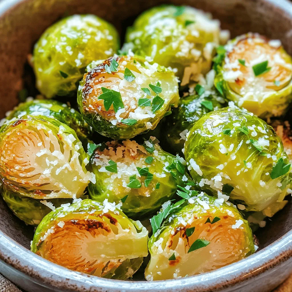 - 1 lb Brussels sprouts, halved - 3 tablespoons olive oil - 4 cloves garlic, minced - 1/2 cup grated Parmesan cheese - 1 teaspoon garlic powder - 1 teaspoon onion powder - 1/2 teaspoon red pepper flakes (optional) - Salt and pepper to taste - Fresh parsley, chopped, for garnish When measuring ingredients, use a kitchen scale for precision. A pound of Brussels sprouts gives you about four cups when halved. For olive oil, use a tablespoon for accuracy. Mince the garlic finely to release its strong flavor. Make sure to measure the cheese using a cup, packed lightly for the best results. Choose Brussels sprouts that are firm and bright green. Look for small, tight heads with no yellowing. Avoid any that feel soft or have brown spots. Smaller sprouts tend to taste sweeter and cook faster. If you can, buy them on the stalk for freshness. Fresh Brussels sprouts will make your dish shine! First, set your air fryer to 375°F (190°C). Preheating helps the Brussels sprouts cook evenly. It takes about 5 minutes for the air fryer to reach this temperature. While it heats, you can prepare the Brussels sprouts mixture. Take 1 pound of Brussels sprouts and cut them in half. In a large bowl, add the halved sprouts. Pour in 3 tablespoons of olive oil. Mince 4 cloves of garlic and add them to the bowl. Then, sprinkle in 1 teaspoon of garlic powder and 1 teaspoon of onion powder. If you like a bit of spice, add 1/2 teaspoon of red pepper flakes. Season with salt and pepper to taste. Toss everything together until the sprouts are well coated. This step is key for flavor! Now, add 1/2 cup of grated Parmesan cheese to the mixture. Toss again to make sure the cheese sticks to the sprouts. The cheese will melt and create a lovely crust when cooked. Next, place the coated Brussels sprouts in the air fryer basket. Make sure to arrange them in a single layer. If your air fryer is small, you might need to cook in batches. Cook the sprouts for 15-18 minutes. Halfway through, shake the basket to ensure even cooking. When they are golden brown and crispy, they are ready! Carefully remove the Brussels sprouts and transfer them to a serving dish. For a garnish, sprinkle fresh chopped parsley and more Parmesan cheese if you want. Enjoy your crispy treat! To get the crispiest Brussels sprouts, start with fresh ones. Look for bright green, firm sprouts. Cut them in half to ensure even cooking. The key is to coat them well with olive oil and spices. This makes them crispy. Avoid overcrowding the air fryer basket; this lets hot air flow. Shake the basket halfway through cooking. This helps get all sides brown and crispy. Air fryers can vary in cooking power. Most cook at about 375°F (190°C). For most air fryers, cook the Brussels sprouts for 15 to 18 minutes. Check them at 15 minutes. If they are not golden brown, cook for 2 to 3 more minutes. Some air fryers may cook faster. Always monitor your sprouts closely. You can prepare Brussels sprouts ahead of time. Mix the sprouts with olive oil and spices, and store in the fridge. This works well for up to 24 hours. When ready to cook, just air fry as usual. This saves time and makes meal prep easy. Enjoy your deliciously crispy sprouts anytime! {{image_2}} You can change the cheese in this recipe. If you want a sharper taste, try cheddar. For something creamier, use mozzarella. Goat cheese gives a tangy flavor, while feta adds a salty kick. Each cheese brings a unique twist to your dish. Mix and match to find your favorite! Want to spice things up? Add smoked paprika for a hint of smokiness. Cumin adds warmth, while lemon zest brightens the dish. You can even try curry powder for an exotic flair. If you like heat, toss in more red pepper flakes. These small changes can make a big difference! No air fryer? No problem! You can roast Brussels sprouts in the oven. Preheat it to 425°F (220°C). Spread the sprouts on a baking sheet and cook for 20-25 minutes. They will still get nice and crispy. You can also steam them for a softer texture. Just remember, the cheese will not get as crispy! Store your leftover Brussels sprouts in an airtight container. Keep them in the fridge. They stay fresh for up to three days. Make sure they cool down before you seal them. This helps keep them crispy. To reheat, use your air fryer at 350°F (175°C). This makes them crispy again. Heat for about 5-7 minutes. You can also use a microwave, but they may lose their crunch. If you use the microwave, heat in short bursts. You can freeze Brussels sprouts for longer storage. First, blanch them in boiling water for two minutes. Then, cool them in ice water to stop cooking. Drain well and pack in freezer bags. They can last up to three months in the freezer. When ready to eat, cook from frozen in your air fryer for best results. To make Air Fryer Garlic Parmesan Brussels sprouts vegan, swap the Parmesan cheese for a plant-based alternative. Nutritional yeast also works well for a cheesy taste. You can use a bit of cashew cheese for creaminess too. Just make sure to check the labels for any dairy ingredients. Yes, you can use frozen Brussels sprouts. However, thaw them first and pat them dry. This helps remove excess moisture. Cook them for a few extra minutes to ensure they get crispy. The texture may differ slightly from fresh sprouts, but they will still be tasty. These Brussels sprouts pair well with many dishes. Serve them alongside roasted chicken or grilled fish for a complete meal. They also make a great side for pasta or grain bowls. For a vegetarian option, try them with quinoa or lentils. You can even toss them into salads for added crunch! Now you have all you need to make great air fryer garlic Parmesan Brussels sprouts. We covered the fresh ingredients, cooking steps, and tips for the best crispy sprouts. You learned different cheese options and how to store leftovers. Don't forget you can easily adapt this recipe to suit your taste! I hope you feel ready to create a delicious dish that impresses everyone. Enjoy your cooking and happy eating!
