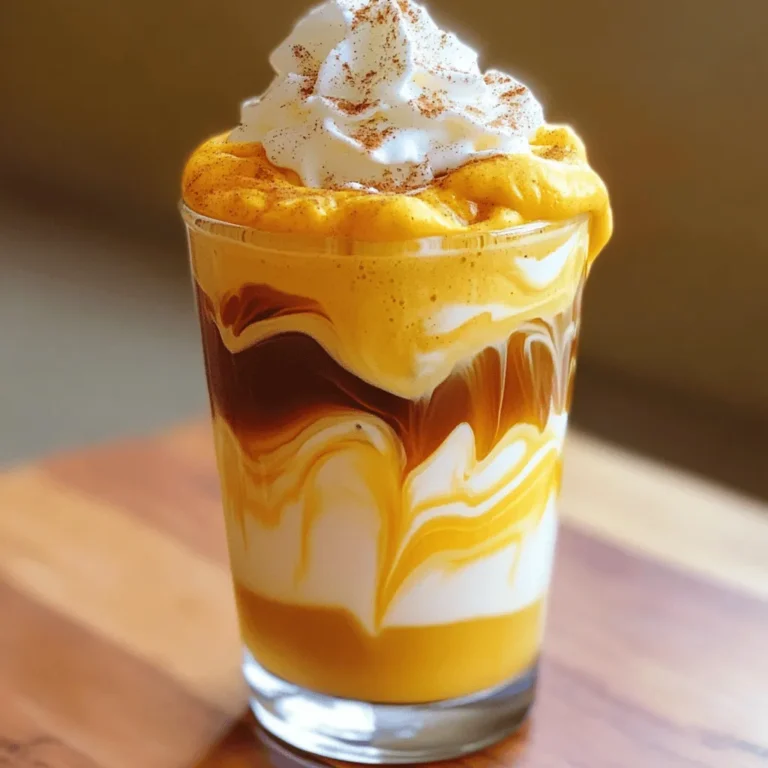 To make your Pumpkin Cream Cold Foam Coffee, gather these items: - 1 cup brewed coffee, chilled - 1/2 cup milk (dairy or non-dairy) - 1/4 cup pumpkin puree - 2 tablespoons maple syrup - 1 teaspoon vanilla extract - 1/2 teaspoon pumpkin spice - Pinch of salt - Whipped cream (for topping) - Ground cinnamon (for garnish) You can swap out some ingredients to fit your taste. If you want a lighter drink, use almond milk instead of regular milk. Coconut milk gives a nice flavor too. For sweetness, try honey instead of maple syrup. You can even leave out the sugar if you want less sweetness. If you don’t have pumpkin spice, use cinnamon and nutmeg for a similar taste. This drink serves two and has a rich taste. Each serving has about: - Calories: 180 - Protein: 4g - Fat: 6g - Carbohydrates: 30g - Fiber: 2g - Sugar: 16g This drink is a tasty treat, but keep an eye on the sugar if you watch your intake. Enjoy this seasonal drink with friends or as a special morning start! First, brew your coffee. Let it cool completely. You can also use cold brew coffee. This gives a smooth taste. Use one cup of chilled coffee for the best flavor. In a mixing bowl, add the following: - 1/4 cup pumpkin puree - 2 tablespoons maple syrup - 1 teaspoon vanilla extract - 1/2 teaspoon pumpkin spice - A pinch of salt Mix these ingredients well. You want a smooth and creamy texture. This pumpkin cream will add rich flavor to your drink. In a separate bowl, take 1/2 cup of milk. You can use dairy or non-dairy milk. Whisk it until it gets frothy. If you have a milk frother, use it for a creamier foam. Then, gently fold the pumpkin mixture into the frothed milk. Be sure there are no lumps. Now, take a glass and fill it halfway with your chilled coffee. Top it with the pumpkin cream cold foam. Finish with whipped cream on top. Sprinkle some ground cinnamon for that extra touch. Enjoy your delicious Pumpkin Cream Cold Foam Coffee! To get the best foam, start with cold milk. Cold milk froths better and holds its shape. You can use a whisk or a frother to whip it up. Whisking by hand takes more effort but can be fun! Aim for a light and airy texture. Don’t over-whisk; you want soft peaks, not stiff ones. You can play with flavors to make it your own. Try adding a splash of caramel for a sweeter touch. If you love spice, add more pumpkin spice or even a dash of nutmeg. Want it sweeter? Use extra maple syrup or honey. You can also switch the pumpkin puree for apple or butternut squash puree for a twist. Avoid using hot milk. Hot milk does not froth well and can ruin your foam. Don't skip the salt; it enhances all the flavors and balances the sweetness. Make sure to mix the pumpkin blend well to avoid lumps. Finally, always chill your coffee completely. Warm coffee can melt the foam quickly, and you want it to last. {{image_2}} If you want a dairy-free version, swap regular milk for a plant-based milk. Almond, oat, or coconut milk works great. Each type adds its own flavor. Oat milk gives a creamy texture, while almond milk adds a nutty touch. Use non-dairy whipped cream for a topping. This keeps your drink rich and tasty without dairy. You can spice up your Pumpkin Cream Cold Foam Coffee with seasonal flavors. Try adding a splash of caramel or hazelnut syrup for sweetness. You can also mix in a hint of nutmeg or ginger for extra warmth. Consider using chai spices for a unique twist. These additions can make your drink even more exciting and enjoyable. Serve this coffee in a tall glass to show off the layers. Top it with whipped cream and a sprinkle of cinnamon for a nice touch. You can also add a cinnamon stick as a stirrer. This not only looks great, but it gives a little extra flavor as you sip your drink. Pair your coffee with a slice of pumpkin bread or a cozy muffin for a perfect fall treat. You can store leftover pumpkin cream cold foam in the fridge. Use an airtight container. It will stay fresh for up to three days. When you're ready to enjoy it again, just give it a good stir. This helps mix the flavors back together. If you want to warm your coffee, heat it gently. Use a microwave for about 30 seconds. Stir it well to make sure the heat is even. Avoid boiling, as it can change the taste. The foam is best fresh, so try to make just what you need. - Brewed coffee: Keep in the fridge for up to five days. - Milk: Check the date on the carton; usually lasts about a week after opening. - Pumpkin puree: Once opened, store in the fridge for about a week. - Maple syrup: It can last for years if stored in a cool, dark place. - Pumpkin spice and salt: These dry spices last for a long time, often up to two years. Knowing how to store your ingredients well helps keep your pumpkin cream cold foam fresh and tasty. Pumpkin Cream Cold Foam Coffee is a tasty drink made with chilled coffee. It has a creamy foam on top that mixes pumpkin puree, milk, and spices. You get a sweet and spicy flavor that feels like fall in a cup. The drink is both refreshing and comforting, perfect for any time of day. Yes, you can use many types of milk in this recipe. Dairy milk works well, but non-dairy options are great too. Almond milk, oat milk, or soy milk will all create a nice foam. Each type gives a unique taste. So, feel free to pick your favorite! To make your Pumpkin Cream Cold Foam Coffee sweeter, add more maple syrup. Start with an extra half tablespoon and taste. You can also use flavored syrups like vanilla or caramel. Adjust based on your sweet tooth, and enjoy your perfect cup! In this article, we explored how to make Pumpkin Cream Cold Foam Coffee. We covered the complete list of ingredients, substitutions, and how to prepare the drink step by step. You learned tips for creating the best foam and avoiding common mistakes. We discussed variations, storage, and answered key questions. This drink is fun and easy to make at home. Enjoy customizing it to fit your taste! Dive into the rich flavors and seasonal joys this coffee brings.