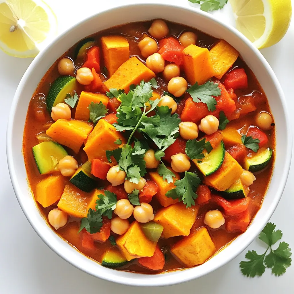To make this savory slow cooker Moroccan chickpea stew, you’ll need a few simple ingredients. Each one adds flavor and nutrition to the dish. Here’s what you should gather: - 2 cans (15 oz each) chickpeas, drained and rinsed - 1 medium onion, chopped - 2 cloves garlic, minced - 1 medium sweet potato, peeled and diced - 1 bell pepper (any color), chopped - 1 zucchini, chopped - 1 can (14 oz) diced tomatoes, with juices - 2 cups vegetable broth - 1 tablespoon olive oil - 2 teaspoons ground cumin - 1 teaspoon ground coriander - 1 teaspoon smoked paprika - 1/2 teaspoon ground cinnamon - 1/2 teaspoon turmeric - Salt and pepper to taste - Fresh cilantro or parsley for garnish - Juice of 1 lemon These ingredients work together to create a warm and hearty stew. Chickpeas provide protein and fiber, while the vegetables add color and texture. The spices bring that Moroccan flair, giving the dish its unique taste. Each bite is a journey through rich flavors and aromas. Sautéing Aromatics Start by adding olive oil, onion, and garlic to the slow cooker. If your slow cooker has a sauté feature, set it to high. Sauté these for 2-3 minutes. You want the onion to turn translucent. If not, just layer the ingredients directly. Layering the Vegetables Next, add your diced sweet potato, chopped bell pepper, and zucchini. Make sure they are in a single layer. This helps them cook evenly. The sweet potato adds a nice sweetness, while the bell pepper and zucchini bring freshness. Mixing in the Spices In a small bowl, mix the spices: ground cumin, ground coriander, smoked paprika, ground cinnamon, and turmeric. Add a pinch of salt and pepper. Once mixed, pour this spice blend over the vegetables and chickpeas. Stir everything together so the spices coat the veggies well. Setting the Slow Cooker Cover the slow cooker. Set it to low for 6-8 hours or high for 3-4 hours. The low setting brings out the deep flavors. The high setting is great if you’re in a hurry. Cooking Times and Temperatures Check the stew at the end of the cooking time. The vegetables should be tender. If you can easily pierce them with a fork, it’s ready. Adding Lemon Juice When the cooking time is up, stir in the juice of one lemon. This adds brightness to the stew. Taste it and see if you want more lemon juice. Adjusting Seasoning Finally, taste your stew. Add more salt and pepper if needed. This step makes sure your flavors shine. - Sauté Function vs. Layering Directly If your slow cooker has a sauté function, use it. Sautéing the onion and garlic first boosts flavor. This step adds depth to the stew. If you don’t have this option, just layer the ingredients. It still tastes great! - Achieving Optimal Flavor To really bring out the spices, mix them well with the other ingredients. Adding the spices directly to the stew helps them bloom. Letting the stew cook low and slow allows all the flavors to meld beautifully. You’ll want to taste it before serving. This way, you can adjust the seasoning to your liking. - Serving Suggestions Serve the stew in deep bowls. This makes for a comforting and hearty meal. Pair it with warm crusty bread or fluffy couscous. They soak up the rich flavors of the stew perfectly. - Garnishes to Enhance Visual Appeal Add a sprinkle of fresh cilantro or parsley on top. This adds a pop of color and freshness. You can also squeeze a bit of lemon juice over each bowl. It brightens the dish and enhances the taste. {{image_2}} You can change the stew’s taste by swapping vegetables. Here are some ideas: - Carrots: Use sliced carrots for added sweetness. - Spinach: Add fresh spinach near the end for color and nutrients. - Cauliflower: Swap in cauliflower for a hearty texture. Feel free to switch chickpeas with other legumes. Options include: - Lentils: Use green or brown lentils for a different flavor. - Black beans: Try black beans for a richer taste. To make your stew unique, consider adding heat. Here are a few spices to try: - Cayenne pepper: A pinch of cayenne gives a spicy kick. - Red pepper flakes: Sprinkle some flakes for a milder heat. Adjusting sweetness and acidity can also change the stew’s profile: - Honey or maple syrup: Add a touch of sweetness with these. - Vinegar or lime juice: A splash can brighten the stew's flavor. Experiment with these swaps and enhancements to find your perfect blend! To keep your Slow Cooker Moroccan Chickpea Stew fresh, follow these tips: - Cool the Stew: Let the stew cool to room temperature. - Use Airtight Containers: Place it in clean, airtight containers. - Label: Write the date on each container. In the fridge, this stew lasts about 4-5 days. If you want it to last longer, freezing is a great choice. To freeze the stew, here’s what you should do: - Portion It Out: Divide the stew into smaller portions. - Use Freezer Bags or Containers: Pour portions into freezer-safe bags or containers. - Remove Air: Squeeze out as much air as possible to prevent freezer burn. When you want to eat it again, follow these steps: - Thaw in the Fridge: Move the stew to the fridge for 8-12 hours. - Reheat: Heat it on the stove or in the microwave until hot. This stew freezes well for about 3 months. Enjoy your meal anytime! Yes, you can cook this stew on the stove. Start by heating a pot over medium heat. Sauté the onion and garlic in olive oil for about two minutes. Then, add the sweet potato, bell pepper, and zucchini. Stir for a few minutes. Next, add the chickpeas, diced tomatoes, and vegetable broth. Mix in your spices and let it simmer for about 30 minutes. Stir occasionally until veggies are tender. You can serve this stew with various sides. Here are some great options: - Warm crusty bread - Fluffy couscous - Steamed rice - Quinoa - A fresh green salad These sides soak up the stew's rich flavors and add texture. To change the heat level, you have a few good options. If you want it milder, skip the smoked paprika. For a bit more heat, add some cayenne pepper or red pepper flakes. Start with a pinch, taste, and adjust as needed. Always remember, you can add more spice, but it's hard to take it out! In this blog post, we explored how to make a Slow Cooker Moroccan Chickpea Stew. We covered the essential ingredients and the step-by-step process for preparation and cooking. I shared tips for perfecting the dish and creative ways to present it. We also discussed variations, storage options, and answered common questions. Now, as you try this recipe, remember to have fun. Use what you like, and make it your own! Enjoy your cooking adventure.