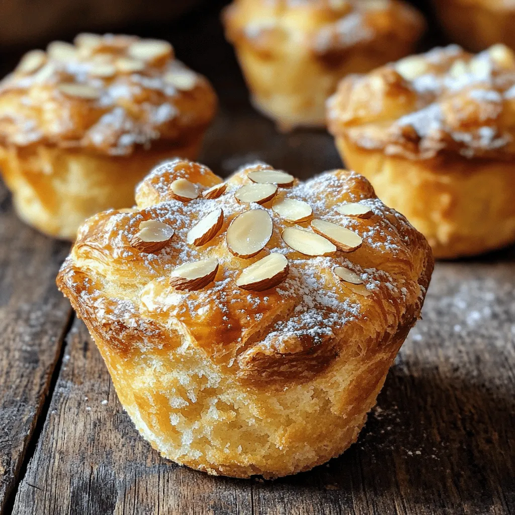 To make delicious almond croissant muffins, gather these simple ingredients: - 1 cup almond flour - 1 cup all-purpose flour - 1/2 cup granulated sugar - 1 tablespoon baking powder - 1/2 teaspoon salt - 1/2 cup unsalted butter, melted - 1 cup milk - 2 large eggs - 1 teaspoon almond extract - 1/2 cup sliced almonds - 1/4 cup powdered sugar (for dusting) Each ingredient plays a key role. Almond flour gives a nutty taste and moist texture. All-purpose flour helps bind the muffins. Granulated sugar adds sweetness, while baking powder makes them rise. Salt enhances all the flavors perfectly. Unsalted butter brings richness. Milk keeps the muffins tender. Eggs provide structure and moisture. Almond extract boosts the almond flavor, and sliced almonds give a delightful crunch. Finally, powdered sugar on top adds a sweet finish. These ingredients blend to create a tasty treat you will love. Start by preheating your oven to 350°F (175°C). This step is key for even baking. Next, line your muffin tin with paper liners. This keeps the muffins from sticking and makes cleanup easy. In a large bowl, combine the almond flour, all-purpose flour, granulated sugar, baking powder, and salt. Use a whisk to blend everything well. This helps mix the dry ingredients evenly, ensuring each muffin has good flavor. In another bowl, mix the melted butter, milk, eggs, and almond extract. Stir until all the wet ingredients are well combined. This mixture adds moisture and flavor to your muffins. Pour the wet mixture into the bowl with the dry ingredients. Stir gently until the batter is just combined. Don’t worry if there are a few lumps; overmixing can lead to tough muffins. Next, fold in the sliced almonds carefully. This adds a nice crunch to each bite. Divide the batter evenly among the muffin cups. Fill each cup about 3/4 full. This gives the muffins room to rise. Bake in the oven for 20 to 25 minutes. Check for doneness by inserting a toothpick in the center. If it comes out clean, your muffins are ready! Once baked, remove the muffins from the oven. Let them cool in the pan for about 5 minutes. Then, transfer them to a wire rack to cool completely. For a lovely finish, dust the muffins with powdered sugar before serving. This adds a sweet touch and makes them look fancy! To get the right texture, mix your dry and wet ingredients gently. Overmixing can make your muffins tough. Aim for a batter with small lumps. This keeps the muffins soft and fluffy. Make sure your oven is at 350°F (175°C) before baking. Check that your muffins are evenly spaced in the tin. This helps them bake properly. Rotate the muffin tin halfway through baking for even heat. - Importance of fresh ingredients: Fresh ingredients are key for great flavor. Use fresh almond flour and eggs. Check the dates on your baking powder and sugar, too. Fresh ingredients make a big difference in taste and texture. {{image_2}} Want a sweet twist? You can add chocolate! Use mini chocolate chips instead of sliced almonds. Mix them in the batter like you would with almonds. The chocolate melts and gives a rich flavor. These muffins will be soft and sweet. They make a great treat for any time of day! You can make these muffins vegan easily. Replace the eggs with flax eggs. To make a flax egg, mix one tablespoon of flaxseed meal with three tablespoons of water. Let it sit for five minutes. Use almond milk instead of regular milk. This keeps the almond taste while making it vegan-friendly! Want to go gluten-free? Swap the all-purpose flour with a gluten-free blend. Make sure it has a good mix of flours for the best texture. You can still use almond flour, which adds flavor. Also, check that your baking powder is gluten-free. These muffins will taste just as good and be safe for everyone! Store your almond croissant muffins in an airtight container. This keeps them fresh. You can place them at room temperature for a few days. If you want to keep them longer, refrigerate them. However, the fridge can dry them out, so be careful. You can freeze these muffins easily. First, let them cool completely. Then, wrap each muffin in plastic wrap. After that, put them in a freezer bag. They will stay fresh for up to three months. When you want to enjoy one, just take it out and let it thaw. To reheat, you can use an oven or a microwave. If using an oven, preheat it to 350°F (175°C). Place the muffin on a baking sheet and heat for about 5-10 minutes. If using a microwave, heat for about 15-20 seconds. This warming will help keep the muffin soft and tasty. Yes, you can make almond croissant muffins ahead of time. You can bake them and store them in an airtight container. They stay fresh for about three days at room temperature. For longer storage, freeze them. Just thaw and reheat before serving. If you need a substitute for almond flour, use equal parts of all-purpose flour. You can also try oat flour or coconut flour. Each will change the taste and texture slightly, so choose what you like best. These muffins last up to three days when stored in an airtight container. If you decide to freeze them, they can last for about three months. Just remember to thaw them overnight in the fridge before warming them up. Absolutely! You can add chocolate chips, dried fruit, or fresh berries. Just fold them into the batter before baking. You can also top the muffins with a drizzle of chocolate or a sprinkle of cinnamon for extra flavor. Yes, this recipe is perfect for beginners. The steps are simple, and the ingredients are easy to find. You only need to mix the dry and wet ingredients and bake. You will create tasty muffins without much fuss. Enjoy the process! In this post, I covered how to make almond croissant muffins. We explored the essential ingredients, gave step-by-step instructions, and shared tips for perfect texture. I also discussed exciting variations and storage methods. These muffins are easy to make and delicious. Whether you stick to the classic recipe or try new twists, you will impress everyone. Enjoy baking and sharing these treats, knowing you have the skills to make them just right.