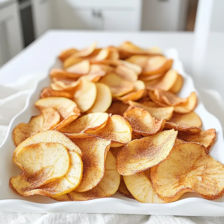 Here is what you need to make baked cinnamon apple chips. This simple list keeps things easy: - 3 large apples (varieties: Granny Smith, Fuji, Honeycrisp) - 1 tablespoon ground cinnamon - 1 tablespoon coconut sugar (or regular sugar) - Pinch of salt - Cooking spray or parchment paper These ingredients work together to create a sweet and crunchy snack. You can use any of the apple types mentioned. Granny Smith gives a nice tartness, while Fuji and Honeycrisp are sweeter. The cinnamon and sugar blend adds warmth and flavor. A pinch of salt brings out the sweetness. Using cooking spray or parchment paper helps prevent sticking, making cleanup simple. With each bite, you get a hint of spice and natural apple goodness. These chips are not just tasty; they are also a healthy snack option. You can feel good about enjoying them anytime! - Preheat your oven to 200°F (90°C). - Wash the apples well. Slice them thinly, about 1/8 inch thick. Start by preheating your oven. This step makes sure the chips bake evenly. While the oven warms up, wash your apples. I like to use Granny Smith, Fuji, or Honeycrisp. They all work well! After washing, slice the apples thinly. A mandoline makes this easy, but a sharp knife works too. Make sure to remove any seeds as you slice. - Combine cinnamon, coconut sugar, and salt in a bowl. Next, you'll make the cinnamon sugar mix. In a small bowl, combine 1 tablespoon of ground cinnamon, 1 tablespoon of coconut sugar, and a pinch of salt. This mixture gives the chips that sweet and spicy flavor. Mix it well, so the flavors blend together nicely. - Arrange apple slices on baking sheets. - Sprinkle cinnamon-sugar mixture and bake. Now it’s time to arrange the apple slices. Lay them out on baking sheets in a single layer. Make sure they do not overlap. This helps them bake evenly. Once the slices are arranged, sprinkle the cinnamon-sugar mixture over them. Use enough to cover all slices well. Place the baking sheets in the oven. Bake for about 1 to 2 hours. Check them around the 1-hour mark. You want them to be crisp and slightly curled at the edges. When they are done, take them out and let them cool on the baking sheets. They will get even crispier as they cool. Enjoy your healthy snack! To make crispy apple chips, slice the apples thinly. Aim for about 1/8 inch thick. Thinner slices crisp up better. If they are thick, they will stay soft. Check the chips often while baking. Start checking for doneness around the one-hour mark. They should look curled and feel crunchy to the touch. Want to boost the flavor? Try adding a pinch of nutmeg or a drop of vanilla extract to the cinnamon-sugar mix. This adds warmth and depth to your chips. You can also use brown sugar instead of coconut sugar. Brown sugar gives a richer, more caramel-like taste that pairs well with apples. A mandoline makes slicing easy and uniform. It helps you get those perfect thin slices quickly. If you don’t have a mandoline, a sharp knife works too, but it takes more time. For baking, use parchment paper to line your sheets. This prevents sticking and makes cleanup a breeze. Plus, it helps the chips bake evenly. {{image_2}} You can use many types of apples for these chips. Each one brings its own taste. - Granny Smith: Tart and crisp, great for a tangy snack. - Fuji: Sweet and juicy, these add a nice flavor. - Honeycrisp: A perfect mix of sweet and tart, very crunchy. Try mixing apples for a fun flavor twist! Seasonal flavors make your apple chips special. You can add spices like pumpkin spice. This gives them a warm, cozy taste. For the holidays, try adding a hint of nutmeg or cloves. These flavors pair well with cinnamon. They make your snack feel festive and fun! You can adjust the sweetness of your chips. If you want them less sweet, use less sugar. To make them savory, skip the sugar and add herbs. Thyme or rosemary can work well. This gives your chips a unique flavor. Experiment with what you like best! To keep your baked cinnamon apple chips fresh, use an airtight container. Glass or plastic containers work well. I recommend using a container that seals tightly. Store the chips at room temperature. They will last up to one week if stored correctly. Cooling the chips is very important. After baking, let the chips sit on the baking sheets until they are cool. This step helps them to become crispier. If you store them while warm, they may become soggy. Patience is key here! If your chips soften, don’t worry! You can re-crisp them easily. Simply place them back in the oven. Preheat the oven to 200°F (90°C) and bake for about 10 to 15 minutes. Check them often to avoid burning. They should return to their crunchy state. Yes, you can! Try nutmeg or pumpkin spice for a twist. Ginger adds a nice kick too. Just remember to balance the flavors so one spice does not overpower the others. Granny Smith, Fuji, and Honeycrisp work great. Granny Smith gives a tart taste, while Fuji and Honeycrisp offer sweetness. The choice depends on your flavor preference. The chips should be crisp and slightly curled at the edges. Start checking around the one-hour mark. If they feel soft, give them more time. They continue to crisp as they cool. Absolutely! A dehydrator is perfect for making apple chips. Set it to 135°F (57°C) and let them dry for about 6-8 hours. Check for crispness before removing them. Yes, they are a healthy snack! They are low in calories and high in fiber. You control the sugar and fat, making them a great alternative to chips or sweets. Enjoy guilt-free! In this post, I shared how to make crispy baked apple chips using simple ingredients. You learned to select the right apples, prepare the cinnamon sugar, and bake them perfectly. Remember to slice your apples thin for the best crunch. Feel free to mix flavors and store them correctly for later enjoyment. With these tips, you can enjoy a tasty and healthy snack anytime. Now it’s time to try this delicious recipe for yourself. You’ll love the results!