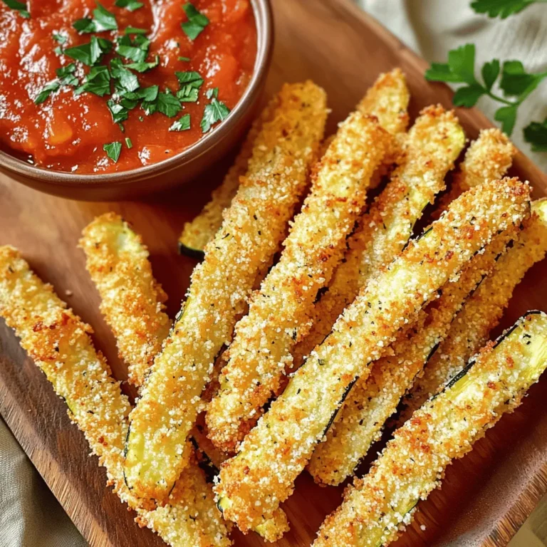 - Zucchini and Coating Ingredients - 2 medium zucchinis, cut into long strips - 1 cup breadcrumbs (panko recommended for extra crunch) - 1/2 cup grated Parmesan cheese - Seasonings and Dairy - 1 teaspoon garlic powder - 1 teaspoon onion powder - 1 teaspoon dried oregano - 1/2 teaspoon salt - 1/2 teaspoon black pepper - Egg and Oil Requirements - 2 eggs, beaten - Olive oil spray These ingredients come together to make a delicious and crispy snack. The zucchini shines through the crunchy coating. I love using panko breadcrumbs for that extra crunch. The Parmesan cheese adds a savory touch. The spices give it a wonderful flavor. Make sure to have everything ready before you start cooking. This will help keep the process smooth and fun. Setting the Temperature Set your air fryer to 400°F (200°C). This high heat helps create a crispy texture. Importance of Preheating Preheating ensures even cooking. When the air fryer is hot, your fries cook faster and turn golden brown. Cutting the Zucchini Take two medium zucchinis. Cut them into long strips about the size of fries. This shape helps them cook evenly. Dipping in Egg Beat two eggs in a bowl. Dip each zucchini strip into the egg, letting the extra drip off. This step helps the coating stick well. Mixing the Breadcrumb Mixture In a mixing bowl, combine one cup of breadcrumbs, half a cup of grated Parmesan cheese, one teaspoon of garlic powder, one teaspoon of onion powder, one teaspoon of dried oregano, half a teaspoon of salt, and half a teaspoon of black pepper. Mix until everything is well combined. Coating the Zucchini Strips Take each egg-dipped zucchini strip and coat it in the breadcrumb mixture. Press gently to help the crumbs stick. This coating gives the fries their lovely crunch. Arranging in the Basket Place the coated zucchini strips in a single layer in the air fryer basket. Make sure not to overcrowd them for the best results. Cooking Time and Temperature Air fry the zucchini fries at 400°F (200°C) for about 10 to 13 minutes. Keep an eye on them to avoid burning. Shaking for Even Cooking At the halfway mark, shake the basket gently. This helps the fries cook evenly on all sides, ensuring each bite is crispy. - Importance of Olive Oil Spray Olive oil spray is key for crispiness. It helps the coating brown evenly. Spray lightly on the zucchini fries before cooking. This small step makes a big difference in crunch. - Adjusting Cooking Time Cooking time can vary by air fryer. Start with 10 minutes and check for browning. If they need more time, add a few extra minutes. Always shake the basket halfway for even cooking. - Additional Seasoning Options You can mix in more spices to boost flavor. Try smoked paprika or cayenne for heat. A dash of lemon zest adds brightness too. Get creative with your favorite flavors. - Fresh Herbs for Garnish Fresh basil or parsley enhances the dish. Sprinkle herbs on top after cooking. This adds color and fresh taste to your zucchini fries. - Managing Portion Sizes It's better to cook in small batches. This helps the fries cook evenly and get crisp. Overcrowding the basket can lead to soggy fries. - Storing Leftovers If you have leftovers, store them in an air-tight container. Keep them in the fridge for up to three days. Reheat them in the air fryer for best results. This keeps them crispy! {{image_2}} You can change up the texture of your Air Fryer Parmesan Zucchini Fries by using different breadcrumbs. Regular breadcrumbs work fine, but I recommend panko breadcrumbs. Panko gives your fries a crunchier bite. If you want to get creative, you can even try crushed cornflakes or crushed nuts. These alternatives add a fun twist to the classic style. Want to spice things up? You can add spices to the breadcrumb mix. Try paprika, cayenne, or Italian seasoning for extra flavor. You can also change the cheese. Instead of just Parmesan, consider mixing in cheddar or mozzarella. These cheeses melt well and add a creamy taste. For dipping, marinara sauce is a classic choice. It pairs perfectly with the cheesy, crispy fries. Garlic aioli is another great option if you want something creamy. If you're serving these fries as a side, they go well with grilled chicken or fish. You can also serve them with a fresh salad for a light meal. To keep your air fryer parmesan zucchini fries fresh, use air-tight containers. Store them in the fridge. This helps keep them from getting soggy. Try to eat them within 2-3 days for the best taste. When it’s time to eat your leftovers, use the air fryer again. Heat it to 350°F (175°C). This method helps keep them crispy. Avoid using the microwave as it can make them soggy. You can also reheat them in the oven. Place them on a baking sheet and warm them up for about 10 minutes. This method also helps maintain that delicious crunch. Yes, you can! Some great options are eggplant, carrots, or sweet potatoes. Each vegetable brings its own flavor and texture. - Recommended Alternatives: - Eggplant: Cut into strips like zucchini. - Carrots: Slice thinner for quicker cooking. - Sweet Potatoes: Cut into fries for a sweeter taste. - Cooking Adjustments: - Cooking times may vary. Eggplant and sweet potatoes often need a few extra minutes. Always check for crispiness. Making zucchini fries gluten-free is easy. You just need to swap out some ingredients. - Gluten-Free Breadcrumb Options: - Use gluten-free breadcrumbs made from rice or corn. These work great for crunch. - Other Substitutions: - You can use ground almonds or crushed nuts. These add a nice flavor and texture too. Dipping sauces add fun to your meal. A few popular options can really enhance your zucchini fries. - Popular Dipping Options: - Marinara sauce: Classic and tasty. - Garlic aioli: Creamy and rich. - Ranch dressing: A cool and tangy choice. - Homemade Dipping Sauce Ideas: - Mix yogurt with herbs for a fresh dip. - Blend avocado with lime for a creamy option. Explore these ideas and make your Air Fryer Parmesan Zucchini Fries even more delightful! This post shared the full process of making tasty air-fried zucchini fries. We covered ingredients, preparation steps, and how to achieve perfect crispiness. I provided tips, variations, and storage info to help you enjoy these fries longer. Remember, experimenting with flavors and coatings can make these fries even better. Try different dips to elevate your meal. Enjoy your cooking adventure and savor every bite of your delicious zucchini fries!