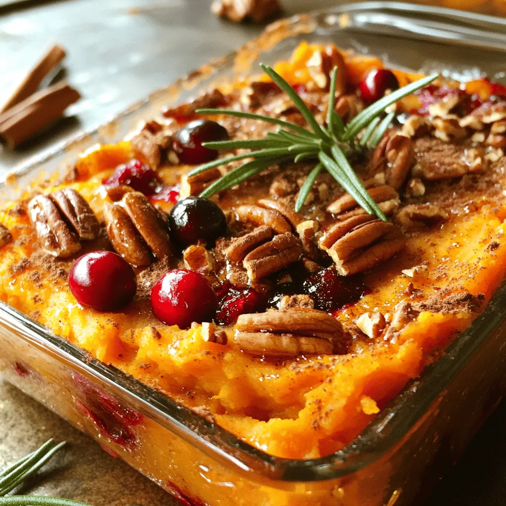 To create a tasty Cranberry Pecan Sweet Potato Casserole, gather the following ingredients: - 4 medium sweet potatoes, peeled and chopped - 1/2 cup brown sugar - 1/4 cup milk (or almond milk for a dairy-free option) - 1/4 cup unsalted butter, melted - 1 teaspoon vanilla extract - 1/2 teaspoon cinnamon - 1/4 teaspoon nutmeg - 1 cup fresh or frozen cranberries - 1 cup pecans, chopped - 1/4 cup maple syrup - Pinch of salt These ingredients work together to create a comforting dish. The sweet potatoes provide a creamy base. The brown sugar adds sweetness, while the milk makes it rich. Butter and vanilla bring warmth and depth. The spices like cinnamon and nutmeg give a cozy feel. Cranberries add a burst of tartness, balancing the sweetness. Pecans offer a nice crunch and nutty flavor. Maple syrup adds a touch of earthiness. Finally, a pinch of salt enhances all the flavors. You can mix and match these ingredients based on your taste. If you like it sweeter, add more brown sugar or maple syrup. For a richer flavor, use more butter. This dish is not just food; it’s an experience. Enjoy the process and the delicious results! - Preheat your oven to 350°F (175°C). - Peel and chop the sweet potatoes into small pieces. - Boil the sweet potatoes in a large pot for 15-20 minutes. They should be tender when done. - Drain the water and let the potatoes cool slightly. - In a large bowl, mash the sweet potatoes until smooth. - Add brown sugar, milk, melted butter, vanilla, cinnamon, nutmeg, and a pinch of salt. Mix until well combined. - Gently fold in the cranberries and half of the chopped pecans. - Transfer the sweet potato mixture to a greased 9x13 inch baking dish. Spread it evenly. - In another bowl, mix the remaining pecans with maple syrup. Toss them to coat well. - Sprinkle the pecan mixture over the sweet potato layer. - Bake for 25-30 minutes until heated through and the top is slightly crispy. - Remove from the oven and let it cool for a few minutes before serving. To make the best sweet potato casserole, start with the right potatoes. Choose medium sweet potatoes. Peel and chop them into even pieces. This helps them cook evenly. Boil them for 15 to 20 minutes until they are tender. You can check by poking with a fork. Drain and let them cool slightly before mashing. If you want a dairy-free option, use almond milk instead of regular milk. The flavor stays rich and creamy. You can also swap the butter for a dairy-free spread. This keeps the dish tasty without dairy. Timing is key when baking. Preheat your oven to 350°F (175°C) before you start mixing. This ensures your casserole cooks evenly. Bake for 25 to 30 minutes. It should be hot and have a slight crisp on top. Garnishing adds flair to your dish. A sprig of fresh rosemary looks great on top. You can also sprinkle extra cinnamon for added flavor. Pair the casserole with roasted turkey or glazed ham. This dish brings both sweet and savory flavors to your meal. It works well with green beans or a fresh salad. For presentation, serve the casserole warm. Use a nice baking dish to show off the colors. A deep dish allows the layers to shine. You can also add a drizzle of maple syrup on top just before serving to make it even more inviting. {{image_2}} You can try different nuts like walnuts or almonds. Each brings a unique crunch. Walnuts add a rich, earthy taste. Almonds offer a milder flavor. You can also switch up the fruits. Try adding diced apples or pears instead of cranberries. For sweeteners, consider using honey or agave syrup. Both can add a new sweetness level to your dish. If you want a slow cooker version, it works well. Just combine all the ingredients in the slow cooker. Set it on low for about four hours. This makes it easy for gatherings. For smaller servings, halve the recipe and use an 8x8-inch dish. You can also double the recipe for larger groups. Just make sure to adjust the baking time. Add seasonal spices like ginger or cloves for a warm touch. They enhance the dish's flavor profile. During holidays, consider topping the casserole with mini marshmallows. They add sweetness and a fun texture. You can also use fresh herbs like rosemary or thyme as a garnish. These bring a lovely aroma to your table. To store your leftover casserole, use airtight containers. Glass or plastic containers work well. Make sure the casserole is cool before sealing. In the fridge, it lasts about 3 to 5 days. If you want to keep it longer, freeze it. In the freezer, it stays good for about 2 to 3 months. Just remember to label your containers with the date. When it’s time to eat leftovers, you can reheat them in several ways. The oven gives the best results. Preheat the oven to 350°F (175°C). Place the casserole in a baking dish, cover it with foil, and heat for about 20 minutes. You can also use the microwave for quick reheating. Just heat it in short bursts, stirring in between. To keep the texture and flavor, avoid overheating. If it seems dry, add a splash of milk or water before reheating. Enjoy every bite of your delicious casserole! Can I prepare the casserole ahead of time? Yes, you can prepare the casserole a day before. Just cover it and store it in the fridge. When you are ready, bake it at 350°F for about 25-30 minutes until hot. What can I substitute for pecans? If you cannot use pecans, try walnuts or almonds. Both give a nice crunch. You can also skip nuts for a nut-free version. Is this recipe suitable for vegans? Yes, this recipe can be vegan. Use almond milk and replace the butter with vegan butter. The dish will still taste great! How do I know when the sweet potatoes are done? The sweet potatoes are done when they are tender. You can poke them with a fork. If it goes in easily, they are ready. Can I use canned sweet potatoes instead? You can use canned sweet potatoes, but it may change the texture. Drain them well and mash them before mixing with other ingredients. What goes well with sweet potato casserole? Sweet potato casserole pairs well with roasted turkey or ham. It also goes great with green beans or a fresh salad. How do I enhance the flavor profile further? To boost flavor, add a pinch of cayenne pepper or a splash of orange juice. Both can add a nice twist to the dish. This blog post covers the key steps to make a tasty sweet potato casserole. We explored ingredients like sweet potatoes, spices, and nuts. I shared tips on preparation, mixing, and baking. You learned ways to store and reheat leftovers. Experimenting with variations can make the dish shine for any meal. Remember, this casserole is versatile and easy to customize. Enjoy making it your own!
