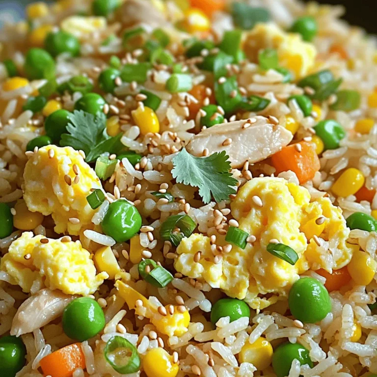 - 2 cups cooked jasmine rice (preferably day-old) - 1 cup cooked chicken breast, diced - 2 tablespoons sesame oil - 1 cup mixed vegetables (peas, carrots, corn) - 2 green onions, sliced (white and green parts separated) - 2 large eggs, beaten - 3 tablespoons soy sauce (low-sodium) - 1 tablespoon rice vinegar - 1 tablespoon toasted sesame seeds - Salt and pepper, to taste - Fresh cilantro, for garnish (optional) The main ingredients make this dish pop. Day-old jasmine rice gives the best texture. Fresh chicken adds protein. Use mixed veggies for color and crunch. Green onions add a nice bite. Eggs make it creamy and rich. I recommend using jasmine rice for its fragrance. It cooks well and holds flavor. If you don’t have jasmine, use long-grain rice. Make sure your rice is cold before cooking. This prevents clumping. Cook the rice a day ahead for best results. Store it in the fridge. This way, your fried rice will turn out perfect! Start with two cups of cooked jasmine rice. Using day-old rice works best. It helps keep the rice from becoming mushy. Next, take one cup of cooked chicken breast. Dice it into small pieces. Slice two green onions, separating the white and green parts. Gather one cup of mixed vegetables like peas, carrots, and corn. Lastly, beat two large eggs in a bowl and set them aside. Heat two tablespoons of sesame oil in a large skillet or wok over medium-high heat. Once hot, add the beaten eggs. Scramble them until fully cooked, then take them out of the skillet. In the same pan, add the mixed vegetables and the white parts of the green onions. Sauté for about three to four minutes. This helps bring out their flavors. Now, stir in the diced chicken and the cold jasmine rice. Break up any clumps of rice as you mix. Cook this for about five minutes until everything is heated. Pour in three tablespoons of low-sodium soy sauce and one tablespoon of rice vinegar. Mix well to coat the rice evenly. Cook for an extra two minutes. Finally, add the scrambled eggs back to the skillet with the green parts of the green onions. Toss everything together. Season with salt and pepper to taste. For a finishing touch, sprinkle toasted sesame seeds on top before serving. To make great fried rice, use cold, day-old rice. Fresh rice is too sticky. Break up any clumps before cooking. Use a hot skillet or wok to get that nice sear. Don’t overcrowd the pan; this lets the rice fry instead of steam. Stir often to prevent burning. When adding soy sauce, do it slowly. This helps the rice absorb the flavor evenly. If you have extra cooked chicken or veggies, toss them in. You can mix in bell peppers or broccoli too. Leftover rice can be turned into fried rice quickly. If you have fresh herbs, add them for color and taste, like cilantro or basil. You can also use leftover sauces to boost flavor. To save time, prep your ingredients first. Dice chicken and slice veggies ahead of time. Use frozen mixed vegetables; they cook fast and add color. If you need cooked rice fast, try using the microwave. Just add a splash of water to keep it moist. Consider making a big batch of fried rice and enjoy it for lunch. {{image_2}} You can switch up the protein in this dish. If you want to add shrimp, use cooked shrimp. Simply toss it in when you add the rice. Tofu is another great option for a vegetarian twist. Just cube it and sauté it with the veggies. For a hearty meal, try pork or beef. Cook it just before adding the rice. Mixing in different veggies can change the flavor. If you don’t like peas, use broccoli or bell peppers. Spinach or kale can add nice color and nutrients. For a crunchy touch, add water chestnuts or bean sprouts. These swaps can help meet your diet needs while keeping it tasty. Want to amp up the flavor? Add a splash of oyster sauce or sweet chili sauce. You can also mix in hoisin sauce for a richer taste. A bit of Sriracha can add heat if you like spice. Remember to adjust soy sauce to keep the balance right. These little changes can make each meal unique and fun! Store leftover Sesame Chicken Fried Rice in an airtight container. It stays fresh for up to four days in the fridge. Make sure the rice cools down to room temperature before sealing. This helps keep moisture out and flavors intact. When you’re ready to eat, check for any off smells or colors. If it seems off, it's better to toss it. If you want to save some for later, freezing is a great option. Place the cooled fried rice in freezer-safe bags. Remove as much air as possible before sealing. This helps prevent freezer burn. Label the bags with the date. You can freeze it for up to three months. To use, just thaw it overnight in the fridge before reheating. When reheating, keep the rice moist to avoid dryness. Add a splash of water or a drizzle of sesame oil before heating. You can use a microwave or a skillet. If using a skillet, heat it over medium heat. Stir occasionally until it's hot throughout. This keeps the flavors bright and the texture just right. Enjoy your meal as if it was freshly made! Yes, you can use fresh rice. However, day-old rice works best. It is drier and less sticky, which helps in frying. Fresh rice may clump and result in a mushy texture. If you must use fresh rice, spread it out on a tray to cool. Let it sit for about an hour to dry slightly before using. If you don't have sesame oil, try these options: - Peanut oil - Sunflower oil - Canola oil These oils can mimic the flavor and work well in this dish. You can also mix a bit of toasted sesame seeds with another oil for extra flavor. To make this sesame chicken fried rice vegetarian, simply omit the chicken. Replace it with tofu or tempeh for protein. You can also add more vegetables like bell peppers or mushrooms. Adjust the soy sauce to keep the flavor strong and satisfying. We explored the key ingredients and steps for making sesame chicken fried rice. You learned how to prepare, cook, and enhance this dish with tips for the best texture. Remember to customize with your choice of proteins and veggies. Store leftovers properly to enjoy later. This dish is flexible, so have fun making it your own. With these guidelines, you can create a tasty meal that satisfies any palate. Enjoy cooking and sharing your delicious fried rice!