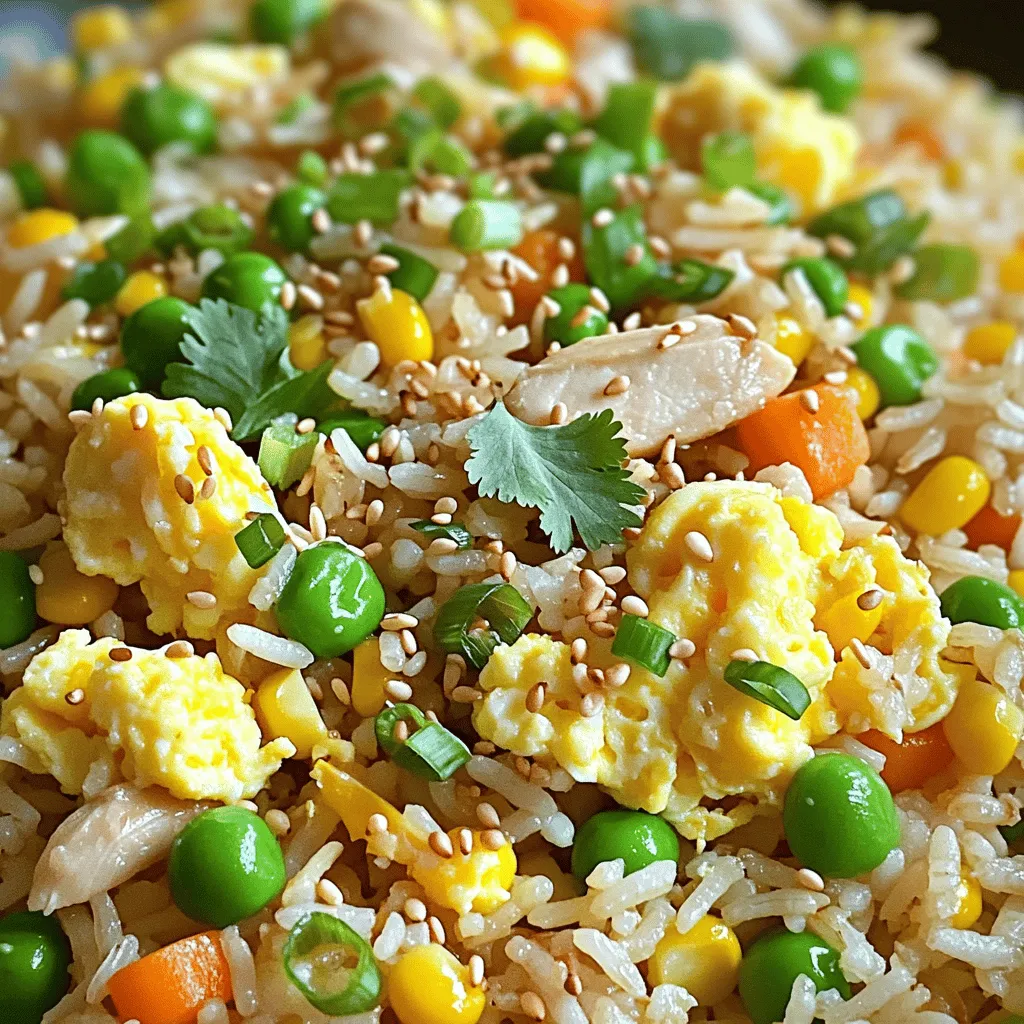 - 2 cups cooked jasmine rice (preferably day-old) - 1 cup cooked chicken breast, diced - 2 tablespoons sesame oil - 1 cup mixed vegetables (peas, carrots, corn) - 2 green onions, sliced (white and green parts separated) - 2 large eggs, beaten - 3 tablespoons soy sauce (low-sodium) - 1 tablespoon rice vinegar - 1 tablespoon toasted sesame seeds - Salt and pepper, to taste - Fresh cilantro, for garnish (optional) The main ingredients make this dish pop. Day-old jasmine rice gives the best texture. Fresh chicken adds protein. Use mixed veggies for color and crunch. Green onions add a nice bite. Eggs make it creamy and rich. I recommend using jasmine rice for its fragrance. It cooks well and holds flavor. If you don’t have jasmine, use long-grain rice. Make sure your rice is cold before cooking. This prevents clumping. Cook the rice a day ahead for best results. Store it in the fridge. This way, your fried rice will turn out perfect! Start with two cups of cooked jasmine rice. Using day-old rice works best. It helps keep the rice from becoming mushy. Next, take one cup of cooked chicken breast. Dice it into small pieces. Slice two green onions, separating the white and green parts. Gather one cup of mixed vegetables like peas, carrots, and corn. Lastly, beat two large eggs in a bowl and set them aside. Heat two tablespoons of sesame oil in a large skillet or wok over medium-high heat. Once hot, add the beaten eggs. Scramble them until fully cooked, then take them out of the skillet. In the same pan, add the mixed vegetables and the white parts of the green onions. Sauté for about three to four minutes. This helps bring out their flavors. Now, stir in the diced chicken and the cold jasmine rice. Break up any clumps of rice as you mix. Cook this for about five minutes until everything is heated. Pour in three tablespoons of low-sodium soy sauce and one tablespoon of rice vinegar. Mix well to coat the rice evenly. Cook for an extra two minutes. Finally, add the scrambled eggs back to the skillet with the green parts of the green onions. Toss everything together. Season with salt and pepper to taste. For a finishing touch, sprinkle toasted sesame seeds on top before serving. To make great fried rice, use cold, day-old rice. Fresh rice is too sticky. Break up any clumps before cooking. Use a hot skillet or wok to get that nice sear. Don’t overcrowd the pan; this lets the rice fry instead of steam. Stir often to prevent burning. When adding soy sauce, do it slowly. This helps the rice absorb the flavor evenly. If you have extra cooked chicken or veggies, toss them in. You can mix in bell peppers or broccoli too. Leftover rice can be turned into fried rice quickly. If you have fresh herbs, add them for color and taste, like cilantro or basil. You can also use leftover sauces to boost flavor. To save time, prep your ingredients first. Dice chicken and slice veggies ahead of time. Use frozen mixed vegetables; they cook fast and add color. If you need cooked rice fast, try using the microwave. Just add a splash of water to keep it moist. Consider making a big batch of fried rice and enjoy it for lunch. {{image_2}} You can switch up the protein in this dish. If you want to add shrimp, use cooked shrimp. Simply toss it in when you add the rice. Tofu is another great option for a vegetarian twist. Just cube it and sauté it with the veggies. For a hearty meal, try pork or beef. Cook it just before adding the rice. Mixing in different veggies can change the flavor. If you don’t like peas, use broccoli or bell peppers. Spinach or kale can add nice color and nutrients. For a crunchy touch, add water chestnuts or bean sprouts. These swaps can help meet your diet needs while keeping it tasty. Want to amp up the flavor? Add a splash of oyster sauce or sweet chili sauce. You can also mix in hoisin sauce for a richer taste. A bit of Sriracha can add heat if you like spice. Remember to adjust soy sauce to keep the balance right. These little changes can make each meal unique and fun! Store leftover Sesame Chicken Fried Rice in an airtight container. It stays fresh for up to four days in the fridge. Make sure the rice cools down to room temperature before sealing. This helps keep moisture out and flavors intact. When you’re ready to eat, check for any off smells or colors. If it seems off, it's better to toss it. If you want to save some for later, freezing is a great option. Place the cooled fried rice in freezer-safe bags. Remove as much air as possible before sealing. This helps prevent freezer burn. Label the bags with the date. You can freeze it for up to three months. To use, just thaw it overnight in the fridge before reheating. When reheating, keep the rice moist to avoid dryness. Add a splash of water or a drizzle of sesame oil before heating. You can use a microwave or a skillet. If using a skillet, heat it over medium heat. Stir occasionally until it's hot throughout. This keeps the flavors bright and the texture just right. Enjoy your meal as if it was freshly made! Yes, you can use fresh rice. However, day-old rice works best. It is drier and less sticky, which helps in frying. Fresh rice may clump and result in a mushy texture. If you must use fresh rice, spread it out on a tray to cool. Let it sit for about an hour to dry slightly before using. If you don't have sesame oil, try these options: - Peanut oil - Sunflower oil - Canola oil These oils can mimic the flavor and work well in this dish. You can also mix a bit of toasted sesame seeds with another oil for extra flavor. To make this sesame chicken fried rice vegetarian, simply omit the chicken. Replace it with tofu or tempeh for protein. You can also add more vegetables like bell peppers or mushrooms. Adjust the soy sauce to keep the flavor strong and satisfying. We explored the key ingredients and steps for making sesame chicken fried rice. You learned how to prepare, cook, and enhance this dish with tips for the best texture. Remember to customize with your choice of proteins and veggies. Store leftovers properly to enjoy later. This dish is flexible, so have fun making it your own. With these guidelines, you can create a tasty meal that satisfies any palate. Enjoy cooking and sharing your delicious fried rice!