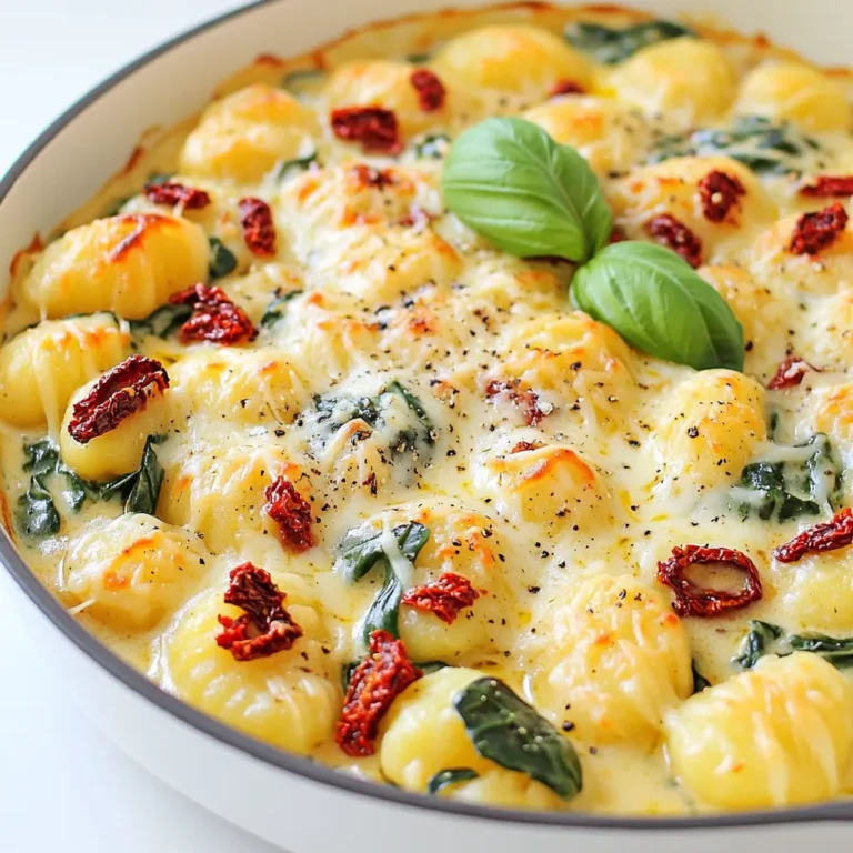 Here’s what you need for a delicious One-Pan Creamy Sun-Dried Tomato Gnocchi Bake: - 1 pound (450g) potato gnocchi - 1 cup sun-dried tomatoes in oil, drained and roughly chopped - 2 cups fresh spinach, roughly chopped - 1 cup heavy cream - 1 cup fresh mozzarella cheese, diced - 1/2 cup grated Parmesan cheese - 2 cloves garlic, minced - 1 teaspoon Italian seasoning - Salt and pepper to taste - 2 tablespoons olive oil - Fresh basil for garnish (optional) You may not have all the ingredients. Here are some smart swaps: - Potato gnocchi: Try using ricotta gnocchi or even pasta shells. - Sun-dried tomatoes: Use fresh tomatoes or roasted red peppers for a different flavor. - Heavy cream: Swap it with half-and-half or coconut cream for a lighter dish. - Fresh mozzarella: You can use shredded mozzarella or even feta for a tangy kick. - Spinach: Kale or arugula works well if you want a different green. Using fresh ingredients makes a big difference. Here are my tips: - Choose ripe, firm tomatoes. They add flavor and color to your dish. - Look for bright green spinach. It should feel crisp and not wilted. - Get high-quality olive oil. It enhances the overall taste of your bake. - Check the mozzarella for freshness. It should smell mild and creamy. - Always check expiration dates on dairy products. Freshness matters! These tips help you pick the best ingredients for your One-Pan Creamy Sun-Dried Tomato Gnocchi Bake. Enjoy your cooking! To make this dish, first, gather your ingredients. You will need potato gnocchi, sun-dried tomatoes, spinach, heavy cream, mozzarella cheese, Parmesan cheese, garlic, Italian seasoning, salt, and pepper. 1. Preheat your oven to 400°F (200°C). 2. Take a large oven-safe skillet and heat the olive oil over medium heat. 3. Add minced garlic and sauté it for about 1 minute. You want it to smell nice. 4. Next, add the sun-dried tomatoes and Italian seasoning. Stir for 2 minutes. 5. Now, pour in the heavy cream. Add the chopped spinach and cook for 2-3 minutes. Wait until the spinach wilts. 6. Add the gnocchi to the skillet and mix gently. Make sure all gnocchi gets coated in the cream. 7. Fold in the diced mozzarella. Season with salt and pepper according to your taste. 8. Spread the mixture evenly across the skillet. 9. Generously sprinkle grated Parmesan cheese on top. 10. Place the skillet in the oven and bake for 20-25 minutes. Look for a bubbly and golden top. Using an oven-safe skillet makes this dish easier. Here are some tips: - Check if your skillet is labeled oven-safe. Cast iron and stainless steel work well. - Avoid using non-stick skillets if they have plastic handles. They may melt. - Always use oven mitts when handling hot skillets. Safety first! Baking this dish is simple: - After mixing everything in your skillet, place it in the preheated oven. - Bake for 20-25 minutes. Keep an eye on it towards the end. - The top should look bubbly and golden brown. - Once baked, remove it from the oven. Let it cool for a few minutes before serving. This allows the flavors to settle. To boost the flavor, use fresh herbs. Fresh basil or parsley adds a nice touch. You can also add a pinch of red pepper flakes for some heat. Another great trick is to let the sun-dried tomatoes sit in the olive oil longer. This helps them soak up more flavor. A splash of lemon juice can brighten the dish, too. A common mistake is not draining the sun-dried tomatoes well. If they are too oily, the dish can become greasy. Another mistake is overcooking the gnocchi. It should be tender but not mushy. Be mindful of seasoning; taste as you go. Too much salt can overpower the dish. Lastly, don’t skip the baking step. It creates a nice golden top and enhances the flavor. This dish is perfect on its own, but you can add sides for more variety. A simple green salad pairs well. A crusty bread is great for dipping, too. If you want to make it fancy, add some grilled chicken or shrimp on top. For a cozy feel, serve it with a glass of white wine. Enjoy it hot, and don’t forget to garnish with fresh basil! {{image_2}} You can easily make this dish vegetarian. Simply skip any meat and focus on fresh veggies. Add mushrooms or bell peppers for extra flavor and texture. You can also use vegetable broth instead of heavy cream for a lighter sauce. This keeps the dish creamy while making it veggie-friendly. If you want to add protein, chicken or sausage works well. For chicken, use cooked, diced pieces and fold them into the bake. If you prefer sausage, cook it first, then slice it up and mix it in. This adds heartiness to the dish, making it even more fulfilling. To make this dish gluten-free, look for gluten-free gnocchi. Many brands offer tasty options made from rice or potatoes. The rest of the recipe stays the same. You still get that creamy, dreamy taste without the gluten. Enjoy your meal without worry! To keep your One-Pan Creamy Sun-Dried Tomato Gnocchi Bake fresh, store it in an airtight container. Allow the dish to cool before sealing it. This helps maintain its creamy texture. Place the container in the fridge if you plan to eat it within a few days. It should be good for up to three days. When you want to enjoy leftovers, preheat your oven to 350°F (175°C). Transfer the gnocchi bake to an oven-safe dish if needed. Cover it with foil to prevent drying out. Heat it for about 20 minutes or until it’s warm all the way through. You can also microwave it for a quicker option. Just heat in 30-second intervals until it’s hot. You can freeze this dish if you want to save it for later. Allow the gnocchi bake to cool completely. Then, place it in a freezer-safe container. Make sure to seal it tightly to avoid freezer burn. It can last up to three months. To enjoy, thaw it in the fridge overnight before reheating. Yes, you can use frozen gnocchi. Just add them straight to the pan without thawing. They will cook well in the creamy sauce. You may need to increase the cooking time by a few minutes. Keep an eye on them to ensure they heat through. If you want a lighter option, you can use half-and-half or whole milk. You can also use coconut cream for a dairy-free choice. For a thicker sauce, add a bit of cornstarch to your substitute. This will help achieve that creamy texture you love. The gnocchi bake is done when it is bubbly and golden on top. Look for a nice brown crust from the Parmesan cheese. You can also check if the gnocchi are soft. A fork should easily pierce them. If everything looks good, it’s time to enjoy your dish! This blog post covered all about making a delicious gnocchi bake. We explored key ingredients and their substitutes, along with tips for keeping them fresh. You learned step-by-step instructions for preparing and baking the dish perfectly. I also shared tips to enhance flavor and avoid common mistakes. You can try variations like vegetarian options or adding proteins. Lastly, we discussed how to store and reheat leftovers for future meals. Enjoy your cooking and make this gnocchi bake a new favorite!