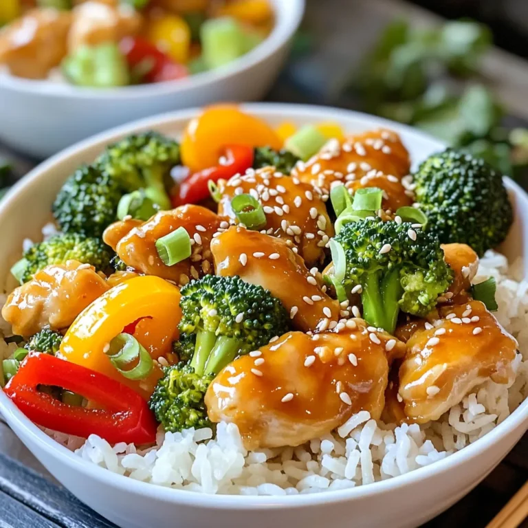 - 1 lb boneless, skinless chicken thighs - 1 cup jasmine rice - 2 cups chicken broth - 1/4 cup orange juice (freshly squeezed for best flavor) - Zest of 1 orange - 3 tablespoons soy sauce - 1 tablespoon honey - 1 teaspoon ginger, grated - 2 cloves garlic, minced - 1 bell pepper, sliced (red or yellow for color) - 1 cup broccoli florets - Sesame seeds for garnish - Chopped green onions for garnish In this recipe, I use boneless, skinless chicken thighs for their juicy flavor. Jasmine rice makes the base smooth and fragrant. Chicken broth adds depth to the rice, making it more flavorful. I love flavoring with fresh orange juice and zest. They bring out a bright sweetness that pairs well with the savory soy sauce and honey. Ginger and garlic add warmth and spice, creating a well-rounded sauce. For veggies, I choose bell pepper and broccoli. They add color and crunch. Sesame seeds and green onions are perfect for garnishing, giving a nice finish to the dish. Rinse 1 cup of jasmine rice under cold water. This helps remove extra starch. Keep rinsing until the water runs clear. Next, combine the rinsed rice and 2 cups of chicken broth in a medium saucepan. Bring it to a boil. Then reduce the heat to low. Cover the pot and simmer for 15 to 20 minutes. The rice should absorb all the liquid and become fluffy. After cooking, remove from heat, and let it sit for 5 minutes with the lid on. In a bowl, take 1 pound of boneless, skinless chicken thighs cut into bite-sized pieces. Toss the chicken with 1 tablespoon of cornstarch. Add salt and pepper to taste. Make sure each piece is evenly coated. This step will create a nice, crispy texture when you cook the chicken. Grab a separate bowl. Whisk together 1/4 cup of freshly squeezed orange juice, the zest of 1 orange, 3 tablespoons of soy sauce, 1 tablespoon of honey, 1 teaspoon of grated ginger, and 2 cloves of minced garlic. Mix until smooth. Set this flavorful sauce aside for later. Heat 2 tablespoons of vegetable oil in a large skillet or wok over medium-high heat. Once hot, add the coated chicken pieces. Stir-fry the chicken until golden brown and fully cooked, about 5 to 7 minutes. After cooking, remove the chicken from the skillet and set it aside. In the same skillet, add 1 sliced bell pepper and 1 cup of broccoli florets. Stir-fry them for 3 to 4 minutes. You want them to be tender yet still crisp. This adds a nice texture and freshness to your dish. Return the cooked chicken back into the skillet with the vegetables. Pour the prepared orange sauce over everything. Stir well to coat all the ingredients evenly. Cook for an additional 2 to 3 minutes, allowing everything to heat through. Fluff the cooked jasmine rice with a fork. Divide the rice among serving bowls. Top each bowl with the orange chicken and vegetable mixture. For a finishing touch, sprinkle sesame seeds and chopped green onions on top. Enjoy your savory orange chicken rice bowls! To get that crispy chicken, cornstarch is key. It forms a nice crust when cooked. Coat your chicken pieces well. This step makes a huge difference in texture. For cooking, use a hot skillet or wok. Heat the oil until it shimmers before adding the chicken. This helps seal in moisture and creates a golden outer layer. Stir-fry the chicken for about 5-7 minutes. Make sure it cooks evenly. To boost flavor, think about adding spices. A dash of garlic powder or red pepper flakes works well. These extras can take your dish to the next level. Fresh herbs like cilantro or basil can also add a nice touch. They brighten up the whole meal. Using fresh ingredients is important. Fresh orange juice and zest will make your sauce pop. Fresh garlic and ginger enhance the taste too. Always choose fresh over dried when you can. Meal prepping can save you a lot of time. Cook the rice and chicken ahead of time. You can store them in the fridge for a few days. This way, you can whip up the bowls in no time. If you're short on time, quick vegetable substitutes work great. Frozen bell peppers and broccoli are a good choice. They cook fast and are still healthy. You can add them straight to the skillet without thawing. {{image_2}} You can switch the chicken for other proteins. Tofu works well. It absorbs flavors nicely. Use firm tofu for a good texture. Just press it to remove extra water. Shrimp is another option. It cooks quickly and adds a nice seafood flavor. If you prefer chicken breast, that's fine too. It may be less juicy than thighs, but it works great. Jasmine rice is tasty, but you can try other grains. Quinoa is a great choice. It adds protein and fiber. Brown rice is another healthy option. Both provide different textures and flavors. If you're looking for a gluten-free option, use quinoa or rice. They fit well into any meal plan while still tasting delicious. Want a spicy twist? Add chili flakes or sriracha to the sauce. This gives your dish a nice kick. You can also mix in other citrus flavors. Try lime or lemon juice for a different taste. Each adds a unique zing to the orange chicken. These small changes can keep your meals exciting and fresh! To keep your orange chicken rice bowls fresh, store the leftovers in the refrigerator. Place the chicken, rice, and veggies in airtight containers. This helps keep moisture in and prevents odors from mixing. I recommend using glass containers. They are great for reheating and don’t stain easily. When you want to enjoy your leftovers, reheating is key. The best way is to use the microwave. Heat on medium power for 1-2 minutes. Stir halfway through to warm everything evenly. You can also use a skillet over low heat for about 5 minutes. This method keeps the chicken crispy and the veggies fresh. If you want to freeze your orange chicken rice bowls, freeze the chicken and rice separately. This keeps the textures nice. Use freezer-safe bags or containers. You can store them for about 2-3 months. When ready to eat, thaw overnight in the fridge before reheating. This way, your meal stays tasty and safe! Yes, you can use frozen chicken. First, thaw the chicken safely. The best way is to place it in the fridge overnight. If you need to thaw it quickly, submerge it in cold water. Change the water every 30 minutes until it’s thawed. Cooking frozen chicken takes longer. Always check the internal temperature. It should reach 165°F for safety. If you need a soy sauce substitute, try tamari. Tamari is gluten-free and has a similar taste. Coconut aminos also work well; it’s sweeter and lower in sodium. For a quick mix, try equal parts water and miso paste. It gives a nice umami flavor without soy. To add heat, you can use red pepper flakes or sriracha. Mix these into the sauce for flavor. You can also add fresh chili peppers when stir-frying the vegetables. For a different twist, try a dash of cayenne pepper in the chicken coating. Adjust the amount based on your heat preference. Yes, you can prepare this dish ahead. Cook the chicken and vegetables, then store them in the fridge. Keep the rice separate to prevent it from getting mushy. When ready to eat, reheat everything in a pan. Make sure the chicken is hot and reaches 165°F. This dish tastes great even after a day! This recipe brings together simple ingredients for an amazing dish. You learned about the key components like chicken thighs, jasmine rice, and flavorful sauces. Follow the steps to prepare and enjoy your meal. Remember, crispy chicken and fresh veggies make a big difference. With handy tips for variations and storage, you can make this dish your own. Keep experimenting, and enjoy the cooking journey!