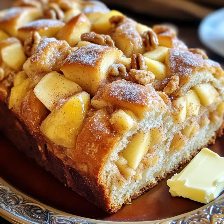 For the perfect Apple Cinnamon Bakery Bread, gather these key ingredients: - Dried ingredients: - 2 cups all-purpose flour - 1 teaspoon baking powder - 1/2 teaspoon baking soda - 1 teaspoon ground cinnamon - 1/4 teaspoon nutmeg - 1/2 teaspoon salt - Wet ingredients: - 1/2 cup unsalted butter, softened - 3/4 cup brown sugar, packed - 2 large eggs - 1 teaspoon vanilla extract - 1/2 cup buttermilk - Fresh ingredients: - 2 medium apples, peeled, cored, and diced (I recommend Granny Smith or Honeycrisp) - 1/2 cup chopped walnuts (this is optional, but they add great texture) These ingredients blend to create a moist and flavorful bread. The apples add natural sweetness, while the spices give it warmth. The walnuts provide a nice crunch. Each component plays a role in making this bread a delightful treat. 1. Preheat the Oven: Start by preheating your oven to 350°F (175°C). This ensures even baking. Grease a 9x5-inch loaf pan with butter or cooking spray. This will stop the bread from sticking. 2. Mix Dry Ingredients: In a medium bowl, whisk together the following dry items: - 2 cups all-purpose flour - 1 teaspoon baking powder - 1/2 teaspoon baking soda - 1 teaspoon ground cinnamon - 1/4 teaspoon nutmeg - 1/2 teaspoon salt Set this bowl aside. 3. Prepare the Wet Mixture: In a large bowl, cream together: - 1/2 cup unsalted butter, softened - 3/4 cup brown sugar, packed Use a hand mixer or stand mixer for about 3-4 minutes. It should be light and fluffy. Next, add in 2 large eggs, one at a time. Then mix in 1 teaspoon vanilla extract until well combined. 4. Combine the Mixtures: Gradually add the dry mixture to the wet mixture. Alternate with 1/2 cup buttermilk. Start and end with the flour mixture. Mix until just combined. 5. Fold in Apples and Nuts: Gently fold in: - 2 medium apples, peeled, cored, and diced (Granny Smith or Honeycrisp) - 1/2 cup chopped walnuts (optional) Ensure they are evenly distributed in the batter. 1. Transfer to Pan: Pour the batter into the prepared loaf pan. Smooth the top with a spatula. 2. Add the Topping: In a small bowl, mix: - 1/4 cup granulated sugar - 1 teaspoon ground cinnamon Sprinkle this mixture evenly over the top of the loaf. 3. Bake: Place the pan in the oven and bake for 55-65 minutes. Check doneness by inserting a toothpick into the center. If it comes out clean, the bread is ready. 1. Cooling Techniques: Allow the bread to cool in the pan for 10 minutes. This helps it firm up. Next, transfer it to a wire rack to cool completely. 2. Slicing Recommendations: Wait until the bread is cool before slicing. This helps keep the slices neat. Serve warm with a pat of butter or a drizzle of honey for extra flavor. You can also sprinkle some extra cinnamon on top for a lovely touch. What are the best apples to choose? The best apples are Granny Smith or Honeycrisp. They add a nice tartness. This balances the sweetness of the bread. Choose firm apples for the best texture in your bread. How can I keep the bread moist? To keep the bread moist, do not overmix the batter. Mix just until combined. Adding buttermilk also helps, as it adds moisture. You can also cover the bread with foil during baking to prevent it from drying out. What happens if I overmix the batter? Overmixing makes the bread tough and dry. Mix until you see no dry flour. This keeps the bread light and fluffy. Why is baking at the right temperature important? Baking at the wrong temperature can lead to uneven results. Always preheat your oven to 350°F (175°C). An oven thermometer can help ensure your oven is accurate. How should I serve the bread? Serve the bread warm with a pat of butter. You can also drizzle honey over it. A sprinkle of cinnamon sugar on top enhances the flavor. What drinks pair well with this bread? This bread pairs nicely with coffee or tea. The warm spices complement the drinks well. Enjoy a slice with your morning brew or as an afternoon snack. {{image_2}} You can change the flavor of your apple cinnamon bread in fun ways. Adding spices like ginger or cloves gives it a warm, cozy taste. You can also try different mix-ins. For example, cranberries add a tart kick, while chocolate chips bring a sweet twist. Both options make the bread unique and tasty. If you need to make the bread gluten-free, substitute all-purpose flour with a gluten-free blend. This change keeps the texture nice. For vegan options, you can replace eggs with flaxseed meal or applesauce. You can also use coconut oil instead of butter. These swaps make the bread suitable for many diets. Serving apple cinnamon bread can be fun and creative. You can slice it and arrange it on a pretty platter. A pat of butter or a drizzle of honey on top makes it even better. For special occasions, sprinkle some extra cinnamon on the bread or add festive decorations. This way, your bread looks as good as it tastes! To keep Apple Cinnamon Bakery Bread fresh for a few days, wrap it well. Use plastic wrap or foil. Place it in an airtight container. This helps keep out air and moisture. Store it at room temperature, away from direct sunlight. It stays good for about three days. For long-term storage, freezing is the best option. First, let the bread cool completely. Then, slice the bread for easy use. Wrap each slice in plastic wrap. Put the wrapped slices in a freezer bag. Squeeze out the air before sealing. This keeps the bread fresh for up to three months. To reheat the bread, use the oven for the best texture. Preheat your oven to 350°F (175°C). Place the slices on a baking sheet. Heat for about 10 minutes. You can also use a microwave, but it may get soft. Heat it for 15-20 seconds in the microwave. Enjoy your warm, tasty bread! For this recipe, I recommend using Granny Smith or Honeycrisp apples. These apples offer a nice balance of tartness and sweetness. Granny Smith brings a sharp bite, while Honeycrisp adds a juicy sweetness. Both types hold their shape well during baking, giving you nice chunks of apple in every slice. Yes, you can prepare this bread ahead of time. Mix the dry and wet ingredients separately and store them in the fridge overnight. On baking day, combine them as directed. You can also bake the bread a day in advance. Just let it cool completely before wrapping it in plastic wrap. This keeps it fresh. You can make this bread in a bread machine, but some adjustments are needed. Use the machine's dough setting to mix the ingredients. After that, transfer the dough to a loaf pan to bake in the oven. This method gives you a better texture and crust than a bread machine alone. Homemade apple cinnamon bread is fresher and more flavorful than store-bought options. You control the ingredients, so you can avoid preservatives and additives. Plus, you can customize flavors and textures. The joy of baking at home also adds a special touch that you won’t find in store-bought bread. This article covered the main steps to make delicious apple cinnamon bread. We discussed essential ingredients, from flour to fresh apples, and shared clear, step-by-step instructions. I shared tips to avoid common mistakes and suggested tasty variations. Remember, using the right apples and mixing properly leads to great taste. Store your bread for freshness and enjoy it with coffee or tea. Homemade is always better than store-bought. Now, gather your ingredients and start baking! You’ll love the results.