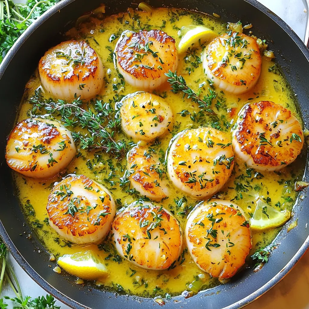 - 1 lb sea scallops, patted dry - 4 tablespoons unsalted butter - 3 cloves garlic, minced - Zest and juice of 1 lemon - 1 teaspoon fresh thyme leaves - 2 tablespoons fresh parsley, chopped (for garnish) - Salt and pepper to taste - Skillet - Paper towels The star of this dish is the sea scallops. They should be fresh and plump for the best taste. You want to pat them dry to get that nice sear. The unsalted butter adds a rich flavor that combines perfectly with the garlic. Garlic is key here; it brings a lovely aroma. The lemon zest and juice brighten up the dish with a fresh zing. For seasonings, fresh thyme adds an earthy note. You can also use fresh parsley as a garnish; it adds a pop of color and flavor. Don't forget salt and pepper. They balance everything out nicely. You will need a skillet for cooking. A large one works best to get all the scallops in at once. Paper towels help you dry the scallops well. This step is vital for achieving that perfect golden crust. To start, you want the scallops to be dry. Use paper towels to pat them dry. This helps them sear well. If they are wet, they will steam instead of sear. Next, season the scallops with salt and pepper. This simple step boosts their flavor. You can season both sides for even taste. For cooking, use a large skillet. Heat it over medium-high heat. Add two tablespoons of butter once the skillet is hot. When the butter bubbles, place the scallops in the skillet. Don’t overcrowd them. This way, they can sear nicely. Cook the scallops for about two to three minutes on each side. Look for a golden brown color. They should also be opaque. Be careful not to overcook them. Remove them from the skillet and set them aside. In the same skillet, lower the heat to medium. Add the remaining two tablespoons of butter. Once melted, add the minced garlic. Sauté it for about thirty seconds until it smells great. Now add the lemon zest and juice. Then, toss in the fresh thyme. Stir everything together and let it cook for one more minute. This allows the flavors to mix well. Finally, season the sauce with salt and pepper. Return the scallops to the skillet. Gently toss them in the garlic butter sauce. Cook for another minute to warm the scallops and coat them in the sauce. To get a good sear, start with dry scallops. Wet scallops won’t brown well. Pat them dry with paper towels. This step is key for flavor and texture. Next, avoid overcrowding the pan. If you add too many scallops, they will steam instead of sear. Cook in batches if needed to get that golden crust. Look for a few signs to avoid overcooking. Perfect scallops should be golden brown and opaque. If they turn rubbery, you’ve cooked them too long. Aim for 2-3 minutes on each side. This timing gives a nice crust while keeping them tender. Trust your eyes, and check them closely. Garlic butter scallops pair well with many sides. I love serving them with creamy risotto or garlic bread. A fresh salad also works nicely to brighten the dish. You can add lemon wedges for extra zest. Finish with a sprinkle of fresh parsley for color and flavor. Enjoy your delightful meal! {{image_2}} You can switch up the herbs in this dish. If you don't have thyme, use fresh basil or tarragon. Both herbs bring a fresh taste. Basil adds a sweet note, while tarragon gives a slight anise flavor. Try different herbs to find your perfect match. Want some heat? Add red pepper flakes! Just a pinch can change the dish. Sprinkle them in when you add garlic. This way, the spice mixes well in the butter. Adjust the amount to your taste; you control the heat! Lemon is great, but feel free to swap it! Lime adds a tart twist, making the dish bright. Orange gives a sweeter flavor, which can be nice too. Use the zest and juice just like you do with lemon. Enjoy the fun of experimenting with flavors! Store any leftover scallops in an airtight container. They stay fresh for up to two days. Make sure to cool them to room temperature before sealing. This helps prevent sogginess. Avoid reheating them more than once to keep the taste intact. To reheat, use a skillet over low heat. Add a bit of butter to keep them moist. Stir gently, and check the scallops often. Heat for about three minutes or until warm. This method helps maintain the texture and flavor. You can also use a microwave, but be careful not to overcook. You can freeze raw scallops. Place them in a single layer on a baking sheet. Once frozen, transfer them to a freezer bag. This way, they won’t stick together. For cooked scallops, they can also be frozen, but the texture may change. Store them in a container, and eat within three months for the best flavor. I recommend using sea scallops for this dish. They are large and tender. Their sweet flavor works well with garlic and lemon. Look for fresh scallops that are firm and have a mild scent of the sea. Avoid scallops that smell overly fishy, as this indicates they are not fresh. Yes, you can use frozen scallops, but there are some steps. First, thaw them in the fridge overnight. Pat them dry before cooking to get a good sear. Avoid thawing them in water or at room temperature. This helps keep their flavor and texture intact. You can store cooked scallops in the fridge for up to two days. Place them in an airtight container to keep them fresh. Reheat gently in a skillet over low heat. Avoid cooking them again, as they can become rubbery. Garlic butter scallops pair well with many sides. Here are some great options: - Creamy risotto - Fresh green salad - Steamed asparagus - Garlic bread These sides balance the rich flavors and add a nice touch to your meal. Yes, you can make this dish dairy-free. Replace the butter with a dairy-free alternative like olive oil or vegan butter. This keeps the dish rich and flavorful without dairy. You can still enjoy the garlic and lemon flavors that make this dish shine. In this post, we explored the key ingredients for cooking scallops and the best methods to prepare them. I shared steps for drying and seasoning the scallops for that perfect sear. We also discussed how to make a delicious garlic butter sauce and various serving tips. Remember, keeping your scallops dry is essential. Enjoy experimenting with different herbs and spices to make this dish your own. With these tips and tricks, you'll master garlic butter scallops in no time. Happy cooking!