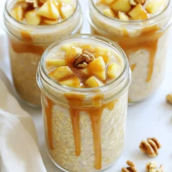 - 1 cup rolled oats - 1 1/2 cups unsweetened almond milk - 1 medium apple, diced - 2 tablespoons caramel sauce - 1 tablespoon maple syrup - Chopped nuts (walnuts or pecans) - Extra caramel sauce for drizzling These ingredients create a sweet and creamy breakfast. The rolled oats provide a hearty base. Almond milk gives a smooth texture, and the diced apple adds freshness. You can choose your favorite variety of apple. I recommend Fuji or Honeycrisp for their sweetness. The caramel sauce is the star here. It adds a rich, indulgent flavor. If you want more sweetness, use maple syrup. It pairs well with the caramel and apple. For toppings, I love chopped nuts. They add crunch and a nice contrast to the soft oats. Walnuts or pecans work well. A drizzle of extra caramel sauce on top makes it extra special. Feel free to mix and match these ingredients. You can customize this recipe to suit your taste! 1. In a medium bowl, combine 1 cup of rolled oats and 1 1/2 cups of almond milk. Stir until mixed. 2. Next, add 1 tablespoon of chia seeds, 1 teaspoon of cinnamon, and a pinch of salt. Mix well. 1. Now, fold in 1 medium diced apple. I like sweet apples like Fuji or Honeycrisp. 2. Then, mix in 2 tablespoons of caramel sauce. If you want more sweetness, add 1 tablespoon of maple syrup. 1. Divide the mixture into two jars or airtight containers. 2. Seal the jars with lids and refrigerate overnight. This helps the oats soak and soften. In the morning, you can stir the oats again. Taste them and add more maple syrup if you like. Top with chopped nuts and drizzle more caramel sauce before serving. Enjoy your delicious caramel apple overnight oats! - Make sure the oats soak for a full night. This helps them soften well. - If you want creamier oats, add more almond milk. For thicker oats, use less. - Try using different apples. Fuji and Honeycrisp are sweet and crunchy. - Boost flavor with spices like nutmeg or vanilla. These add warmth and depth. - Serve your oats in mason jars or clear bowls. This shows off the layers. - Top with thin apple slices and a sprinkle of cinnamon. It makes it look fancy. {{image_2}} You can use different types of milk for your overnight oats. - Coconut milk for a tropical twist: This creamy option adds a fun flavor. It pairs well with the apple and caramel. You get a hint of coconut that makes each bite exciting. - Oat milk for creaminess: Oat milk gives your oats a rich and smooth texture. It enhances the flavor without being too strong. This is a great choice if you want a mild taste. You can boost the flavor of your overnight oats in many ways. - Adding dried fruits like raisins or cranberries: These add sweetness and a chewy texture. Toss in a handful for an extra fruity taste. - Experimenting with nut butters: A spoonful of almond or peanut butter can make your oats richer. It adds healthy fats and protein, which keeps you full longer. Change your oats with the seasons to keep them fresh and exciting. - Pumpkin spice version for fall: Mixing in pumpkin puree and spices like nutmeg will give your oats a warm vibe. This is perfect for chilly mornings. - Berry compote for a summer treat: Top your oats with a berry compote made from fresh or frozen berries. This adds a burst of color and flavor, great for hot days. To keep your caramel apple overnight oats fresh, use airtight containers or mason jars. Both options work well, but mason jars let you see the layers. Make sure to seal them tightly. This keeps air out and helps prevent spoilage. If you want to add toppings later, store them separately. This keeps nuts crunchy and caramel fresh. You can store your prepared oats in the fridge for up to five days. If you see any changes in color or smell, it’s best to throw them out. Signs of spoilage include a sour smell or a watery texture. Always check before you dig in! Yes, you can freeze overnight oats! Just put them in a freezer-safe container. They can last up to three months in the freezer. To thaw, move them to the fridge overnight. When you are ready to eat, heat them gently in the microwave or on the stove. Add a splash of milk if they seem too thick. Enjoy your delicious and easy breakfast even on busy days! Overnight oats should soak for at least 6 to 8 hours. This time allows the oats to absorb the liquid and become soft. If you soak them longer, they will be even creamier. You can prepare them in the evening and enjoy them the next morning. Yes, you can make overnight oats vegan easily! Use plant-based milk like almond, soy, or oat milk. For sweetening, choose maple syrup instead of honey. Ensure your caramel sauce is vegan too. This way, you keep all the flavors while making it plant-friendly. For this recipe, sweet apples work best. I suggest using Fuji or Honeycrisp apples. They add a nice crunch and sweetness to your oats. You can also try Gala apples for a softer option. The key is to pick apples you enjoy eating raw. In this blog post, we explored how to make tasty overnight oats. We covered the main ingredients like rolled oats, almond milk, and diced apples. I shared tips to enhance flavor with options like caramel and maple syrup. You learned how to prepare, store, and even personalize your oats. Remember, experimenting is key. Try different milk alternatives or mix in fresh fruits. This easy dish saves time and offers many healthy choices for breakfast. Enjoy your creamy, delicious overnight oats every morning.