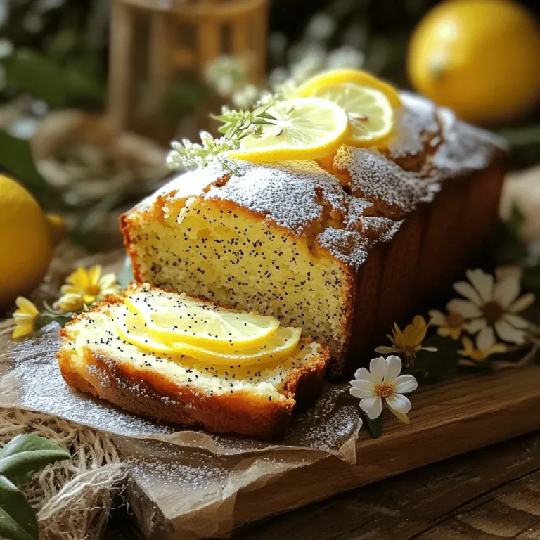 - 1 ½ cups all-purpose flour - 1 tablespoon poppy seeds - 1 teaspoon baking powder - ½ teaspoon baking soda - ½ teaspoon salt - ¾ cup granulated sugar - 2 large eggs - ½ cup plain yogurt - ¼ cup vegetable oil - Zest of 1 large lemon - 2 tablespoons freshly squeezed lemon juice - 1 teaspoon vanilla extract You can swap some ingredients if needed. Use whole wheat flour for a heartier taste. Greek yogurt can replace plain yogurt for more creaminess. If you don’t have poppy seeds, try chia seeds. You can also use coconut oil instead of vegetable oil for a different flavor. - Make sure your ingredients are at room temperature. This helps them mix better. - Fresh lemon zest gives a bright taste. Use a microplane for fine zest. - Measure flour correctly. Spoon it into the cup and level it off. This helps avoid a dense loaf. - Don’t skip the baking powder and soda. They help your loaf rise and stay fluffy. - Avoid overmixing the batter. A few lumps are fine. This keeps your loaf light and airy. Start by prepping your oven. Preheat it to 350°F (175°C). Grease a 9x5-inch loaf pan or line it with parchment paper. This helps with easy removal later. Next, gather your dry ingredients. In a medium bowl, whisk together 1 ½ cups all-purpose flour, 1 tablespoon poppy seeds, 1 teaspoon baking powder, ½ teaspoon baking soda, and ½ teaspoon salt. Set this bowl aside while you work on the wet ingredients. In a large bowl, combine ¾ cup granulated sugar and the zest of 1 large lemon. Use your fingers to rub the zest into the sugar. This releases lemon oils and gives your loaf great flavor. Add 2 large eggs to the sugar mixture. Whisk them together until well combined and slightly frothy. Then, mix in ½ cup plain yogurt, ¼ cup vegetable oil, 2 tablespoons freshly squeezed lemon juice, and 1 teaspoon vanilla extract. Stir until smooth and creamy. Now, it’s time to combine the dry and wet mixtures. Gradually fold the dry ingredients into the wet ingredients using a spatula. Be careful not to overmix. It's okay if a few lumps remain; this keeps the loaf light. Pour the batter into your prepared loaf pan. Use a spatula to smooth the top. Bake for 50-60 minutes. Check if it’s done by inserting a toothpick into the center. If it comes out clean, your loaf is ready. If the top gets too brown, cover it loosely with aluminum foil for the last 15 minutes. Once baked, remove the loaf from the oven. Let it cool in the pan for about 10 minutes. This helps it firm up. After that, transfer it to a wire rack to cool completely. For serving, slice the loaf and dust with powdered sugar. You can also garnish with thin lemon slices or edible flowers. This adds a lovely touch. Enjoy your lemon poppy seed loaf with tea or coffee for a delightful treat. To get the best texture for your loaf, use room temperature ingredients. This helps mix the batter better. Mix dry and wet ingredients separately first. Then, combine them gently. Overmixing can make your loaf dense, which we don't want. Aim for a smooth mix with a few lumps. For a bakery-style look, ensure your oven is at the right temperature. Preheating is key. Bake the loaf in a light-colored pan for even cooking. If the top browns too fast, cover it with foil. This keeps the loaf moist while it bakes. Let it cool in the pan for a bit; this helps set the shape. One big mistake is using cold eggs or yogurt. They need to be at room temperature. Another mistake is not measuring ingredients accurately. Use a kitchen scale for best results. Don’t forget to check for doneness with a toothpick. If it comes out clean, your loaf is ready. Avoid opening the oven too often; this can change the heat. {{image_2}} You can easily enhance your Bakery Style Lemon Poppy Seed Loaf by adding fruits or nuts. Berries like blueberries or raspberries add a burst of flavor. Chopped nuts, like walnuts or almonds, provide a nice crunch. Mix in about a cup of your chosen fruit or nuts into the batter before baking. This makes the loaf even more delicious and fun! If you need a gluten-free loaf, use a gluten-free all-purpose flour blend. Many blends work well in baking and provide great texture. Ensure the blend contains xanthan gum for better structure. You can follow the same recipe, just swap the flour. The taste remains bright and zesty, so everyone can indulge without worry! You can switch up the flavor of your loaf easily. Almond extract can give it a lovely nutty taste. Just replace the vanilla extract with almond extract in the same amount. For a fresh twist, try using orange zest and juice instead of lemon. This gives your loaf a unique citrus kick. Experiment with these variations to find your favorite! After baking, let the loaf cool completely. Wrap it tightly in plastic wrap. You can also place it in an airtight container. This helps keep the loaf moist and fresh. Store it at room temperature for up to three days. If you want it to last longer, consider freezing it. To freeze the lemon poppy seed loaf, follow these steps: - First, cool the loaf completely. - Next, wrap it well in plastic wrap. - Then, cover it with aluminum foil for extra protection. - Finally, label it with the date and place it in the freezer. You can freeze it for up to three months. When you're ready to enjoy it, just thaw it in the fridge overnight. To reheat the loaf, preheat your oven to 350°F (175°C). - Remove the loaf from its wrapping. - Place it on a baking sheet. - Heat for about 10-15 minutes. This method will warm it without drying it out. If you're in a hurry, you can also use the microwave. Heat a slice for about 20-30 seconds. Enjoy your loaf warm and fresh! The lemon poppy seed loaf lasts about four to five days when stored correctly. Keep it in an airtight container at room temperature. If you want it to last longer, you can refrigerate it. However, the loaf may dry out a bit in the fridge. Yes, you can use other types of yogurt. Greek yogurt works well and can add more creaminess. You can also use non-dairy yogurts if you prefer. Just ensure they are plain and unsweetened for the best flavor. If you don’t have poppy seeds, you can use chia seeds as a substitute. They offer a similar crunch and look. Sunflower seeds also work if you want a different flavor and texture. You can skip them entirely if you prefer a simple lemon loaf. This blog post covered everything you need to make a great lemon poppy seed loaf. We discussed the key ingredients and offered fun alternatives. I shared step-by-step instructions for mixing and baking your loaf perfectly. We explored tips for texture and bakery-quality results and highlighted common mistakes to avoid. As you try different variations, feel free to experiment with flavors or add fruits and nuts. Storing your leftovers is easy, too. With this guide, you have all the tools to enjoy a delicious treat!