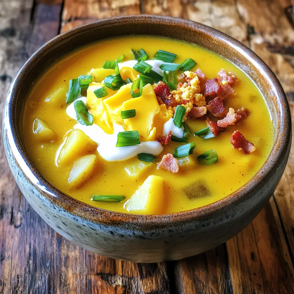 - 3 large russet potatoes, peeled and diced - 1 medium onion, chopped - 3 cloves garlic, minced - 4 cups vegetable broth These key ingredients form the base of your soup. The russet potatoes add creaminess. The onion and garlic give a lovely depth of flavor. Vegetable broth makes the soup rich and savory. - 1 cup milk or heavy cream - 2 cups shredded sharp cheddar cheese - 1/2 cup sour cream - Salt and pepper to taste Dairy makes the soup creamy. Sharp cheddar cheese brings a tangy flavor. Sour cream adds a nice finish. Don’t forget to season with salt and pepper. Adjust these to your taste! - 4 slices crispy turkey bacon, crumbled - 1/4 cup chopped green onions - Olive oil, dried thyme, and smoked paprika These optional ingredients can elevate your soup. Crumbled turkey bacon adds a nice crunch. Green onions give a fresh bite. Olive oil, thyme, and smoked paprika enhance the overall flavor profile. Mix and match these to make your soup unique! - First, heat olive oil in a large pot over medium heat. - Next, add the chopped onion and minced garlic. Cook these for about 3 to 4 minutes. The onion should become soft and fragrant. - Now, stir in the diced potatoes along with salt, pepper, dried thyme, and smoked paprika. - Pour in 4 cups of vegetable broth and bring the mixture to a boil. - Once it boils, reduce the heat to low and let it simmer for 15 to 20 minutes. The potatoes should be tender by this time. - For the next step, use an immersion blender to puree the soup. If you don't have one, carefully transfer the soup to a regular blender in batches. - Return the pot to low heat after blending. Stir in 1 cup of milk and half of the shredded cheddar cheese. Mix until the cheese melts and the soup is creamy. - Finally, add in 1/2 cup of sour cream. Adjust the seasoning with more salt and pepper if needed. - Serve the soup hot, topped with the remaining cheddar cheese, crumbled turkey bacon, and chopped green onions. When making loaded baked potato cheddar soup, texture matters. Some like it smooth, while others prefer a chunky soup. To reach your desired texture, use an immersion blender. Blend until it’s as creamy or chunky as you want. If you want a thicker soup, add less broth. For a thinner consistency, simply increase the broth. You can boost the flavor of your soup by substituting some ingredients. For example, try using chicken broth instead of vegetable broth for a richer taste. Also, consider using fresh herbs like chives or parsley instead of dried thyme. Fresh herbs can elevate the soup's flavor and aroma. Presentation makes your soup even more appealing. Serve it in warm bowls for a cozy touch. Garnish with a drizzle of sour cream and a sprinkle of green onions. This adds color and makes it look gourmet. You can also top it with crispy turkey bacon for extra crunch and flavor. {{image_2}} To make this soup gluten-free, skip any flour in the recipe. Use vegetable broth that’s gluten-free. The other ingredients, like potatoes and cheese, are naturally gluten-free. You can enjoy this creamy soup without worry. For a vegan twist, swap dairy and meat products. Use cashew cream instead of milk and sour cream. Nutritional yeast gives a cheesy flavor. Replace turkey bacon with crispy tofu or mushrooms for texture. This way, you keep the rich taste while staying plant-based. You can change the cheese for different flavors. Try pepper jack for spice or gouda for smokiness. Adding veggies like spinach or broccoli boosts nutrition. You can also mix in proteins like shredded chicken or beans for a heartier soup. Get creative and make it your own! To keep your Loaded Baked Potato Cheddar Soup fresh, store it in an airtight container. Let it cool to room temperature before sealing. This helps prevent condensation. You can keep it in the fridge for up to three days. If you want to enjoy it later, freezing is a great option. To freeze the soup, let it cool completely. Then, pour it into freezer-safe bags or containers. Leave some space at the top, as the soup will expand when frozen. Label the containers with the date. It can last for up to three months. When you’re ready to eat, thaw it overnight in the fridge. You can reheat the soup on the stovetop or in the microwave. For stovetop reheating, pour the soup into a pot. Heat over medium until warm, stirring often. If using a microwave, place the soup in a microwave-safe bowl. Heat for two minutes, stirring halfway through. Check the temperature to ensure it’s hot before serving. Yes, you can make this soup ahead of time. Here are some tips for prepping in advance: - Cook and cool: Make the soup, then let it cool down before storing. - Storage: Place the cooled soup in an airtight container. You can keep it in the fridge for up to 3 days. - Reheat: When ready to eat, heat it gently on the stove. Add a splash of milk if it seems too thick. If you need a substitute for vegetable broth, try these options: - Chicken broth: This adds a meaty flavor, great for non-vegetarians. - Water and seasoning: Use water with herbs like thyme or bay leaf for a lighter choice. - Bouillon cubes: Dissolve them in hot water for a quick broth solution. To add some heat to your Loaded Baked Potato Cheddar Soup, consider these tips: - Hot sauce: Stir in your favorite hot sauce to taste. - Red pepper flakes: Sprinkle in red pepper flakes while cooking for a mild kick. - Spicy cheese: Use a pepper jack cheese instead of cheddar for extra spice. In this blog post, we explored how to make Loaded Baked Potato Cheddar Soup. We covered essential ingredients, step-by-step instructions, and tips for perfect texture and flavor. You can customize this soup with variations or store leftovers easily. Keep it cozy and delicious! With these clear steps and handy tips, you'll whip up a warm bowl that everyone will love. Enjoy making this comforting dish whenever you crave it. It’s simple, tasty, and satisfying.