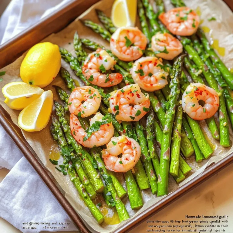 - 1 lb large shrimp, peeled and deveined - 1 bunch asparagus, trimmed - 4 cloves garlic, minced - 1 lemon, zested and juiced - 3 tablespoons olive oil - 1 teaspoon paprika - 1 teaspoon dried Italian herbs (oregano, basil, thyme) - Salt and pepper to taste - Fresh parsley, chopped (for garnish) - Lemon wedges (for serving) The key to this dish is the fresh, bright flavors. Start with large shrimp. They soak up the garlic and lemon well. You want them peeled and deveined for easy eating. Next, grab a bunch of fresh asparagus. Trim off the tough ends to keep it tender. Now, let’s talk about garlic. Use fresh cloves for the best taste. Mince them finely so they mix well with the shrimp. For the seasonings, the lemon is essential. Use both its zest and juice. The zest adds a punch of flavor, while the juice brightens everything up. Olive oil keeps the shrimp moist. It also helps the seasonings stick. Paprika adds a nice color and mild spice. For herbs, dried Italian herbs work great. They bring a mix of flavors to the dish. Don’t forget salt and pepper. They enhance all the tastes. Finally, garnish with fresh parsley. It adds a pop of color and freshness. Serve with lemon wedges for extra zest. Each bite will burst with flavor, making this dish a delight! - Preheat your oven to 400°F (200°C). - Start by peeling and deveining the shrimp. Rinse them in cold water. - Trim the asparagus by snapping off the tough ends. - In a large bowl, mix the shrimp, asparagus, minced garlic, lemon zest, and lemon juice. - Drizzle 3 tablespoons of olive oil over the mixture. Add 1 teaspoon of paprika, 1 teaspoon of dried Italian herbs, salt, and pepper. - Toss everything well to make sure all the ingredients are coated. - Line a sheet pan with parchment paper. This helps with easy cleanup. - Spread the shrimp and asparagus mixture evenly on the sheet pan in a single layer. - Bake in the preheated oven for 12-15 minutes. Keep an eye on it. The shrimp should turn pink and be opaque. The asparagus should be tender but crisp. - Once done, take it out of the oven and let it cool slightly. To cook shrimp just right, look for these signs: they should turn pink and opaque. If they curl tightly, that’s also a good sign. Be careful not to overcook them. Overcooked shrimp become rubbery and lose their nice texture. Since shrimp cook fast, keep an eye on them. Baking for 12-15 minutes usually does the trick. Want to elevate the flavor? Try adding a pinch of crushed red pepper for heat. You can also mix in fresh herbs like thyme or basil. Fresh herbs give a bright taste. If you love bold flavors, add a splash of white wine before baking. This adds depth and richness to the dish. Now, let’s talk about how to serve it. You can serve directly from the sheet pan for a cozy vibe. It’s easy and looks great! If you prefer a fancier touch, plate the shrimp and asparagus separately. Drizzle the juices from the pan over the top for extra flavor. For a pop of color, sprinkle fresh parsley and add lemon wedges on the side. These little touches make your dish stand out! {{image_2}} You can switch proteins in this dish easily. If you prefer chicken, use boneless, skinless chicken breasts. Cut them into bite-sized pieces. For a seafood twist, try scallops. They cook fast and add a sweet flavor. Feel free to change the vegetables too. Bell peppers add color and crunch. Broccoli works well for a different taste and good nutrition. Just remember to cut them into small pieces for even cooking. If you want to grill instead of roast, it’s simple. Preheat your grill to medium heat. Place the shrimp and asparagus on skewers. Grill for about 5-7 minutes. Turn them halfway through for even cooking. Just watch closely, so they don’t overcook. For a quicker option, try pan-searing. Heat a large skillet over medium-high heat. Add olive oil, then the shrimp and asparagus. Cook for about 5-6 minutes, stirring often. This method gives you a nice sear and keeps the flavors fresh. You can change the flavor with a Mediterranean twist. Add feta cheese or olives for a salty kick. This adds depth and pairs well with lemon. If you want an Asian-inspired version, use soy sauce or sesame oil. This will give the dish a rich umami flavor. You can also add some green onions or sesame seeds for extra crunch. Both options keep the dish exciting and fresh! To store cooked shrimp and asparagus, let them cool first. Place them in an airtight container. You can keep them in the fridge for up to three days. If you want to keep the flavor and texture, avoid stacking them too much. This keeps them from getting soggy. When reheating, I suggest using the oven or a skillet. Preheat your oven to 350°F (175°C). Place the shrimp and asparagus on a baking tray. Heat for about 10 minutes. If you use a skillet, add a small amount of olive oil. Heat on medium for 5-7 minutes. This method keeps them juicy and tasty. If you have leftovers, you can freeze them. Use a freezer-safe bag or container. Remove as much air as possible. Shrimp and asparagus can last up to two months in the freezer. To defrost, place them in the fridge overnight. Reheat them using the oven or skillet as mentioned. This way, you keep most of their flavor and texture. It takes about 12 to 15 minutes to bake shrimp and asparagus together. The shrimp should turn pink and opaque. The asparagus needs to be tender yet crisp. Tips for cooking times based on oven specifics: - Every oven is a bit different. - Check for doneness a minute or two early if unsure. - Use a meat thermometer; shrimp should reach 120°F (49°C). Yes, you can prepare the dish ahead of time. Combine the shrimp, asparagus, and seasonings. Storing options before baking: - Cover the bowl tightly with plastic wrap. - Store in the fridge for up to 24 hours. Reheating suggestions: - For best results, reheat in the oven at 350°F (175°C) for about 10 minutes. - You can also use a microwave, but it may not keep the best texture. You can serve many sides with this dish. Suggested side dishes: - A simple salad with mixed greens. - Garlic bread or crusty baguette. - Rice or quinoa for a filling option. Wine pairings for a complete meal: - A crisp white wine like Sauvignon Blanc works well. - If you prefer red, try a light Pinot Noir. In this post, we explored how to make a tasty lemon garlic shrimp and asparagus dish. We covered essential ingredients, step-by-step instructions, and helpful tips to ensure perfect cooking. Variations offer fun twists to keep things exciting. Remember, storing and reheating properly helps you enjoy leftovers without losing flavor. Whether you follow this recipe or add your unique spin, your meal will shine. Enjoy your cooking adventures with this simple yet flavorful dish!