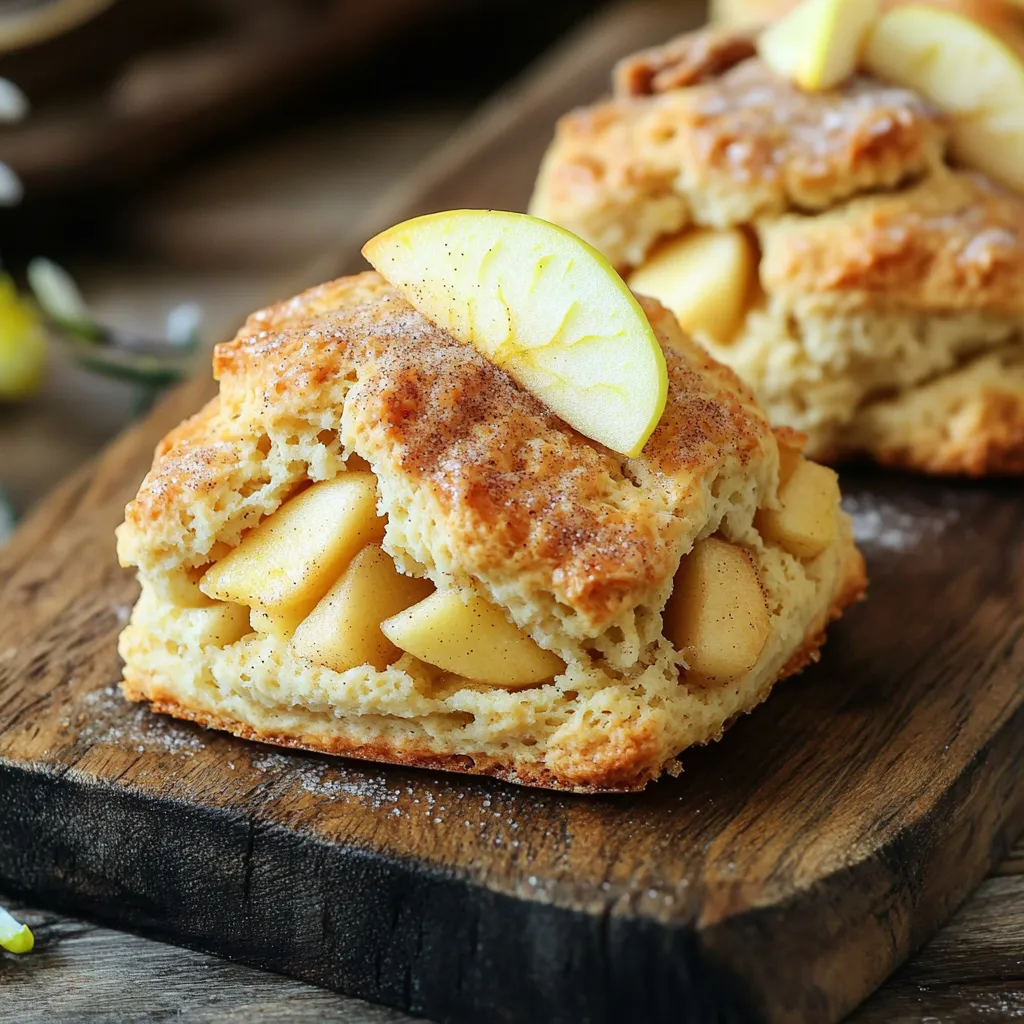 To make these yummy cinnamon apple scones, you need the following ingredients: - 2 cups all-purpose flour - 1/2 cup granulated sugar - 1 tablespoon baking powder - 1 teaspoon ground cinnamon - 1/2 teaspoon salt - 1/2 cup unsalted butter, cold and cubed - 1 cup peeled and diced apples (about 1 large apple) - 1/2 cup heavy cream - 1 large egg - 1 teaspoon vanilla extract - Additional cinnamon sugar for topping (2 tablespoons sugar mixed with 1 teaspoon cinnamon) When baking, measuring your ingredients is key. You can use cups or a scale. A scale gives you more accuracy. This helps with the texture of your scones. If you use cups, make sure to level them off. For flour, spoon it into the cup and then level it. Avoid packing the flour down. This can lead to dry scones. If you don’t have an ingredient, you can still make these scones. Here are some swaps you can try: - Use whole wheat flour for a nutty flavor. - Try brown sugar instead of granulated sugar for more depth. - Swap heavy cream with milk or a non-dairy milk for a lighter scone. - Use any apple you like; tart apples add extra zing. These substitutions keep your scones tasty and fun! First, gather all your ingredients. This makes the process smooth and fun. Start by preheating your oven to 400°F (200°C). Line a baking sheet with parchment paper to prevent sticking. In a large bowl, whisk together 2 cups of flour, ½ cup of sugar, 1 tablespoon of baking powder, 1 teaspoon of cinnamon, and ½ teaspoon of salt. This mix creates a sweet and spicy base for your scones. Next, add ½ cup of cold, cubed butter into the dry mix. Use your fingers or a pastry cutter to blend the butter until it looks like coarse crumbs. This step is key for flaky scones. Now, fold in 1 cup of peeled and diced apples. The apple pieces add moisture and flavor to the scones. In a separate bowl, whisk together ½ cup of heavy cream, 1 large egg, and 1 teaspoon of vanilla extract. Pour this wet mix into your flour mixture. Stir gently until just combined. The dough should be slightly sticky but not too wet. If you over-mix, the scones can become tough. Turn the dough onto a lightly floured surface. Gently knead it a couple of times to bring it together. Pat the dough into a circle about 1 inch thick. Cut the circle into 8 wedges and place them on the prepared baking sheet. Brush the tops with a little more cream and sprinkle the cinnamon sugar mix on top. Now it's time to bake! Place the baking sheet in your preheated oven. Bake for 15 to 20 minutes. Keep an eye on them to avoid burning. The scones should turn a lovely golden brown. To check if your scones are done, take a toothpick and insert it into the center of a scone. If it comes out clean, they are ready. If not, give them a few more minutes. Let the scones cool on the baking sheet for 5 minutes. After that, transfer them to a wire rack to cool completely. Enjoy the warm, fresh aroma filling your kitchen! To get the best texture in your scones, use cold butter. Cold butter makes the scones flaky. Cubing the butter helps mix it into the flour. This creates small pockets of butter, which turn golden when baked. Mix the dry ingredients well first. This helps spread the baking powder and cinnamon evenly. When you fold in the apples, do it gently. You want them to stay intact for juicy bites. For extra flavor, add a pinch of nutmeg. It pairs well with cinnamon and apples. If you like sweetness, sprinkle a little extra sugar on top before baking. A common mistake is over-mixing the dough. This makes the scones tough. Mix just until combined; it's okay if some dry flour remains. Another issue is using warm butter. Warm butter does not create the right texture. Always work with butter from the fridge. Lastly, don’t skip the cinnamon sugar topping. It adds a lovely crunch and sweetness. These scones taste best warm. Serve them fresh from the oven with butter or jam. They pair nicely with tea or coffee. For a fun twist, try adding a thin slice of apple on top. This adds color and flavor. You can also dust them with powdered sugar for a sweeter look. Enjoy your Cinnamon Apple Scones with friends or family for a delightful treat! {{image_2}} You can make your cinnamon apple scones even more exciting by adding extra flavors. Nuts, like walnuts or pecans, give a nice crunch. Dried fruits, such as raisins or cranberries, add sweetness. Try mixing in a handful of your favorite nuts or fruits when you fold in the apples. This will create a fun twist on the classic scone. If you need a gluten-free version, you can easily swap the all-purpose flour. Use a gluten-free flour blend instead. Make sure it contains xanthan gum, as it helps with texture. This change keeps your scones light and fluffy, just like the original. You might need to adjust the liquid slightly, so add a bit more cream if the dough feels too dry. For a vegan version, replace the butter with coconut oil or a vegan butter. Use plant-based milk instead of heavy cream. A flax egg works well too! To make a flax egg, mix one tablespoon of ground flaxseed with three tablespoons of water. Let it sit for five minutes to thicken. This will bind your ingredients together without using eggs. Enjoy your scones without any animal products! To keep your scones fresh, place them in an airtight container. This helps seal in moisture and flavor. You can leave them at room temperature for up to two days. If you want to store them longer, the fridge is a great option. Just make sure they are well-wrapped to avoid drying out. Freezing scones is simple and a great way to save some for later. Wrap each scone tightly in plastic wrap. Then, place the wrapped scones in a freezer-safe bag or container. They can stay frozen for up to three months. When you’re ready to enjoy them, just thaw them in the fridge overnight. To reheat your scones, preheat your oven to 350°F (175°C). Place the scones on a baking sheet and warm them for about 10 minutes. This brings back their fresh-baked taste and texture. If you prefer a microwave, heat them for about 15-20 seconds. However, the oven is best for keeping them crisp on the outside. You can tell the scones are done when they turn golden brown. A toothpick should come out clean when you poke the center. If it has dough on it, bake for a few more minutes. Keep an eye on them. The smell will also be a good hint that they are ready. Yes, you can! Make the dough a few hours before baking. Just cover it with plastic wrap and keep it in the fridge. This allows the flavors to blend well. When you are ready, take it out and cut your scones. Bake them as usual. For scones, I love using Granny Smith apples. They add a nice tartness. Honeycrisp apples also work well for their sweetness and crunch. Avoid soft apples like Red Delicious, as they can make the scones mushy. Choose apples that hold their shape for the best results. In this article, we covered all you need to know about baking scones. You learned about the key ingredients, the step-by-step process, and tips to avoid mistakes. We also explored variations, storage methods, and answered common questions. Now you can bake scones with confidence. Use this guide to enjoy tasty treats. Happy baking!