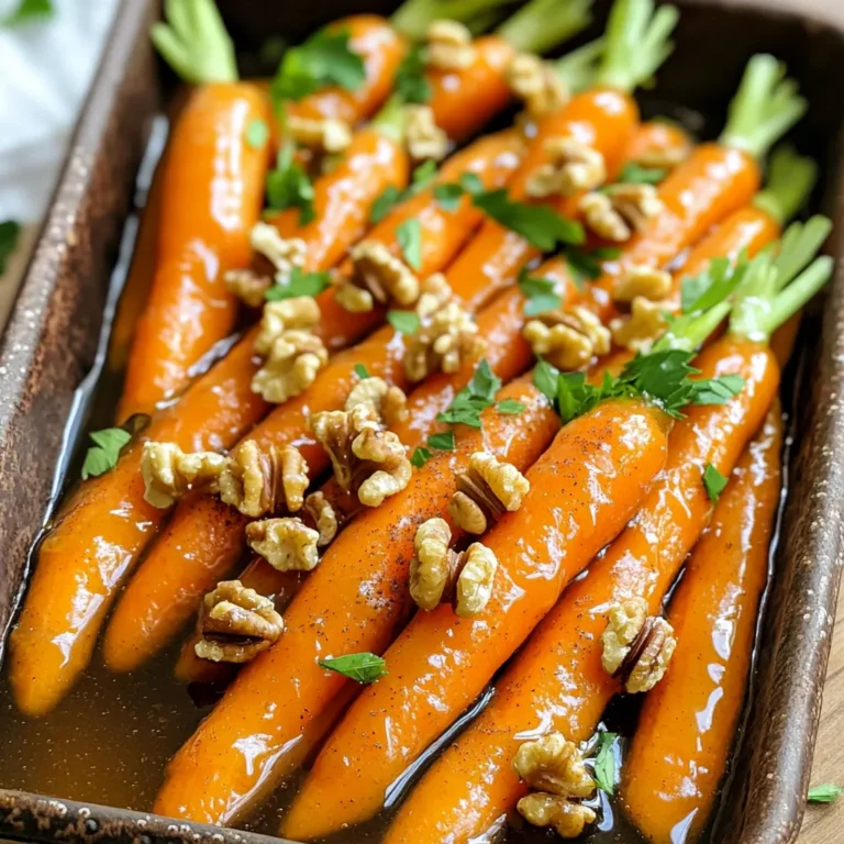 - 1 pound baby carrots (or regular carrots cut into sticks) - 3 tablespoons pure maple syrup - 2 tablespoons unsalted butter - 1 teaspoon cinnamon - Salt and pepper to taste - 1/2 cup walnuts, chopped - Fresh parsley for garnish (optional) The ingredients for maple glazed carrots are simple yet delightful. First, you need one pound of baby carrots. If you can’t find baby carrots, you can use regular ones. Just cut them into even sticks. Next, grab three tablespoons of pure maple syrup. This syrup adds a sweet touch to the dish. You will also need two tablespoons of unsalted butter. The butter helps in sautéing the carrots and gives them a rich flavor. Then, we have one teaspoon of cinnamon. This spice adds warmth and depth to the glaze. Don't forget to season with salt and pepper to taste. A little seasoning goes a long way in bringing out the flavors. For crunch, you will need half a cup of chopped walnuts. Toasting them adds a nutty flavor that pairs well with the sweet glaze. Lastly, consider using fresh parsley for garnish. It adds a pop of color and freshness to your dish. Gather these ingredients, and you are ready to create a tasty side that everyone will love! To prepare the carrots, you can use baby carrots or regular ones. For baby carrots, just rinse them under cold water. If you choose regular carrots, peel them first. Then, cut them into sticks. Aim for pieces that are about the same size. This helps them cook evenly. A sharp knife makes cutting easier and safer. To toast the walnuts, grab a dry skillet. Place it over medium heat. Add the chopped walnuts to the skillet. Stir them often for about 3 to 5 minutes. Watch for them to turn golden brown and smell nutty. Toasting enhances their flavor. Once they look ready, take them off the heat and set them aside. Now it’s time to cook the carrots. In a large skillet, melt the butter over medium heat. Add the carrots and sauté them for about 5 to 7 minutes. They should start to soften. When they are tender, it's time to glaze them. Drizzle the maple syrup over the carrots. Sprinkle in the cinnamon, salt, and pepper. Stir gently to coat all the carrots in the glaze. Let the carrots simmer in the maple glaze for another 5 minutes. This helps them absorb all that sweet flavor. Once they are fully tender, remove them from the heat. Add the toasted walnuts and stir gently to combine. For a nice touch, transfer the glazed carrots to a serving dish. If you want, garnish with fresh parsley for extra color and taste. To perfect the maple glaze, adjust the sweetness to your taste. If you want it sweeter, add more maple syrup, one tablespoon at a time. If it's too sweet, add a pinch of salt to balance it. Timing is key for tender carrots. Cook them until they are just soft, about 5 to 7 minutes. Then, simmer them in the glaze for another 5 minutes to absorb the flavors fully. You can enhance the flavor with spices. Try adding a pinch of nutmeg or some ginger for a warm kick. If you want a savory note, add garlic powder or thyme. These spices can make your dish stand out. For pairing, maple glazed carrots go well with roasted chicken or grilled fish. They add a nice sweet touch to your meal. If you need an alternative sweetener, try honey or agave syrup. These options work well and can fit different diets. For those with nut allergies, you can skip the walnuts or replace them with seeds like pumpkin or sunflower seeds. They add a nice crunch without the risk of allergens. {{image_2}} You can swap baby carrots for other root veggies. Think parsnips, sweet potatoes, or turnips. These add their own great taste while keeping the dish healthy. In winter, use hearty root veggies. In summer, try zucchini and corn for a fresh twist. Seasonal veggies make your dish vibrant and fun. Want to add a new flavor? Try adding fresh herbs like thyme or rosemary. These herbs can make the dish smell amazing. You can also play with nuts. Pecans or almonds give a different crunch and taste. Just toast them like you do with walnuts for the best flavor. How you serve the dish can change the whole vibe. Serve warm for a cozy meal, or chill it for a cool salad. For extra flair, sprinkle fresh parsley on top. You can also use a colorful plate to make the dish pop. A little creativity goes a long way in making food look great! To keep your maple glazed carrots fresh, store them in an airtight container. Place the container in the fridge. This method helps preserve the flavor and texture. The dish stays fresh for about 3 to 5 days. If you notice any change in smell or color, it’s time to toss them. To reheat your carrots, use a skillet over low heat. This method helps maintain their texture. Stir gently to heat them evenly. If you stored walnuts with the carrots, heat them separately in a dry skillet. This way, they stay crunchy and flavorful. Yes, you can freeze maple glazed carrots! To freeze, place the cooled carrots in a freezer-safe bag. Remove as much air as possible before sealing. When ready to eat, thaw them in the fridge overnight. Reheat in a skillet for the best taste and texture. Make sure to avoid freezing the walnuts, as they can lose their crunch. I prefer using baby carrots for their sweet taste and tender texture. They cook quickly and need little prep. Regular carrots are a good choice too. If you use them, just peel and cut them into sticks. Both types offer a lovely flavor but differ in size and texture. Baby carrots are sweeter, while regular ones have a more robust taste. Yes, you can prepare these carrots ahead of time. Cook the carrots and glaze them, then cool and store in the fridge. When ready to serve, simply reheat them on low heat. This allows the flavors to meld, enhancing the dish. For the best taste, eat them within three days. This dish is not vegan due to the butter. You can make it vegan by swapping the butter with coconut oil or olive oil. These oils add flavor and maintain the dish's texture. Also, ensure your maple syrup is pure and vegan-friendly. To add some heat, consider adding a pinch of cayenne pepper or red pepper flakes. Stir these in when glazing the carrots. You could also try adding fresh ginger for a warm spice. Adjust the amount to your taste for the perfect kick! Maple glazed carrots offer a sweet, savory dish perfect for any meal. From prepping the ingredients to crafting the glaze, each step enhances flavor. Exploring variations lets you customize to your taste. Whether you switch veggies or try spices, there is a twist for everyone. Lastly, storing and reheating properly keeps your dish tasty. Dive into this recipe, and enjoy your cooking adventure!