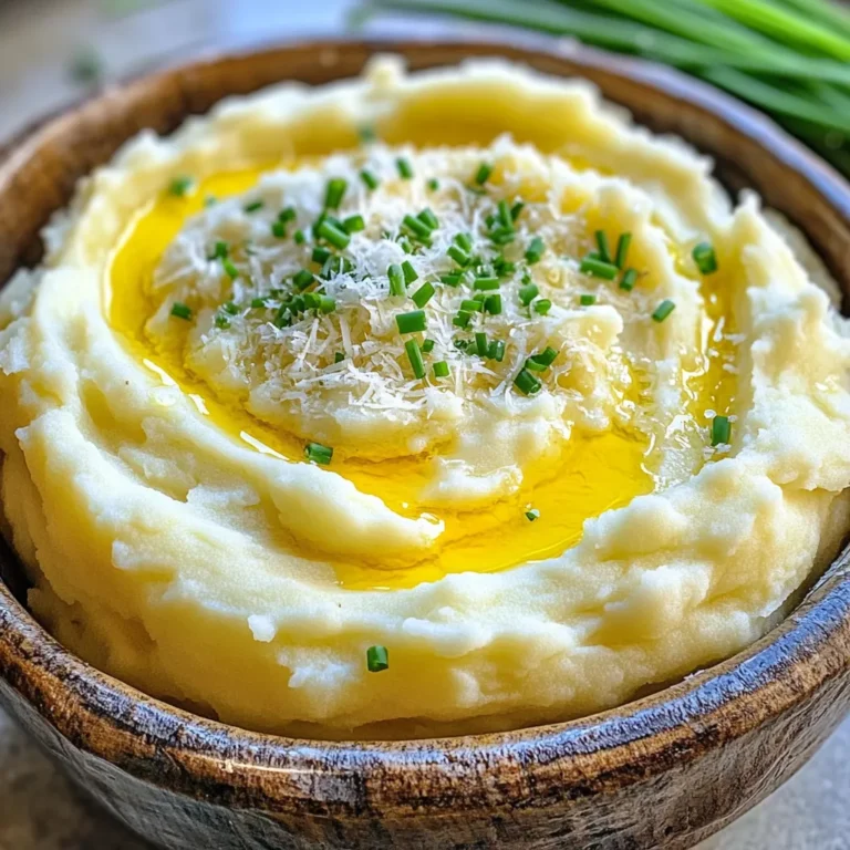 - 2 pounds Yukon Gold potatoes, peeled and chopped - 4 cloves garlic, minced - 1 cup heavy cream - 1/2 cup unsalted butter, cubed - 1 cup grated Parmesan cheese - Salt and pepper to taste - Fresh chives or parsley, chopped for garnish - 1 cup = 8 fluid ounces - 1/2 cup = 4 fluid ounces - 2 pounds = 32 ounces - Use cauliflower for a low-carb option. - Swap heavy cream with almond or oat milk for dairy-free. - Replace Parmesan with nutritional yeast for a vegan twist. Using these ingredients and substitutions helps you tailor the dish to your needs. It keeps the flavor profile strong while making it suitable for different diets. Start by peeling and chopping 2 pounds of Yukon Gold potatoes. This kind of potato gives a creamy texture. Place the chopped potatoes in a large pot. Cover them with cold water and add a pinch of salt. Bring the pot to a boil over medium-high heat. Once boiling, reduce the heat and let them simmer for 15 to 20 minutes. You want them fork-tender, not mushy. While the potatoes cook, take 4 cloves of minced garlic and a cup of heavy cream. In a small saucepan, combine these two ingredients. Heat the mixture over low heat. Stir it gently and keep an eye on it. You want it warmed through, but do not let it boil. This step adds a rich flavor to the potatoes. Once the potatoes are tender, drain them well. Return the potatoes to the pot. Add 1/2 cup of cubed unsalted butter to the hot potatoes. Let the butter melt completely. Next, pour the warmed garlic cream mixture over the potatoes. Use a potato masher or hand mixer to mash until smooth and creamy. Stir in 1 cup of grated Parmesan cheese. Mix it well, and season with salt and pepper to taste. If it’s too thick, add a bit more heavy cream to reach your favorite level of creaminess. To get creamy mashed potatoes, start with Yukon Gold potatoes. They are soft and buttery. Peel and chop them into even pieces. This helps them cook evenly. Boil them until they are fork-tender, about 15-20 minutes. Drain well to get rid of extra water. Add flavor with garlic and Parmesan cheese. Heat minced garlic in heavy cream for a rich taste. The garlic cream makes the potatoes flavorful. Stir in grated Parmesan cheese after mashing. This adds a salty, nutty flavor. For extra taste, mix in chopped fresh herbs like chives or parsley. Use a large pot for boiling potatoes. A potato masher works great for mashing. If you want a super smooth texture, use a hand mixer. A small saucepan is best for warming the garlic cream. Make sure to have a good strainer to drain the potatoes. This will help you achieve the best results. {{image_2}} Fresh herbs can uplift your creamy garlic parmesan mashed potatoes. I love using chives or parsley. They add color and a fresh taste. Just chop a handful and mix them in before serving. You can also try rosemary or thyme for a different twist. Want to change the flavor? Try adding other cheeses! Creamy goat cheese adds tanginess. Sharp cheddar gives a rich taste. Mix them in with the Parmesan cheese for a cheesy delight. Just remember to adjust the salt, as some cheeses are saltier. If you want a vegan version, swap the heavy cream with coconut milk. Use vegan butter instead of regular butter. Nutritional yeast can replace Parmesan cheese for a cheesy flavor. This way, everyone can enjoy creamy mashed potatoes! To store leftover creamy garlic Parmesan mashed potatoes, place them in an airtight container. Make sure to cool them first. Leftovers will last in the fridge for about 3-5 days. If you notice any change in smell or color, it’s best to throw them out. When you’re ready to enjoy the leftovers, reheat them on the stove or in the microwave. If using the stove, add a splash of heavy cream or milk to keep them creamy. Stir often to avoid sticking. If using a microwave, heat in short bursts, stirring in between. This helps warm them evenly without drying them out. You can freeze these mashed potatoes for up to 2 months. To do this, scoop them into freezer-safe bags or containers. Flatten the bags to save space. When you want to use them, thaw them overnight in the fridge. Then reheat them using the stove or microwave, adding cream as needed to regain that creamy texture. I recommend using Yukon Gold potatoes. They have a natural buttery flavor. Their smooth texture makes them perfect for creamy mashed potatoes. Russet potatoes can also work, but they may be a bit fluffier and drier. Yes, you can prepare the mashed potatoes ahead of time. Make them and store in the fridge. When ready to serve, reheat gently on the stove. Add more cream if they seem too thick. If your mashed potatoes turn out gluey, add some warm milk or cream. Mix gently until you reach the right consistency. Avoid overmixing, as this causes the gluey texture. In this blog post, we explored how to make creamy mashed potatoes. We covered key ingredients, cooking steps, and helpful tips. You learned about variations and storage methods. Each point helps you create a dish that suits your taste and needs. Remember to choose the right potatoes and mix them well. Adjust flavors with herbs or cheeses. These mashed potatoes can bring joy to any meal. Enjoy your cooking and share your success with others!