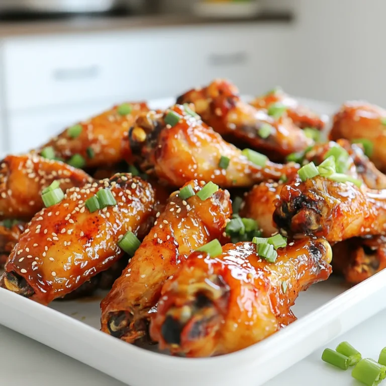 - 2 pounds chicken wings - 1/4 cup honey - 1/4 cup low sodium soy sauce - 4 cloves garlic, minced - 1 tablespoon fresh ginger, grated - 1 teaspoon sesame oil - 1/2 teaspoon black pepper - 1/4 teaspoon red pepper flakes (optional) - 2 tablespoons green onions, chopped - Sesame seeds To start, gather your ingredients. You need honey, soy sauce, garlic, ginger, sesame oil, black pepper, and red pepper flakes. In a bowl, whisk together 1/4 cup of honey and 1/4 cup of low-sodium soy sauce. Add 4 minced garlic cloves and 1 tablespoon of grated ginger. Next, pour in 1 teaspoon of sesame oil, 1/2 teaspoon of black pepper, and the red pepper flakes if you want some heat. Mix until everything is well combined. This marinade will give your chicken wings a sweet and savory flavor. Now, it’s time to marinate the chicken wings. Take 2 pounds of chicken wings and place them in a large resealable plastic bag or a bowl. Pour the marinade over the wings, making sure they are all coated. Seal the bag or cover the bowl tightly. Refrigerate the wings for at least 30 minutes, but 1 to 2 hours is best for more flavor. The longer they sit, the better they taste. After marinating, preheat your air fryer to 380°F (193°C) for about 5 minutes. Take the wings out of the marinade, but keep the marinade for later. Place the wings in the air fryer basket in a single layer. Do not overcrowd; if you have too many wings, cook them in batches. Air fry the wings for 25 to 30 minutes. Flip them halfway through to ensure they cook evenly. When they turn golden brown and crispy, they are ready. While the wings cook, pour the reserved marinade into a small saucepan. Bring it to a boil, then reduce the heat and let it simmer for a few minutes until it thickens slightly. Once the wings are done, toss them in the thickened sauce to coat them evenly. Now, they are ready to serve! To get wings that are nice and crispy, start by drying them. Pat the wings dry with paper towels before marinating. This helps remove excess moisture. A dry wing will crisp up better in the air fryer. Also, do not overcrowd the basket. Give each wing space to cook evenly. Cook in batches if needed. This will help each wing turn out golden and crispy. For the best flavor, I suggest marinating the wings for 1-2 hours. If you are short on time, 30 minutes will still add some taste. The longer the wings sit in the marinade, the more flavor they will absorb. Always refrigerate the wings while they marinate. This keeps them fresh and safe to eat. Flipping the wings is key for even cooking. I recommend flipping them halfway through the cooking time. This ensures both sides become crispy and golden. Use tongs to flip them gently to avoid breaking the skin. Once they are done, toss them in the thickened sauce for the perfect finish. Enjoy your tasty, crispy wings! {{image_2}} You can easily add heat to your honey garlic wings. Just mix in some red pepper flakes. Start with 1/4 teaspoon for a mild kick. If you love spice, add more! You can also use hot sauce. Blend it into the marinade. Sriracha or cayenne pepper are great choices. They will make your wings pop with flavor! Not feeling the honey garlic vibe? You can swap sauces! Try a tangy barbecue sauce. Mix it with honey for a sweet twist. Another option is teriyaki sauce. It adds a nice umami flavor. You could even go for a lemon pepper sauce. Just toss the cooked wings in your sauce of choice for a new taste. When choosing wings, you can go with bone-in or boneless. Bone-in wings have more flavor. They stay juicy and tender when cooked. Boneless wings are easier to eat. They cook faster and are great for kids. Choose what you like best for your meal! After enjoying your honey garlic chicken wings, store any leftovers in an airtight container. This keeps them fresh and tasty. Let the wings cool down to room temperature first. Place them in the fridge for up to three days. I often separate the wings from the sauce to keep them crispy. To reheat the wings, use your air fryer again for the best results. Preheat the air fryer to 375°F (190°C). Place the wings in a single layer in the basket. Heat them for about 5 to 10 minutes, flipping halfway through. This makes them hot and crispy again. You can also use an oven. Set it to 350°F (175°C) and bake the wings for 10-15 minutes. If you want to save your wings for later, freezing is a great option. First, let the wings cool completely. Place them in a freezer-safe bag or container. Try to remove as much air as possible before sealing. Label the bag with the date. For best taste, use them within three months. When ready to eat, thaw them overnight in the fridge before reheating. It takes about 25 to 30 minutes to cook chicken wings in an air fryer. You want them crispy and golden brown. Make sure to flip them halfway through the cooking time. This helps them cook evenly and get that perfect crunch. Yes, you can use frozen chicken wings! However, you need to adjust the cooking time. Cook them for about 5 to 10 extra minutes. Make sure to check that they are cooked through. If they are not thawed, they may not get as crispy. Honey garlic chicken wings pair well with many sides. Some great options include: - Celery sticks - Carrot sticks - Ranch dressing or blue cheese dip - French fries - Rice or quinoa These sides add crunch and balance the sweet flavor of the wings. Enjoy! To make honey garlic chicken wings, you need the right ingredients. Start with chicken wings and a tasty marinade. Follow steps to marinate and air fry them. Use tips for crispiness and variations to meet your taste. Store leftovers and know how to reheat them. In summary, enjoy tasty wings tailored just for you. Try out these tips and make your next meal a hit!